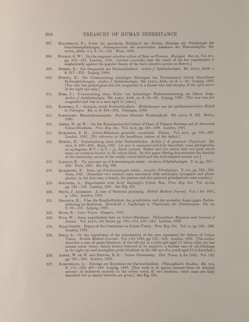 207. Hillebrand, F. : Ueber die specifische Helligkeit der Farben, Beiträge zur Psychologie der Gesichtsempfindungen. Sitzungsberichte der kaiserlichen Akademie der Wissenschaften. Bd. xcviii, Abth. ii b, S. 70—120. Wien, 1889. 208. Bulman, G. W.: On the supposed selective action of Bees on Flowers. Zoologist. Ser. In, Yol. xiv, pp. 422—427. London, 1890. [Author concludes that the result of his few experiments is emphatically against the popular theory of the bee’s selective action on flowers.] 209. Hering, E.: Zur Diagnostik der Farbenblindheit. Archiv f. Ophthalmologie. Bd. xxxvi, Abth. i, S. 217—233. Leipzig, 1890. 210. Hering, E.: Die Untersuchung einseitiger Störungen des Farbensinnes mittels binocularer Farbengleichungen. Archiv f. Ophthalmologie. Bd. xxxvi, Abth. in, S. 1—23. Leipzig, 1890. [The case was pathological and not congenital, in a female who had atrophy of the optic nerve of the right eye only.] 211. Hess, C.: Untersuchung eines Falles von halbseitiger Farbensinnstörung am linken Auge. Archiv f. Ophthalmologie. Bd. xxxvi, Abth. in, S. 24—36. Leipzig, 1890. [The case was not congenital and was in a man aged 31 years.] 212. Kreyssig, F.: Genuine, totale Farbenblindheit. Mittheilungen aus der ophthalmiatrischen Klinik in Tübingen. Bd. n, S. 332—334. Tübingen, 1890. 213. Samelsohn: Hemiachromatopsie. Berliner klinische Wochenschrift. Bd. xxvii, S. 331. Berlin, 1890. 214. Abney, W. de W.: On the Examination for Colour of Oases of Tobacco Scotoma and of Abnormal Colour-Blindness. Proc. Roy. Soc. Yol. xlix, pp. 491—508. London, 1891. 215. Bickerton, T. H.: Colour-Blindness generally considered. Nature. Yol. xliv, pp. 595—597. London, 1891. [No reference to the hereditary nature of the defect.] 216. Hering, E.: Untersuchung eines total Farbenblinden. Archiv f. d. gesammte Physiologie. Bd. xlix, S. 563—608. Bonn, 1891. [A case is examined and fully described; some photophobia, no nystagmus, R.V. = L.Y. = fundi normal. Father and two sisters had very good colour sense, no relations known to be colour-blind. In this paper Hering demonstrates the identity of the luminosity curves of the totally colour-blind and the dark-adapted normal eye.] 217. Landolt, E.: Un nouveau cas d’Achromatopsie totale. Archives d'Ophtalmologie. T. xi, pp. 202— 206. Paris, 1891. See Fig. 396. 218. Querenghi, F.: Deux cas d’Achromatopsie totale. Annales d’Oculistique. T. cvi, pp. 333—338. Paris, 1891. [Describes two isolated cases associated with amblyopia, nystagmus and photo phobia; in the first case, a female, the parents and also paternal grandparents were cousins.] 219. Schuster, A.: Experiments with Lord Rayleigh’s Colour Box. Proc . Roy. Soc. Yol. xlviii, pp. 140—149. London, 1891. See Fig. 591. 220. Smith, «J. Anderson: A case of Santonin poisoning. British Medical Journal. Yol. i for 1891, p. 1224. London, 1891. 221. Brodhun, E.: Über die Empfindlichkeit des grünblinden und des normalen Auges gegen Farben änderung im Spektrum. Zeitschrift f. Psychologie u. Physiologie der Sinnesorgane. Bd. iii, S. 89—107. Leipzig, 1892. 222. Hunt, E.: Color Vision. Glasgow, 1892. 223. Pole, W.: Some unpublished data on Colour-Blindness. Philosophical Magazine and Journal of Science. Vol. xxxiv, 5th Series, pp. 100—114, 439—443. London, 1892. 224. Royal Society. Report of the Committee on Colour-Yision. Proc. Roy. Soc. Yol. Li, pp. 280—396. London, 1892. 225. Snell, S.: On the importance of the examination of the eyes separately for defects of Colour Yision. British Medical Journal. Yol. i for 1892, pp. 222—223. London, 1892. [The author describes a case of green-blindness of the left eye in a little girl aged 11 whose right eye had normal colour vision; family history believed to be negative; a further case of red-blindness in the right eye and incomplete green-blindness in the left eye of a youth aged 21 is described.] 226. Abney, W. de W. and Festing, E. R.: Colour Photometry. Phil. Trans. A for 1892. Yol. 183, pp. 531—565. London, 1893. 227. Kirschmann, A.: Beiträge zur Kenntniss der Farbenblindheit. Philosophische Studien. Bd. vm, S. 173—230, 407—430. Leipzig, 1893. [This work is of special interest from its detailed account of unilateral anomaly in the colour vision of two brothers; other cases are fully described but no family histories are given.] See Fig. 564.