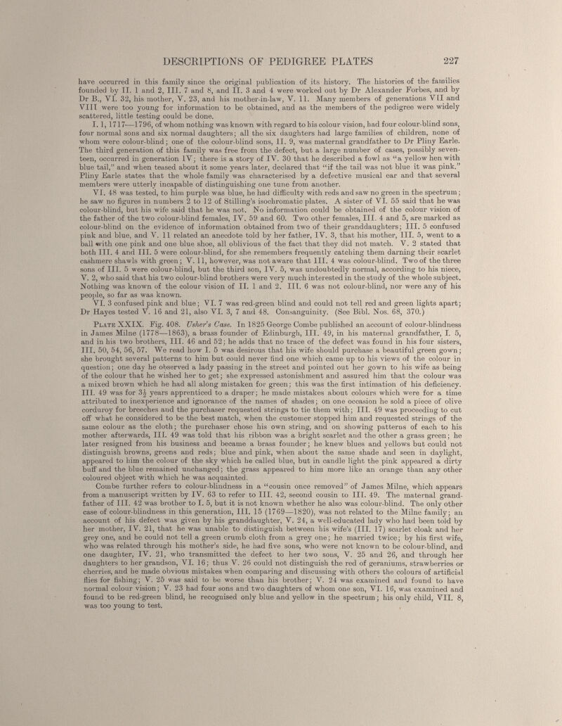 have occurred in this family since the original publication of its history. The histories of the families founded by II. 1 and 2, III. 7 and 8, and II. 3 and 4 were worked out by Dr Alexander Forbes, and by Dr B., VI. 32, his mother, Y. 23, and his mother-in-law, Y. 11. Many members of generations VII and YIII were too young for information to be obtained, and as the members of the pedigree were widely scattered, little testing could be done. 1.1, 1717'—1796, of whom nothing was known with regard to bis colour vision, had four colour-blind sons, four normal sons and six normal daughters; all the six daughters had large families of children, none of whom were colour-blind; one of the colour-blind sons, II. 9, was maternal grandfather to Dr Pliny Earle. The third generation of this family was free from the defect, but a large number of cases, possibly seven teen, occurred in generation IY; there is a story of IY. 30 that he described a fowl as “a yellow hen with blue tail,” and when teased about it some years later, declared that “if the tail was not blue it was pink.” Pliny Earle states that the whole family was characterised by a defective musical ear and that several members were utterly incapable of distinguishing one tune from another. VI. 48 was tested, to him purple was blue, he had difficulty with reds and saw no green in the spectrum; he saw no figures in numbers 2 to 12 of Stilling’s isocliromatic plates. A sister of VI. 55 said that he was colour-blind, but his wife said that he was not. No information could be obtained of the colour vision of the father of the two colour-blind females, IY. 59 and 60. Two other females, III. 4 and 5, are marked as colour-blind on the evidence of information obtained from two of their granddaughters; III. 5 confused pink and blue, and Y. 11 related an anecdote told by her father, IY. 3, that his mother, III. 5, went to a ball with one pink and one blue shoe, all oblivious of the fact that they did not match. Y. 2 stated that both III. 4 and III. 5 were colour-blind, for she remembers frequently catching them darning their scarlet cashmere shawls with green; Y. 11, however, was not aware that III. 4 was colour-blind. Two of the three sons of III. 5 were colour-blind, but the third son, IY. 5, was undoubtedly normal, according to his niece, Y. 2, who said that his two colour-blind brothers were very much interested in the study of the whole subject. Nothing was known of the colour vision of II. 1 and 2. III. 6 was not colour-blind, nor were any of his people, so far as was known. YI. 3 confused pink and blue; VI. 7 was red-green blind and could not tell red and green lights apart; Dr Hayes tested Y. 16 and 21, also YI. 3, 7 and 48. Consanguinity. (See Bibl. Nos. 68, 370.) Plate XXIX. Fig. 408. Usher’s Case. In 1825 George Combe published an account of colour-blindness in James Milne (1778—1863), a brass founder of Edinburgh, III. 49, in his maternal grandfather, I. 5, and in his two brothers, III. 46 and 52; he adds that no trace of the defect was found in his four sisters, III. 50, 54, 56, 57. We read how I. 5 was desirous that his wife should purchase a beautiful green gown; she brought several patterns to him but could never find one which came up to his views of the colour in question; one day he observed a lady passing in the street and pointed out her gown to his wife as being of the colour that he wished her to get; she expressed astonishment and assured him that the colour was a mixed brown which he had all along mistaken for green; this was the first intimation of his deficiency. III. 49 was for 3J years apprenticed to a draper; he made mistakes about colours which were for a time attributed to inexperience and ignorance of the names of shades; on one occasion he sold a piece of olive corduroy for breeches and the purchaser requested strings to tie them with; III. 49 was proceeding to cut off what he considered to be the best match, when the customer stopped him and requested strings of the same colour as the cloth; the purchaser chose his own string, and on showing patterns of each to his mother afterwards, III. 49 was told that his ribbon was a bright scarlet and the other a grass green; he later resigned from his business and became a brass founder; he knew blues and yellows but could not distinguish browns, greens and reds; blue and pink, when about the same shade and seen in daylight, appeared to him the colour of the sky which he called blue, but in candle light the pink appeared a dirty buff and the blue remained unchanged; the grass appeared to him more like an orange than any other coloured object with which he was acquainted. Combe further refers to colour-blindness in a “cousin once removed” of James Milne, which appears from a manuscript written by IY. 63 to refer to III. 42, second cousin go III. 49. The maternal grand father of III. 42 was brother to I. 5, but it is not known whether he also was colour-blind. The only other case of colour-blindness in this generation, III. 15 (1769—1820), was not related to the Milne family; an account of his defect was given by his granddaughter, Y. 24, a well-educated lady who had been told by her mother, IY. 21, that he was unable to distinguish between his wife’s (III. 17) scarlet cloak and her grey one, and he could not tell a green crumb cloth from a grey one; he married twice; by his first wife, who was related through his mother’s side, he had five sons, who were not known to be colour-blind, and one daughter, IY. 21, who transmitted the defect to her two sons, Y. 25 and 26, and through her daughters to her grandson, VI. 16; thus Y. 26 could not distinguish the red of geraniums, strawberries or cherries, and he made obvious mistakes when comparing and discussing with others the colours of artificial flies for fishing; Y. 25 was said to be worse than his brother; Y. 24 was examined and found to have normal colour vision; V. 23 had four sons and two daughters of whom one son, YI. 16, was examined and found to be red-green blind, he recognised only blue and yellow in the spectrum; his only child, VII. 8, was too young to test.