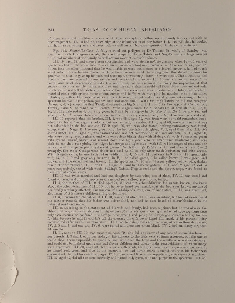 of them she would not like to speak of it; thus, attempts to follow up the family history met with no encouragement. II. 10 had no knowledge of the colour vision of her father, I. 1, but said that he worked on the line as a young man and later took a small farm. No consanguinity. Hitherto unpublished. Fig. 452. Snowball's Case. A fully worked out pedigree by Dr Thomas Snowball, of Burnley, who examined, with Holmgren’s wools, the spectroscope, Stilling’s Tafeln and Nagel’s cards, a large number of normal members of the family as well as two cases of colour-blindness. III. 10, aged 47, had always been shortsighted and wore strong myopic glasses; when 12—13 years of age he worked in the warehouse of a coloured goods (cotton) manufacturer in Colne and when, aged 15, he got into the office he found that he was unable to work out a sheet of coloured patterns, he had to ask what colour it was he was dealing with, or he sometimes used the wrong one; this defect hindered his progress so that he gave up his post and took up a newsagency; later he went into a China business, and when a customer pointed to any article and mentioned the colour, III. 10 made a mental note of the colour and tried to associate it with the name used, but he was unable to carry the impression of that colour to another article. Pink, sky-blue and lilac as a class he could tell from blacks, browns and reds, but he could not tell the different shades of the one class or the other. Tested with Holmgren’s wools he matched green with greens, stone colour, cream and buffs; with rose pink he matched rose pinks, blues, heliotrope; with red he matched reds and dark browns; he confused yellowish greens with orange. In the spectrum he saw “dark yellow, yellow, blue and dark blue.” With Stilling’s Tafeln he did not recognise Groups 2, 4, 5 (except the first Tafel), 6 (except the big 5, 9, 2, 6, 1 and 2 in the upper of the last two Tafeln), 7 and 8; he read Group 9 easily. With Nagel’s cards, for A he said red or reddish in 1, 2, 5, 6, 10, 11, 14; only red in 6, 14; only green in 3 and 9; only grey in 15. For B in No. 1 he saw red and green; in No. 2 he saw slate and brown; in No. 3 he saw green and red; in No. 4 he saw black and red. III. 10 reported that his brother, III. 2, who died aged 52, was, from what he could remember, some what like himself as regards colours, but not so bad; his sister, III. 3, aged 53, was examined and was not colour-blind; she had one son, IV. 9, aged 20, who was also tested, nothing noteworthy was found, except that in Nagel B. 3 he saw green only; he had one infant daughter, V. 2, aged 8 months. III. 10’s second sister, III. 5, aged 51, was examined and was not colour-blind; she had one son, IV. 10, aged 20, who wore strong myopic glasses and who was colour-blind; thus with Holmgren’s wools he matched green with greens, mauve, brown, and several stone and light green colours, after much hesitation; with rose pink he matched rose pinks, lilac, light heliotrope and light blue; with full red he matched reds and one brown; with orange he placed yellowish greens. With Stilling’s Tafeln IV. 10 read Groups 1 and 9—12 promptly, the other Groups were either not read at all or only after much hesitation and with errors. With Nagel’s cards, he sees in A red or reddish in 2, 6, 15 and ?11; red only in 3, 6 and ?12; green only in 5, 13, 14, 1, 9 and grey only in none; in B, 1 he called green, 2 he called brown, 3 was green and brown, and 4 he called red and brown. In the spectrum IV. 10 saw “darker yellow, yellow, blue, darker blue.” The third sister, III. 7, of III. 10, aged 50, and her two daughters, IV. 11 and 12, aged 23 and 14 years respectively, tested with wools, Stilling’s Tafeln, Nagel’s cards and the spectroscope, were found to have normal colour vision. III. 10 was twice married and had one daughter by each wife; one of these, IV. 13, was tested and found to be normal; in the spectrum she named red, yellow, green, blue, indigo. II. 4, the mother of III. 10, died aged 74, she was not colour-blind so far as was known; she knew about the colour-blindness of III. 10, but he never heard her remark that she had ever known anyone of her family similarly affected; she was one of a sibship of eleven, one of her sisters, II. 11, was examined, also many of this sister’s children and grandchildren. II. 3, a cornmiller, the father of III. 10, was killed when III. 10 was an infant, but he had never heard his mother remark that his father was colour-blind, nor had he ever heard of colour-blindness in his paternal aunt and uncle. III. 2, according to the statement of his wife and family, had been a joiner, but he was also in the china business, and made mistakes in the colours of cups without knowing that he had done so; there were only two colours he confused, “celast” (a blue green) and pink; he always got someone to buy his ties for him because he said he couldn’t tell the colours; his wife never heard him speak of his parents being colour-blind as far as she can remember. III. 2 had four daughters and two sons, of whom three daughters, IV. 2, 3 and 7, and one son, IV. 6, were tested and were not colour-blind. IV. 2 had one daughter, aged 14 months. II. 11, aunt to III. 10, was examined, aged 79; she did not know of any case of colour-blindness in her parents, I. 3 and 4, or in her siblings; her answers to the tests were at times incorrect, but she was so feeble that it was impossible to spend a long time over the tests and the results were not satisfactory, and could not be insisted upon; she had eleven children and twenty-eight grandchildren, of whom many were examined. III. 30, aged 43, did the tests with wools, Stilling’s Tafeln and Nagel’s cards correctly; he named red, green and blue in the spectrum; he had never heard it mentioned that his father was colour-blind; he had four children, aged 17, 7, 5 years and 10 months respectively, who were not examined. 111. 32, aged 42, did all the tests correctly and named red, green, blue and purple in the spectrum. III. 33,