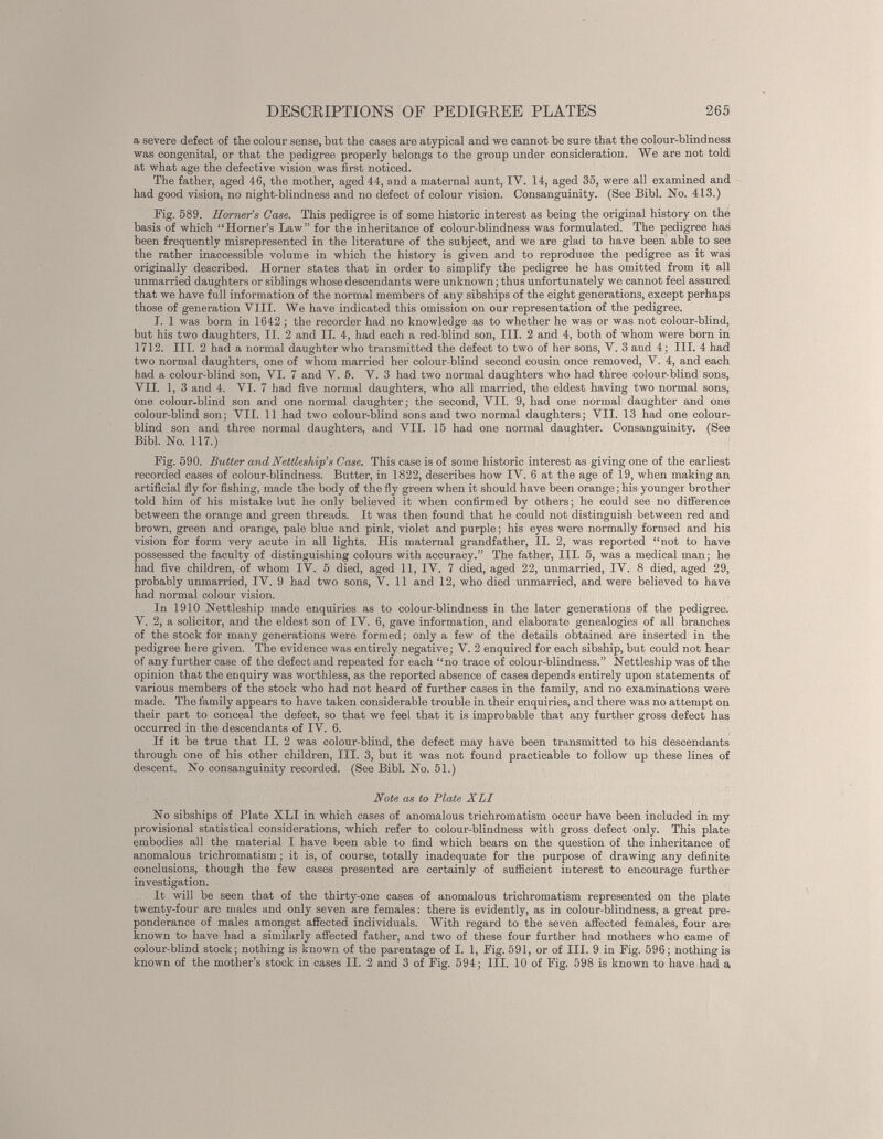 a severe defect of the colour sense, but the cases are atypical and we cannot be sure that the colour-blindness was congenital, or that the pedigree properly belongs to the group under consideration. We are not told at what age the defective vision was first noticed. The father, aged 46, the mother, aged 44, and a maternal aunt, IV. 14, aged 35, were all examined and had good vision, no night-blindness and no defect of colour vision. Consanguinity. (See Bibl. No. 413.) Fig. 589. Horner's Case. This pedigree is of some historic interest as being the original history on the basis of which “Horner’s Law” for the inheritance of colour-blindness was formulated. The pedigree has been frequently misrepresented in the literature of the subject, and we are glad to have been able to see the rather inaccessible volume in which the history is given and to reproduce the pedigree as it was originally described. Horner states that in order to simplify the pedigree he has omitted from it all unmarried daughters or siblings whose descendants were unknown; thus unfortunately we cannot feel assured that we have full information of the normal members of any sibships of the eight generations, except perhaps those of generation VIII. We have indicated this omission on our representation of the pedigree. T. 1 was born in 1642; the recorder had no knowledge as to whether he was or was not colour-blind, but his two daughters, II. 2 and II. 4, had each a red-blind son, III. 2 and 4, both of whom were born in 1712. III. 2 had a normal daughter who transmitted the defect to two of her sons, V. 3 and 4; III. 4 had two normal daughters, one of whom married her colour-blind second cousin once removed, V. 4, and each had a colour-blind son, VI. 7 and V. 5. V. 3 had two normal daughters who had three colour-blind sons, VII. 1, 3 and 4. VI. 7 had five normal daughters, who all married, the eldest having two normal sons, one colour-blind son and one normal daughter; the second, VII. 9, had one normal daughter and one colour-blind son; VII. 11 had two colour-blind sous and two normal daughters; VII. 13 had one colour blind son and three normal daughters, and VII. 15 had one normal daughter. Consanguinity. (See Bibl. No. 117.) Fig. 590. Butter and Nettleship’s Case. This case is of some historic interest as giving one of the earliest recorded cases of colour-blindness. Butter, in 1822, describes how IV. 6 at the age of 19, when making an artificial fly for fishing, made the body of the fly green when it should have been orange; his younger brother told him of his mistake but he only believed it when confirmed by others; he could see no difference between the orange and green threads. It was then found that he could not distinguish between red and brown, green and orange, pale blue and pink, violet and purple; his eyes were normally formed and his vision for form very acute in all lights. His maternal grandfather, II. 2, was reported “not to have possessed the faculty of distinguishing colours with accuracy.” The father, III. 5, was a medical man; he had five children, of whom IV. 5 died, aged 11, IV. 7 died, aged 22, unmarried, IV. 8 died, aged 29, probably unmarried, IV. 9 had two sons, V. 11 and 12, who died unmarried, and were believed to have had normal colour vision. In 1910 Nettleship made enquiries as to colour-blindness in the later generations of the pedigree. V. 2, a solicitor, and the eldest son of IV. 6, gave information, and elaborate genealogies of all branches of the stock for many generations were formed; only a few of the details obtained are inserted in the pedigree here given. The evidence was entirely negative; V. 2 enquired for each sibship, but could not hear of any further case of the defect and repeated for each “no trace of colour-blindness.” Nettleship was of the opinion that the enquiry was worthless, as the reported absence of cases depends entirely upon statements of various members of the stock who had not heard of further cases in the family, and no examinations were made. The family appears to have taken considerable trouble in their enquiries, and there was no attempt on their part to conceal the defect, so that we feel that it is improbable that any further gross defect has occurred in the descendants of IV. 6. If it be true that II. 2 was colour-blind, the defect may have been transmitted to his descendants through one of his other children, III. 3, but it was not found practicable to follow up these lines of descent. No consanguinity recorded. (See Bibl. No. 51.) Note as to Plate XLI No sibships of Plate XLI in which cases of anomalous trichromatism occur have been included in my provisional statistical considerations, which refer to colour-blindness with gross defect only. This plate embodies all the material I have been able to find which bears on the question of the inheritance of anomalous trichromatism; it is, of course, totally inadequate for the purpose of drawing any definite conclusions, though the few cases presented are certainly of sufficient interest to encourage further investigation. It will be seen that of the thirty-one cases of anomalous trichromatism represented on the plate twenty-four are males and only seven are females: there is evidently, as in colour-blindness, a great pre ponderance of males amongst affected individuals. With regard to the seven affected females, four are known to have had a similarly affected father, and two of these four further had mothers who came of colour-blind stock; nothing is known of the parentage of I. 1, Fig. 591, or of III. 9 in Fig. 596; nothing is known of the mother’s stock in cases II. 2 and 3 of Fig. 594; III. 10 of Fig. 598 is known to have had a