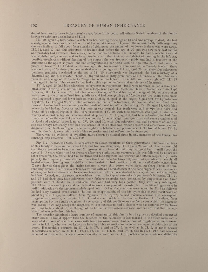 shaped head and to have broken nearly every bone in his body. All other affected members of the family known to exist are descendants of II. 6. III. 10, aged 49, first noticed a defect in her hearing at the age of 13 and was now quite deaf; she had a wedge-shaped head and had a fracture of her leg at the age of 4 years; Sigma test for Syphilis negative; she was inclined to fall about from attacks of giddiness; the enamel of her lower incisors was worn away. III. 11, aged 47, had blue sclerotics, he became deaf before the age of 20 and was now very deaf indeed and probably had advanced otosclerosis; he had had no fractures. III. 13, aged 45, had blue sclerotics and was slightly deaf; she was said to have otosclerosis in the right ear and defect of hearing in the left ear, possibly otosclerosis without fixation of the stapes; she was frequently giddy and had a fracture of the humerus at the age of 9 years; she had embryontoxon; her teeth used to “go into holes and break on pieces of bread.” III. 17 died in the war aged 37; his sclerotics were said to be “nearly black”; there was no history of fractures; he became deaf when a young man. III. 21, aged 29, had slaty-blue sclerotics; deafness gradually developed at the age of 14—15, otosclerosis was diagnosed; she had a history of a fractured leg and a dislocated shoulder; thyroid was slightly prominent and hirsuties on the chin were present; at the age of 17 her teeth “began to come into holes in the middle and break right off.” III. 23 died aged 4; he had blue sclerotics but had at this age no deafness and no history of fractures. IV. 6, aged 28, had blue sclerotics; embryontoxon was present; fundi were nortnal; he had a divergent strabismus; hearing was normal; he had a large head; all his teeth had been extracted as “bits kept breaking off.” IV. 7, aged 27, broke her arm at the age of 9 and her leg at the age of 16; embryontoxon was present; she often suffered from giddiness and had been getting deaf for the past two years, otosclerosis was diagnosed, upper and lower incisors were slightly chipped at the edges; Sigma test for Syphilis was negative. IV. 17, aged 23, with blue sclerotics had had seven fractures; she was not deaf and fundi were normal; twelve teeth were missing as the result of breaking off whilst eating. IV. 19, aged 18, with blue sclerotics had had no fractures and her hearing was normal; her teeth were said to “go into holes and break off'”; occipital region of skull very prominent. IV. 20, with blue sclerotics, was aged 16; she had a history of a broken leg and was not deaf at present. IV. 23, aged 6, had blue sclerotics; he had four fractures before the age of 4 years and was not deaf; he had slight embryontoxon and some prominence of parietal and occipital bones is noted. IV. 29, aged 10, with blue sclerotics, had had a fracture of her leg; she was always noticeably deaf but the source of this defect was rather obscure and otosclerosis was not diagnosed ; her teeth were good ; she had slight exophthalmos and prominence of the frontal bones. IV. 34 and 35, also V. 1, were infants with blue sclerotics and had suffered no fractures yet. There was no evidence of syphilitic taint shown by clinical signs in any members of the family. No consanguinity recorded. Bibl. No. 129. Fig. 612. Voorhoeve’s Case. Blue sclerotics in eleven members of three generations. The first members of this family to be examined were II. 6 and his two daughters, III. 21 and 26, and of them we are told that they appeared to be normal and full grown at birth—and that they had good health until about the age of 2—3 years when the first fracture after very slight trauma occurred ; this was followed by numerous other fractures, the father had five fractures and his daughters had thirteen and fifteen respectively ; with puberty the frequency diminished and from this time bone fractures only occurred sporadically; nearly all healed without leaving any disability, a few healed in bad position or did not sufficiently consolidate. X-rays showed throughout the entire skeleton a very thin cortex which stood out sharply from the sur rounding tissues; there was a deficiency of lime salts and a rarefaction of the bone supports with an absence of every rachitical alteration. In certain fractures little or no endosteal but very strong periosteal callus had been formed, and the recorder considered them to be typical cases of osteopsathyrosis infantilis. III. 21 and 26 had dark grey-blue sclerotics, their father’s sclerotics were concealed by pingueculae; all three patients were of slender build and small size, and had very high palates; they were very intelligent. III. 21 had too small jaws and her lateral incisors were planted inwards; both her little fingers were in radial adduction to the metacarpo-phalangeal joint. Other abnormalities were noted in II. 6 as follows: he had very marked arcus senilis ; he had an exophthalmia of the left eye which showed itself when at about 6 years of age, he suffered from “glands in the eyes”; he had maculae corneae with consequent irregular astigmatism, a myopia of 10 D. and a small sickle in the fundus. Further, II. 6 suffered from haemophilia but no details are given of the severity of this condition or the facts upon which the diagnosis was based; if we may accept the diagnosis, it is of interest to find a bleeder who has suffered five fractures and lived to talk about it; at the age of 54 he had severe arterio-sclerosis and we are told that his ears stood out markedly from his head. The recorder examined a large number of members of this family but he gives no detailed account of other cases: it would appear that the blueness of the sclerotics is less marked in the other cases and is associated in none of the other cases with fragilitas ossium—one further case of fragilitas ossium however occurs in III. 1, who was not known to have had blue sclerotics and who had a congenital deformity of the heart. Haemophilia occurred in II. 11, in IV. 4 and in IV. 6, as well as in II. 6, as noted above; tuberculosis is noted in II. 8, II. 12, II. 13, III. 14, III. 20 and IV. 2, also in II. 6, who had scars of tuberculous fistulae in his neck ; severe rachitis is described in III. 8 ; other congenital abnormalities the