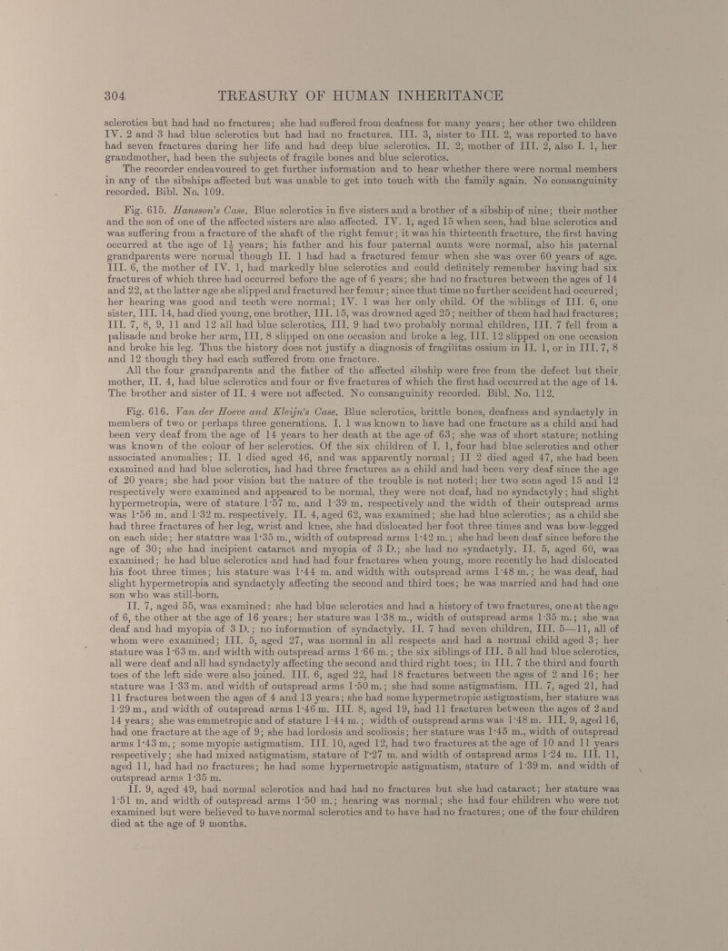 sclerotics but had had no fractures; she had suffered from deafness for many years; her other two children IV. 2 and 3 had blue sclerotics but had had no fractures. III. 3, sister to III. 2, was reported to have had seven fractures during her life and had deep blue sclerotics. II. 2, mother of III. 2, also I. 1, her grandmother, had been the subjects of fragile bones and blue sclerotics. The recorder endeavoured to get further information and to hear whether there were normal members in any of the sibships affected but was unable to get into touch with the family again. No consanguinity recorded. Bibl. No. 109. Fig. 615. Hansson’s Case. Blue sclerotics in five sisters and a brother of a sibship of nine; their mother and the son of one of the affected sisters are also affected. IV. 1, aged 15 when seen, had blue sclerotics and was suffering from a fracture of the shaft of the right femur; it was his thirteenth fracture, the first having occurred at the age of 1J years; his father and his four paternal aunts were normal, also his paternal grandparents were normal though II. 1 had had a fractured femur when she was over 60 years of age. III. 6, the mother of IV. 1, had markedly blue sclerotics and could definitely remember having had six fractures of which three had occurred before the age of 6 years; she had no fractures between the ages of 14 and 22, at the latter age she slipped and fractured her femur; since that time no further accident had occurred; her hearing was good and teeth were normal; IV. 1 was her only child. Of the -siblings of III. 6, one sister, III. 14, had died young, one brother, III. 15, was drowned aged 25; neither of them had had fractures; III. 7, 8, 9, 11 and 12 all had blue sclerotics, III. 9 had two probably normal children, III. 7 fell from a palisade and broke her arm, III. 8 slipped on one occasion and broke a leg, III. 12 slipped on one occasion and broke his leg. Thus the history does not justify a diagnosis of fragilitas ossium in II. 1, or in III. 7, 8 and 12 though they had each suffered from one fracture. All the four grandparents and the father of the affected sibship were free from the defect but their mother, II. 4, had blue sclerotics and four or five fractures of which the first had occurred at the age of 14. The brother and sister of II. 4 were uot affected. No consanguinity recorded. Bibl. No. 112. Fig. 616. Van der Hoeve and Kleijn’s Case. Blue sclerotics, brittle bones, deafness and syndactyly in members of two or perhaps three generations. I. 1 was known to have had one fracture as a child and had been very deaf from the age of 14 years to her death at the age of 63; she was of short stature; nothing was known of the colour of her sclerotics. Of the six children of I. 1, four had blue sclerotics and other associated anomalies; II. 1 died aged 46, and was apparently normal; II 2 died aged 47, she had been examined and had blue sclerotics, had had three fractures as a child and had been very deaf since the age of 20 years; she had poor vision but the nature of the trouble is not noted; her two sons aged 15 and 12 respectively were examined and appeared to be normal, they were not deaf, had no syndactyly; had slight hypermetropia, were of stature 1-57 m. and 1 '39 m. respectively and the width of their outspread arms was 1*56 m. and 1'32 m. respectively. II. 4, aged 62, was examined; she had blue sclerotics; as a child she had three fractures of her leg, wrist and knee, she had dislocated her foot three times and was bow-legged on each side; her stature was T35 m., width of outspread arms 1 '42 m.; she had been deaf since before the age of 30; she had incipient cataract and myopia of 3 D.; she had no syndactyly. II. 5, aged 60, was examined; he had blue sclerotics and had had four fractures when young, more recently he had dislocated his foot three times; his stature was T44 m. and width with outspread arms 1 ‘48 m.; he was deaf, had slight hypermetropia and syndactyly affecting the second and third toes; he was married and had had one son who was still-born. II. 7, aged 55, was examined: she had blue sclerotics and had a history of two fractures, one at the age of 6, the other at the age of 16 years; her stature was 1 *38 m., width of outspread arms 1-35 m.; she was deaf and had myopia of 3D.; no information of syndactyly. II. 7 had seven children, III. 5—11, all of whom were examined; III. 5, aged 27, was normal in all respects and had a normal child aged 3; her stature was 1 '63 m. and width with outspread arms 1 -66 m.; the six siblings of III. 5 all had blue sclerotics, all were deaf and all had syndactyly affecting the second and third right toes; in III. 7 the third and fourth toes of the left side were also joined. III. 6, aged 22, had 18 fractures between the ages of 2 and 16; her stature was l - 33m. and width of outspread arms l-50m.; she had some astigmatism. III. 7, aged 21, had 11 fractures between the ages of 4 and 13 years; she had some hypermetropic astigmatism, her stature was 1-29 m., and width of outspread arms 1-46 m. III. 8, aged 19, had 11 fractures between the ages of 2and 14years; she was emmetropic and of stature 1-44 in.; width of outspread arms was 1'48 m. III. 9, aged 16, had one fracture at the age of 9; she had lordosis and scoliosis; her stature was 1-45 m., width of outspread arms 1-43 m.; some myopic astigmatism. III. 10, aged 12, had two fractures at the age of 10 and 11 years respectively; she had mixed astigmatism, stature of T-27 m. and width of outspread arms 1-24 m. III. 11, aged 11, had had no fractures; he had some hypermetropic astigmatism, stature of l'39m. and width of outspread arms 1 -35 m. II. 9, aged 49, had normal sclerotics and had had no fractures but she had cataract; her stature was 1-51 m. and width of outspread arms 1'50 m.; hearing was normal; she had four children who were not examined but were believed to have normal sclerotics and to have had no fractures; one of the four children died at the age of 9 months.