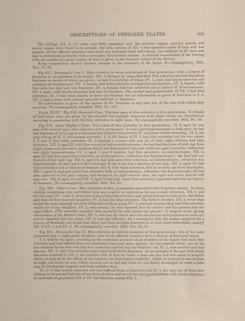 The siblings III. 6—11 were very fully examined and the internal organs, nervous system and sexual organs were found to be normal; the sella turcica of III. 6 was examined under X-rays and was normal; all the affected members were small and delicately built individuals; the deafness in all cases was due to otosclerosis primarily with a secondary labyrinthine disease. A detailed examination of the hearing with the results of a great variety of tests is given in the German version of the history. X-ray examination showed marked changes in the structure of the bones. No consanguinity. Bibl. Nos. 85, 90. Fig. 617. Berneaud’s Case I. Blue sclerotics in seven individuals of four generations with a history of fractures in six members of the family. III. 2, Bottger by name, had dark blue sclerotics and had had seven fractures no details of which are given; he had five children of whom IY. 1, male, had bluish sclerotics and a history of two fractures; IV. 2, female, had white sclerotics and had had one fracture; IY. 3, female, with blue sclerotics had had two fractures; IY. 4, female, had blue sclerotics and a history of three fractures; IY. 5, male, with bluish sclerotics had had no fractures. The mother and grandmother of III. 2 had blue sclerotics; II. 2 had been known to .have one fracture but no information is given of fractures in I. 4. III. 2 had a sister with normal eyes who had had no fractures. No information is given of the nature of the fractures in any case nor of the ease with which they occurred. No consanguinity recorded. Bibl. No. 135. Plate XLIY. Fig. 618. Burrows’s Case. Thirteen cases of blue sclerotics in four generations. No details of individual cases are given by the recorder but multiple fractures from slight causes are described as occurring in association with the blue sclerotics in eight cases. No consanguinity recorded. Bibl. No. 59. Fig. 619. Adair - Dightori s Case. Nine cases of blue sclerotics in four generations. II. 2, aged 49, was seen with marked azure blue sclerotics and a gerontoxon; he had slight hypermetropia in both eyes; he had had fractures of both legs as a child and had recently fractured his It. olecranon whilst swimming. II. 3, the only sibling of II. 2, had normal sclerotics. I. 2, the father of II. 2, had blue sclerotics but his two sisters I. 3 and 4, had white sclerotics. II. 2 married a normal wife and six of their eight children had blue sclerotics. III. 2, aged 23, with blue sclerotics had no embryontoxon; she had had fractures of both legs from slight causes and also nerve deafness which was first noticed when her child was aged 3 months; refraction was slight hypermetropia. IY. 1, aged 1 year 9 months, had blue sclerotics; no embryontoxon. III. 3, aged 22, had pale azure blue sclerotics, no embryontoxon; refraction was hypermetropic; she had had one fracture of her right leg. III. 4, aged 19, had pale azure blue sclerotics, no embryontoxon; refraction was hypermetropic; he had had a Colies’s fracture of one wrist and a fracture of one arm. III. 5, aged 18, had white sclerotics and no history of fracture. III. 6, with white sclerotics, died at an early age from meningitis. III. 7, aged 14, had pale azure blue sclerotics with no embryontoxon; refraction was hypermetropic; he had been operated on for genu valgum, had fractured his right clavicle once, his right arm twice, and his left arm once. III. 8, aged 13, and III. 9, aged 8, had pale azure blue sclerotics, hypermetropia but no history of fractures. No consanguinity recorded. Bibl. No. 63. Fig. 620. Peters’s Case. Blue sclerotics in four generations associated with fragilitas ossium. In three sibships comprising nine individuals only one member is reported as having normal sclerotics. III. 2 and his two sons, IY. 1 and 2, were seen to have deep blue sclerotics and embryontoxon in both eyes; the father said that his four-year-old daughter, IV. 3, had also blue sclerotics. The father’s brother, III. 4, wrote that he had the same anomaly and that of his two children, a son, IY. 4, who had recently died, had blue sclerotics whilst his living daughter, IY. 5, was normal; he also reported that his mother and her parents had the same defect. (The recorder considers that probably he only meant one parent.) A surgeon wrote giving information of the father’s sister, III. 5, who had the defect and who also had an embryontoxon in each eye, and he reported that her sister, III. 6, was also affected. At a subsequent date the author enquired for a history of fractures and found that there had been multiple fractures in at least three individuals, namely III. 2, IV 1 and IY. 2. No consanguinity recorded. Bibl. Nos. 53, 71. Fig. 621. Berneaud’s Case II. Blue sclerotics in thirteen members of four generations; five of the cases presented only a slight grade of defect; four of the affected members have a history of fractured bones. I. 2, Gehrke by name, according to the consistent accounts of all members of the family had dark blue sclerotics and had suffered from two fractured bones and many sprains; he was married twice; one of his five children by the first wife had blue sclerotics and had had one fracture; he, II. 2, was married and had one son, III. 1, with blue sclerotics and a history of twelve fractures. As an example of the ease with which fractures occurred in III. 1, the recorder tells of how he broke a bone one day and was taken to hospital where, in spite of all the efforts of the surgeon, the bone healed crookedly; whilst in hospital he was restless at night and broke his arm whilst turning over in bed and when he was finally discharged he made a false step on leaving the hospital and broke another bone. II. 4—7 had normal sclerotics and had suffered from no fractures, but II. 4, the only one of these four siblings to be married had one of her three children and two of her nine grandchildren with bluish sclerotics; no members of generation III or IY had fractures except III. 1.