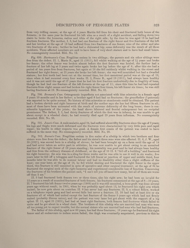 from very trifling causes; at the age of 4 years Martin fell from his chair and fractured both bones of the forearm; in the same year he fractured his left ulna as a result of a slight accident, and falling down two stairs he broke the humerus, radius and tibia of the right side; by the time he was aged 13 he had had fourteen fractures. The mother, I. 3, had had one fracture of the right femur and five fractures of the left and her brother at the age of 13 had suffered from two fractures of one femur, nine of the other and also two fractures of the arm; further he had had a dislocated hip; some deformity was the result of all these accidents. These affected members are said to have been of very short stature and to have had small bones. No consanguinity recorded. Bibl. No. 13. Fig. 699. Hartmann’s Case. Fragilitas ossium in two siblings; the parents and six other siblings were free from the defect. II. 1, Marie B., aged 21 (1911), fell whilst walking at the age of 1) years and broke her femur; the other femur was broken almost before the first fracture was healed; she further had a fracture of her left leg at 5 years and twice again broke her leg before the age of 8; after this she had a period of ten years free from fractures, but again at 18 she fell suddenly whilst walking in the street and fractured her right femur; at 21 years she broke her left femur; she was well nourished but had a dwarfed stature; her first tooth had been cut at the normal time, her first menstrual period was at the age of 19, since when it had recurred every four weeks. II. 2, Franz B., aged 19 (1911), had always been healthy and it was not until the age of 17 years that he had his first fracture undoubtedly due to fragility of bone, though he had had one fracture of the left forearm at the age of 11; since this time he had had repeated fractures from slight causes and had broken his right femur four times, his left femur six times; he was still having fractures at 19. No consanguinity recorded. Bibl. No. 61. Fig. 700. Bronson’s Case. Osteogenesis imperfecta not associated with blue sclerotics in a female aged 3 years 10 months and in her father; a brother aged 8 had had no fractures; the grandfather (?paternal) was reported to be quite normal. No history of blue sclerotics or otosclerosis could be obtained. The patient had a broken clavicle and right humerus at birth and the mother says she has had fifteen fractures in all; most of these have been untreated with the result of extreme deformity of the long bones; there is con siderable hypotonia of the joints; the head shows bilateral and frontal enlargement• but no occipital prominence. The father, I. 1, had thirty fractures of which the first was in infancy, he was unable to get about except in a wheeled chair; he had recently died aged 29 years from influenza. No consanguinity recorded. Bibl. No. 95. Fig. 701. Jones’s Case. A male mulatto, aged 24, had suffered about fifty fractures since the age of 3 years; his legs and thighs were much deformed and the fractures were characterised by very little pain and rapid repair; his health in other respects was good. A female first cousin of the patient was stated to have suffered in the same way. No consanguinity recorded. Bibl. No. 20. Fig. 702. Burns’s Case. Fragilitas ossium in five males of a sibship in which two brothers and four sisters were free from the defect; the father and his sister’s three sons were also affected. II. 6, J. W., aged 35 (1921), was second born in a sibship of eleven; he had been brought up on a farm until the age of 14 and had never taken an active part in athletics; he was now unable to get about owing to an ununited fracture of the right femur of 19 years standing; his mentality was good and he had always been healthy and free from the ordinary diseases of childhood; at the age of 10 II. 6 “fell off' a building” and fractured his right humerus; the arm was in a sling for three weeks and he was able to use it well in six weeks; five years later he fell off a toboggan and fractured the left femur at junction of upper and middle third, four months later he was able to do manual labour and had no disability other tban a slight stiffness of the knee; one year later, at the age of 16, he fell whilst skating and fractured the right femur in the upper third, this fracture is still ununited in spite of operative and other surgical treatment; at the age of 34 he fractured the surgical neck of the right humerus and experienced considerable loss of function. Concerning the fractures of his brothers the patient said, “I can’t tell you off-hand how many, but all of them are worse off’than 1 am.” II. 5 had fractured both femora two or three times, also his right arm; he had been an invalid for 12 years as a result of ununited fractures of both femora; his fractures commenced at the age of 8—10 years. II. 7 fractured his left femur twelve years ago (1909) and it was still ununited, a bone graft was done several years ago without result; in 1901, when he was probably aged about 13, he fractured his right arm which united; he now gets about on crutches. II. 8 has never had any fractures. II. 9, a robust fellow, worked on a telephone repair gang and had several falls but never a fracture. II. 10 had had at least five or six fractures all of which had united except the last fracture of the femur 5 years ago which had not firmly united (probably fibrous union), and the patient was very lame but got about with the support of a leg splint. II. 11, aged 21 (1921), had had at least eight fractures, both femora had fractures which failed to unite and he got about in a wheel chair. The brothers of this sibship who are married had sons who were all too young yet to expect trouble, but the normal sisters who are married had sons who had had fractures. The father of this sibship, aged now 60 years, has had three fractures; 18 years ago he fractured his right femur and all endeavours to induce union failed; the thigh was eventually amputated; previous to this he