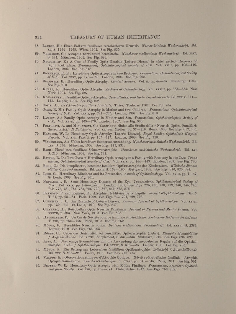 68. Lauber, H.: Einen Fall von familiärer retrobulbären Neuritis. Wiener klinische Wochenschrift. Bd. xv, S. 1264—1265. Wien, 1902. See Fig. 835. 69. Velhagen, C. : Atrophia nervi optici hereditaria. Münchener medicinische Wochenschrift. Bd. xlix, S. 941. München, 1902. See Fig. 883. 70. Nettleship, E. : A Case of Family Optic Neuritis (Leber’s Disease) in which perfect Recovery of Sight took place. Transactions, Ophthalmoloqical Society of U.K. Yol. xxm, pp. 108—110. London, 1903. See Fig. 818. 71. Bickerton, R. E. : Hereditary Optic Atrophy in two Brothers. Transactions, Ophthalmological Society of U.K. Vol. xxiv, pp. 178—180. London, 1904. See Fig. 908. 72. Brahwell, B. : Hereditary Optic Atrophy. Clinical Studies. Yol. n, pp. 44—55. Edinburgh, 1904. See Fig. 710. 73. Knapp, A.: Hereditary Optic Atrophy. Archives of Ophthalmology. Vol. xxxm, pp. 383—385. New York, 1904. See Fig. 827. 74. Kowalewski: Familiäre Opticus-Atrophie. Centralblatt f. praktische Augenheilkunde. Bd. xxx, S. 114— 115. Leipzig, 1906. See Fig. 808, 75. Ooste, A. : De l’Atrophie papillaire familiale. Thèse. Toulouse, 1907. See Fig. 734. 76. Gunn, R. M. : Family Optic Atrophy in Mother and two Children. Transactions, Ophthalmological Society of U.K. Vol. xxvii, pp. 221—225. London, 1907. See Fig. 810. Tl. Lawson, A.: Family Optic Atrophy in Mother and Son. Transactions, Ophthalmological Society of U.K. Yol. xxvii, pp. 169—170. London, 1907. See Fig. 906. 78. Fortunati, A. and Mingazzini, G. : Contributo clinico alio Studio della “Neuritis Optica Familiaris (hereditaria).” II Policlinico. Yol. xv, Sez. Medica, pp. 97—116. Roma, 1908. See Figs. 812, 885. 79. Hancock, W. I. : Hereditary Optic Atrophy [Leber’s Disease]. Royal London Ophthalmic Hospital Reports. Vol. xvn, Part ii, pp. 167—177. London, 1908. See Fig. 728. 80. Wagenmann, A. : Ueber hereditäre Sehnervenentzündung. Münchener medicinische Wochenschrift. Bd. XLV, S. 104. München, 1908. See Figs. 773, 831. 81. Bach: Hereditäre familiäre Sehnervenatrophie. Münchener medicinische Wochenschrift. Bd. lvi, S. 210. München, 1909. See Fig. 744. 82. Batten, R. D.: Two Cases of Hereditary Optic Atrophy in a Family with Recovery in one Case. Trans actions, Ophthalmological Society of U.K. Yol. xxix, pp. 144—149. London, 1909. See Fig. 780. 83. Sehr, C. : Die komplizierte, hereditär-familiäre Optikusatrophie des Kindesalters. Klinische Monats blätter f. Augenheilkunde. Bd. xlvii, S. 138 — 160. Stuttgart, 1909. See Figs. 816, 820, 824. 84. Loeb, C. : Hereditary Blindness and its Prevention. Annals of Ophthalmology. Yol. xvm, pp. 1—47. St Louis, 1909. See Fig. 901. 85. Nettleship, E. : Some Hereditary Diseases of the Eye. Transactions, Ophthalmological Society of U.K. Vol. xxix, pp. lvii—cxeviii. London, 1909. See Figs. 725, 726, 736, 739, 740, 745, 746, 749, 775, 781, 784, 785, 786, 790, 827, 842, 868, 875. 86. Raymond, F. and Koenig, E. : Atrophie héréditaire de la Papille. Recueil d’Ophtalmologie. Sér. 3, T. 31, pp. 65—84. Paris, 1909. See Figs. 743, 791, 792, 793. 87. Clemesha, J. C. : An Example of Leber’s Disease. American Journal of Ophthalmology. Vol. xxvii, pp. 139—141. St Louis, 1910. See Fig. 847. 88. Climenko, H. : Retrobulbar Optic Neuritis Familiaris. Journal of Nervous and Mental Disease. Vol. xxxvii, p. 303. New York, 1910. See Fig. 898. 89. Haushalter, P. : Un Cas de Névrite optique familiale et héréditaire. Archives de Médecine des Enfants. T. xiii, pp. 765—766. Paris, 1910. See Fig. 769. 90. Mügge, F.: Hereditäre Neuritis optica. Deutsche medizinische Wochenschrift. Bd. xxxvi, S. 2366. Leipzig, 1910. See Figs. 766, 905. 91. Rönne, H.: Ueber das Gesichtsfeld bei hereditärer Opticusatrophie (Leber). Klinische Monatsblätter f. Augenheilkunde. Bd. xlviii, Supplement, S. 331 — 333. Stuttgart, 1910. See Figs. 896, 899. 92. Lutz, A. : Über einige Stammbäume und die Anwendung der mendelschen Regeln auf die Ophthal mologie. Archiv f. Ophthalmologie. Bd. lxxix, S. 393 — 427. Leipzig, 1911. See Fig. 796. 93. Mügge, F. : Ein Beitrag zur Leberschen familiären Optikusatrophie. Zeitschrift f. Augenheilkunde. Bd. xxv, S. 236—253. Berlin, 1911. See Figs. 722, 735. 94. Valude, E. : Observations cliniques d’Atrophie Optique.—Névrite rétrobulbaire familiale—Atrophie Optique traumatique. Annales d'Oculistique. T. cxlvi, pp. 341 — 345. Paris, 1911. See Fig. 907. 95. Bruner, W. E. : Hereditary Optic Atrophy with X-Ray Findings. Transactions, American Ophthal mological Society. Yol. xiii, pp. 162—174. Philadelphia, 1912. See Figs. 756, 902.