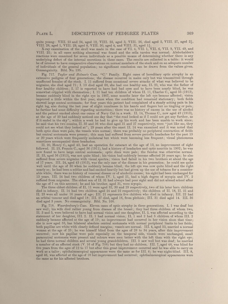 quite young: VIII. 23 and 24, aged 12, VIII. 25, aged 3, VIII. 26, died aged 2, VIII. 27, aged 2-|, VIII. 28, aged 1, VIII. 29, aged 8, VIII. 30, aged 4, and VIII. 31, aged 1J. X-ray examination of the skull was made in the case of VI. 4, VII. 1, VII. 6, VII. 9, VII. 49, and VIII. 22; in all cases nothing abnormal was found and the sella turcica was normal. Abderhalden’s reactions were examined for seven individuals as a possible means of determining whether there is any underlying defect of the internal secretions in these cases. The results are collected in a table: it would be of interest to have comparative observations on normal members of the stock and on an adequate number of individuals of the general population; no significant conclusion can be drawn from the values given. Consanguinity. Bibl. No. 135. Fig. 717. Taylor and Holmes’s Case. “C.” Family. Eight cases of hereditary optic atrophy in an extensive pedigree of four generations; the disease occurred in males only but was transmitted through unaffected females of the stock. I. 11 suffered from occasional severe attacks of what was believed to be migraine, she died aged 71; I. 13 died aged 68, she had one healthy son, II. 25, who was the father of four healthy children; I. 17 is reported to have had bad eyes and to have been nearly blind, he was somewhat crippled with rheumatism; I. 11 had ten children of whom II. 11, Charles C., aged 55 (1913), became suddenly blind in the right eye in 1907, some months later the left eye became affected; vision improved a little within the first year, since when the condition had remained stationary; both fields showed large central scotomata; for four years this patient had complained of a steady aching pain in his right leg, also during the last year of slight numbness in his hands and fingers but no tingling or pain; he further had some difficulty regarding micturition; there was no history of excess in the use of alcohol and the patient smoked about one ounce of Navy Cut in a week. II. 14, Thomas C., now aged 49 (1913), at the age of 20 had suddenly noticed one day that “the road looked as if I could not get any further, as if it ended in the sky”; within a week he had to give up his work and has been unable to work since; he said that his two cousins, II. 35 and 36 who died aged 31 and 27 respectively, were “just like me, they could not see what they looked at”; 29 years after the onset II. 14 was examined and it was noted that both optic discs were pale, the vessels were normal; there was probably no peripheral contraction of fields but central scotomata were present; this man had suffered from severe periodic headaches for the past 15 or 20 years which were frequently unilateral but which were becoming less frequent; visual phenomena sometimes accompanied these headaches. II. 20, Henry 0., aged 43, had an operation for cataract at the age of 13, no improvement of sight followed. II. 23, Francis C., aged 36 (1911), had a history of headaches and optic neuritis in 1902; he was now found to have large central scotomata; optic discs were pale; the fundus was otherwise normal. II. 33, aged 56 (1913), was not quite blind; his vision had suddenly become affected 26 years ago; he also suffered from severe migraine with visual, spectra; vision had failed in his two brothers at about the age of 17 years. III. 24, aged 43 (1913), was the only case of the disease in his generation; he could see quite well until the age of 30 when he suddenly became blind; the left eye was now quite blind and the right nearly so; he had been a soldier and had smoked heavily but had given up the use of tobacco for a consider able while; there was no history of venereal disease or of alcoholic excess; his sight had been unchanged for 13 years. III. 24 had two children of whom IY. 1, aged 21, had a high degree of myopia and IV. 2 suffered from migraine. The eldest son of II. 31 had always had poor sight and did not attend school after the age of 7 on this account; he and his brother, aged 31, were myopic. The three eldest children of II. 11 were aged 32, 30 and 29 respectively, two of his later born children died in infancy. II. 14 had two children aged 24 and 22 respectively; the children of II. 18, II. 21 and II. 23 were all under 16 years of age; 1 III. 21 represents five children who died in infancy; III. 22 had an orbital tumour and died aged 18; III. 27 died, aged 16, from phthisis; III. 31 died aged 14. III. 36 died aged 3 years. No consanguinity. Bibl. No. 100. Fig. 718. Waardenburg’s Case. Eleven cases of optic atrophy in three generations. I. 1 was deaf but saw well; his wife died rather young from disease of the breast; they had three children of whom two, II. 3 and 5, were believed to have had normal vision and one daughter, II. 2, was affected according to the statement of her daughter, III. 2. II. 1 had normal vision; II. 1 and 2 had 5 children of whom III. 2 suddenly became affected at the age of 19; no improvement had occurred in her vision since that time; she is now aged 55, has bilateral absolute central scotomata with normal peripheral limits to her fields; both papillae are white with clearly defined margins; vessels are normal. III. 4, aged 53, married a normal woman at the age of 25; he was himself blind from the ages of 28 to 34 years, after this improvement occurred; now his papillae were pale especially on the temporal side, vessels were unchanged, small paracentral scotomata were present and colours were seen better with the left than with the right eye; he had three normal children and several young grandchildren. III. 5 saw well but was deaf; he married a member of an affected stock (Y. 16 of Fig. 708) but they had no children. III. 7, aged 48, was blind for five years from the ages of 12 to 17 but after this great improvement occurred and he was able to carry on work as a tailor; ophthalmoscopical appearances were the same as for III. 4; he was night-blind. III. 8, aged 46, was affected at the age of 18 but improvement had occurred; ophthalmoscopical appearances were the same as for his affected brothers.