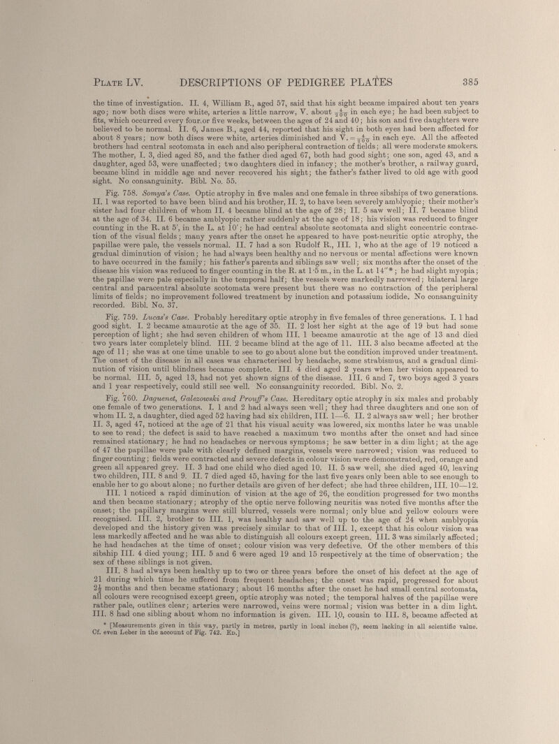 the time of investigation. II. 4, William B., aged 57, said that his sight became impaired about ten years ago; now both discs were white, arteries a little narrow, Y. about in each eye; he had been subject to fits, which occurred every four or five weeks, between the ages of 24 and 40; his son and five daughters were believed to be normal. II. 6, James B., aged 44, reported that his sight in both eyes had been affected for about 8 years; now both discs were white, arteries diminished and V. = ^0 eac h e y e - th e a fi* e(J ted brothers had central scotomata in each and also peripheral contraction of fields; all were moderate smokers. The mother, I. 3, died aged 85, and the father died aged 67, both had good sight; one son, aged 43, and a daughter, aged 53, were unaffected; two daughters died in infancy; the mother’s brother, a railway guard, became blind in middle age and never recovered his sight; the father’s father lived to old age with good sight. No consanguinity. Bibl. No. 55. Fig. 758. Somya’s Case. Optic atrophy in five males and one female in three sibships of two generations. II. 1 was reported to have been blind and his brother, II. 2, to have been severely amblyopic; their mother’s sister had four children of whom II. 4 became blind at the age of 28; II. 5 saw well; II. 7 became blind at the age of 34. II. 6 became amblyopic rather suddenly at the age of 18; his vision was reduced to finger counting in the R. at 5', in the L. at 10'; he had central absolute scotomata and slight concentric contrac tion of the visual fields; many years after the onset he appeared to have post-neuritic optic atrophy, the papillae were pale, the vessels normal. II. 7 had a son Rudolf R., III. 1, who at the age of 19 noticed a gradual diminution of vision; he had always been healthy and no nervous or mental affections were known to have occurred in the family; his father’s parents and siblings saw well; six months after the onset of the disease his vision was reduced to finger counting in the R. at 1*5 m., in the L. at 14*; he had slight myopia; the papillae were pale especially in the temporal half; the vessels were markedly narrowed; bilateral large central and paracentral absolute scotomata were present but there was no contraction of the peripheral limits of fields; no improvement followed treatment by inunction and potassium iodide. No consanguinity recorded. Bibl. No. 37. Fig. 759. Lucas’s Case. Probably hereditary optic atrophy in five females of three generations. I. 1 had good sight. I. 2 became amaurotic at the age of 35. II. 2 lost her sight at the age of 19 but had some perception of light; she had seven children of whom III. 1 became amaurotic at the age of 13 and died two years later completely blind. III. 2 became blind at the age of 11. III. 3 also became affected at the age of 11; she was at one time unable to see to go about alone but the condition improved under treatment. The onset of the disease in all cases was characterised by headache, some strabismus, and a gradual dimi nution of vision until blindness became complete. III. 4 died aged 2 years when her vision appeared to be normal. III. 5, aged 13, had not yet shown signs of the disease. III. 6 and 7, two boys aged 3 years and 1 year respectively, could still see well. No consanguinity recorded. Bibl. No. 2. Fig. 760. Daguenet, Galezowski and Prouff’s Case. Hereditary optic atrophy in six males and probably one female of two generations. I. 1 and 2 had always seen well; they had three daughters and one son of whom II. 2, a daughter, died aged 52 having had six children, III. 1—6. II. 2 always saw well; her brother II. 3, aged 47, noticed at the age of 21 that his visual acuity was lowered, six months later he was unable to see to read; the defect is said to have reached a maximum two months after the onset and had since remained stationary; he had no headaches or nervous symptoms; he saw better in a dim light; at the age of 47 the papillae were pale with clearly defined margins, vessels were narrowed; vision was reduced to finger counting; fields were contracted and severe defects in colour vision were demonstrated, red, orange and green all appeared grey. II. 3 had one child who died aged 10. II. 5 saw well, she died aged 40, leaving two children, III. 8 and 9. II. 7 died aged 45, having for the last five years only been able to see enough to enable her to go about alone; no further details are given of her defect; she had three children, III. 10—12. III. 1 noticed a rapid diminution of vision at the age of 26, the condition progressed for two months and then became stationary; atrophy of the optic nerve following neuritis was noted five months after the onset; the papillary margins were still blurred, vessels were normal; only blue and yellow colours were recognised. III. 2, brother to III. 1, was healthy and saw well up to the age of 24 when amblyopia developed and the history given was precisely similar to that of III. 1, except that his colour vision was less markedly affected and he was able to distinguish all colours except green. III. 3 was similarly affected; he had headaches at the time of onset; colour vision was very defective. Of the other members of this sibship III. 4 died young; III. 5 and 6 were aged 19 and 15 respectively at the time of observation; the sex of these siblings is not given. III. 8 had always been healthy up to two or three years before the onset of his defect at the age of 21 during which time he suffered from frequent headaches; the onset was rapid, progressed for about 2J months and then became stationary; about 16 months after the onset he had small central scotomata, all colours were recognised except green, optic atrophy was noted; the temporal halves of the papillae were rather pale, outlines clear; arteries were narrowed, veins were normal; vision was better in a dim light. III. 8 had one sibling about whom no information is given. III. 10, cousin to III. 8, became affected at * [Measurements given in this way, partly in metres, partly in local inches (?), seem lacking in all scientific value. Cf. even Leber in the account of Fig. 742. Ed.]