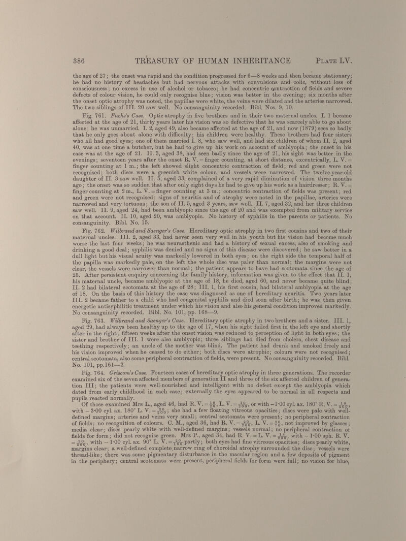 the age of 27; the onset was rapid and the condition progressed for 6—8 weeks and then became stationary; he had no history of headaches but had nervous attacks with convulsions and colic, without loss of consciousness; no excess in use of alcohol or tobacco; he had concentric contraction of fields and severe defects of colour vision, he could only recognise blue; vision was better in the evening; six months after the onset optic atrophy was noted, the papillae were white, the veins were dilated and the arteries narrowed. The two siblings of III. 20 saw well. No consanguinity recorded. Bibl. Nos. 9, 10. Fig. 761. Fuchs’s Case. Optic atrophy in five brothers and in their two maternal uncles. I. 1 became affected at the age of 21, thirty years later his vision was so defective that he was scarcely able to go about alone; he was unmarried. I. 2, aged 49, also became affected at the age of 21, and now (1879) sees so badly that he only goes about alone with difficulty; his children were healthy. These brothers had four sisters who all had good eyes; one of them married I. 8, who saw well, and had six children of whom II. 2, aged 40, was at one time a butcher, but he had to give up his work on account of amblyopia; the onset in his case was at the age of 21. II. 3, aged 38, had seen badly since the age of 21, his sight was better in the evenings; seventeen years after the onset R. V. = finger counting, at short distance, excentrically, L. V. = finger counting at 1 m.; the left showed slight concentric contraction of field; red and green were not recognised; both discs were a greenish white colour, and vessels were narrowed. The twelve-year-old daughter of II. 3 saw well. II. 5, aged 33, complained of a very rapid diminution of vision three months ago; the onset was so sudden that after only eight days he had to give up his work as a hairdresser; R. V. = finger counting at 2 m., L. V. = finger counting at 3 m.; concentric contraction of fields was present; red and green were not recognised; signs of neuritis and of atrophy were noted in the papillae, arteries were narrowed and very tortuous; the son of II. 5, aged 3 years, saw well. II. 7, aged 32, and her three children saw well. II. 9, aged 24, had been amblyopic since the age of 20 and was exempted from military service on that account. II. 10, aged 20, was amblyopic. No history of syphilis in the parents or patients. No consanguinity. Bibl. No. 15. Fig. 762. Wilbrandand Saenger’s Case. Hereditary optic atrophy in two first cousins and two of their maternal uncles. III. 2, aged 33, had never seen very well in his youth but his vision had become much worse the last four weeks; he was neurasthenic and had a history of sexual excess, also of smoking and drinking a good deal; syphilis was denied and no signs of this disease were discovered; he saw better in a dull light but his visual acuity was markedly lowered in both eyes; on the right side the temporal half of the papilla was markedly pale, on the left the whole disc was paler than normal; the margins were not clear, the vessels were narrower than normal; the patient appears to have had scotomata since the age of 25. After persistent enquiry concerning the family history, information was given to the effect that II. 1, his maternal uncle, became amblyopic at the age of 18, he died, aged 60, and never became quite blind; II. 2 had bilateral scotomata at the age of 28; III. 1, his first cousin, had bilateral amblyopia at the age of 18. On the basis of this history the case was diagnosed as one of hereditary neuritis. Two years later III. 2 became father to a child who had congenital syphilis and died soon after birth; he was then given energetic antisyphilitic treatment under which his vision and also his general condition improved markedly. No consanguinity recorded. Bibl. No. 101, pp. 168—9. Fig. 763. Wilbrand and Saenger’s Case. Hereditary optic atrophy in two brothers and a sister. III. 1, aged 29, had always been healthy up to the age of 17, when his sight failed first in the left eye and shortly after in the right; fifteen weeks after the onset vision was reduced to perception of light in both eyes; the sister and brother of III. 1 were also amblyopic; three siblings had died from cholera, chest disease and teething respectively; an uncle of the mother was blind. The patient had drunk and smoked freely and his vision improved when he ceased to do either; both discs were atrophic; colours were not recognised; central scotomata, also some peripheral contraction of fields, were present. No consanguinity recorded. Bibl. No. 101, pp.161—-2. Fig. 764. Griscom’s Case. Fourteen cases of hereditary optic atrophy in three generations. The recorder examined six of the seven affected members of generation II and three of the six affected children of genera tion III; the patients were well-nourished and intelligent with no defect except the amblyopia which dated from early childhood in each case; externally the eyes appeared to be normal in all respects and pupils reacted normally. Of those examined Mrs L., aged 46, had R. V. = ■§£, L. V. = ^£7, or with-TOO cyl. ax. 180° R. Y. = i 1 TJ 8 T, with - 3’00 cyl. ax. 180° L. V. =-A£j-; she had a few floating vitreous opacities; discs were pale with well- defined margins; arteries and veins very small; central scotomata were present; no peripheral contraction of fields; no recognition of colours. C. M., aged 36, had R. Y. L. Y. =f)y, not improved by glasses; media clear; discs pearly white with well-defined margins; vessels normal; no peripheral contraction of fields for form; did not recognise green. Mrs P., aged 34, had R. Y. =L. V. =^j s F , with - 1-00 sph. R. V. = wtr> — l'OO cyl. ax. 90° L. V.= T % partly; both eyes had fine vitreous opacities; discs pearly white, margins clear; a well-defined complete narrow ring of choroidal atrophy surrounded the disc; vessels were thread-like; there was some pigmentary disturbance in the macular region and a few deposits of pigment in the periphery; central scotomata were present, peripheral fields for form were full; no vision for blue,