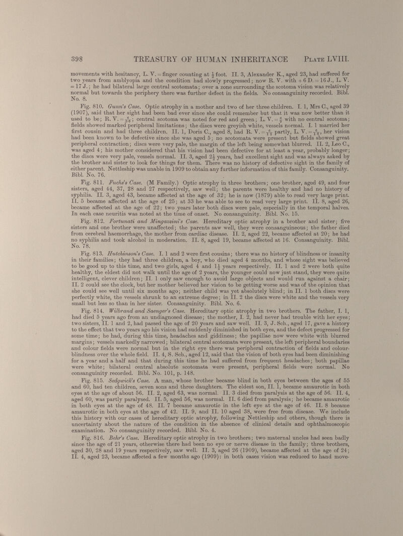 movements with hesitancy, L. Y. = finger counting at -J foot. II. 3, Alexander K., aged 23, had suffered for two years from amblyopia and the condition had slowly progressed; now R. V. with + 6D. = 16J., L. Y. = 17 J.; he had bilateral large central scotomata; over a zone surrounding the scotoma vision was relatively normal but towards the periphery there was further defect in the fields. No consanguinity recorded. Bibl. No. 8. Fig. 810. Gunn’s Case. Optic atrophy in a mother and two of her three children. I. 1, Mrs 0., aged 39 (1907), said that her sight had been bad ever since she could remember but that it was now better than it used to be; R. Y. - ; central scotoma was noted for red and green; L. Y. = ^ with no central scotoma; fields showed marked peripheral limitations; the discs were greyish white, vessels normal. I. 1 married her first cousin and had three children. II. 1, Doris C., aged 8, had R. V. = T 6 ^ partly, L. V. = T \, her vision had been known to be defective since she was aged 5; no scotomata were present but fields showed great peripheral contraction; discs were very pale, the margin of the left being somewhat blurred. II. 2, Leo C., was aged 4; his mother considered that his vision had been defective for at least a year, probably longer; the discs were very pale, vessels normal. II. 3, aged 2J years, had excellent sight and was always asked by the brother and sister to look for things for them. There was no history of defective sight in the family of either parent. Nettleship was unable in 1909 to obtain any further information of this family. Consanguinity. Bibl. No. 76. Fig. 811. Fuchs’s Case. (M Family.) Optic atrophy in three brothers; one brother, aged 49, and four sisters, aged 44, 37, 28 and 27 respectively, saw well; the parents were healthy and had no history of syphilis. II. 3, aged 43, became affected at the age of 32; he is now (1879) able to read very large print. II. 5 became affected at the age of 25; at 33 he was able to see to read very large print. II. 8, aged 26, became affected at the age of 22; two years later both discs were pale, especially in the temporal halves. In each case neuritis was noted at the time of onset. No consanguinity. Bibl. No. 15. Fig. 812. Fortunati and Mingazzini’s Case. Hereditary optic atrophy in a brother and sister; five sisters and one brother were unaffected; the parents saw well, they were consanguineous; the father died from cerebral haemorrhage, the mother from cardiac disease. II. 2, aged 22, became affected at 20; he had no syphilis and took alcohol in moderation. II. 8, aged 19, became affected at 16. Consanguinity. Bibl. No. 78. Fig. 813. Hutchinson’s Case. I. 1 and 2 were first cousins; there was no history of blindness or insanity in their families; they had three children, a boy, who died aged 4 months, and whose sight was believed to be good up to this time, and two girls, aged 4 and 1 years respectively. II. 1 and 2 were both quite healthy, the eldest did not walk until the age of 2 years, the younger could now just stand, they were quite intelligent, clever children; II. 1 only saw enough to avoid large objects and would run against a chair; II. 2 could see the clock, but her mother believed her vision to be getting worse and was of the opinion that she could see well until six months ago; neither child was yet absolutely blind; in II. 1 both discs were perfectly white, the vessels shrunk to an extreme degree; in II. 2 the discs were white and the vessels very small but less so than in her sister. Consanguinity. Bibl. No. 6. Fig. 814. Wilbrand and Saenger’s Case. Hereditary optic atrophy in two brothers. The father, I. 1, had died 5 years ago from an undiagnosed disease; the mother, I. 2, had never had trouble with her eyes; two sisters, II. 1 and 2, had passed the age of 20 years and saw well. II. 3, J. Sch., aged 17, gave a history to the effect that two years ago his vision had suddenly diminished in both eyes, and the defect progressed for some time; he had, during this time, headaches and giddiness; the papillae now were white with blurred margins; vessels markedly narrowed; bilateral central scotomata were present, the left peripheral boundaries and colour fields were normal but in the right eye there was peripheral contraction of fields and colour blindness over the whole field. II. 4, S. Sell., aged 12, said that the vision of both eyes had been diminishing for a year and a half and that during this time he had suffered from frequent headaches; both papillae were -white; bilateral central absolute scotomata were present, peripheral fields were normal. No consanguinity recorded. Bibl. No. 101, p. 148. Fig. 815. Sedgwick’s Case. A man, whose brother became blind in both eyes between the ages of 55 and 60, had ten children, seven sons and three daughters. The eldest son, II. 1, became amaurotic in both eyes at the age of about 56. II. 2, aged 63, was normal. II. 3 died from paralysis at the age of 56. II. 4, aged 60, was partly paralysed. II. 5, aged 56, was normal. II. 6 died from paralysis; he became amaurotic in both eyes at the age of 48. II. 7 became amaurotic in the left eye at the age of 46. II. 8 became amaurotic in both eyes at the age of 42. II. 9, and II. 10 aged 38, were free from disease. We include this history with our cases of hereditary optic atrophy, following Nettleship and others, though there is uncertainty about the nature of the condition in the absence of clinical details and ophthalmoscopic examination. No consanguinity recorded. Bibl. No. 4. Fig. 816. Behr’s Case. Hereditary optic atrophy in two brothers; two maternal uncles had seen badly since the age of 21 years, otherwise there had been no eye or nerve disease in the family; three brothers, aged 30, 28 and 19 years respectively, saw well. II. 3, aged 26 (1909), became affected at the age of 24; II. 4, aged 23, became affected a few months ago (1909): in both cases vision was reduced to hand move-