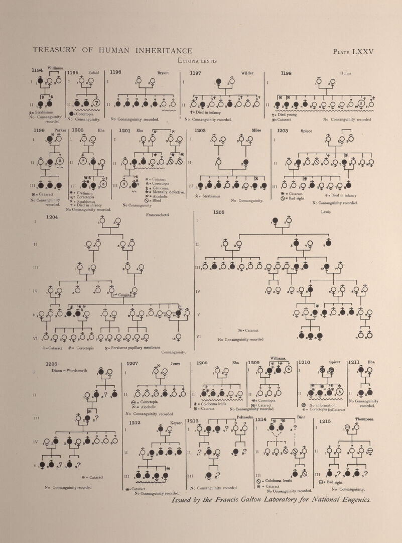 TREASURY OF HUMAN INHERITANCE Ectopia lentis Plate LXXV 1194 » .fa# £=. Strabismus No Consanguinity' 1195 Pufahl ■ .^9 1196 Bryant •tj? 1197 1 Wilder V i..é.é.(z) vwwww 9 tf ? ? II ,# 2 # 3 # 5 # 6 6 7 0 '+ 1 » .0,f ,o,ó,é.ò\ò.o Corectopia No Consanguinity. No Consanguinity recorded. T 2 Died in infancy No Consanguinity recorded. 1198 r* 1» I ’ I I TT-’- i+ > ■fs Died young - 4 is Cataract No Consanguinity recorded 1206 iff = Cataract No Consanguinity recorded - .^9 n a ,§,¿.¿.0 @ = Corectopia X* = Alcoholic -No Consanguinity recorded 1212 ^ Keyser. Williams. 1209 f*qr 1 u ,^#.#¿9  , 6 , 0,0 Coloboma iridis Cataract fit = Cataract No Consanguinity recorded. 1210 Spicer I I I - “life Ì x _rn * Peltesohn 1213 I 1 1 1 „ 1214 Ijr-IS 1 . ,^£ 5 f.? 5 c^9 > ,i.i ,? \y | rE; i n , 9¿9 ,§> ^ »9 «. *f » ? in .f *? HI ,# 0 a Coloboma lentis No Consanguinity recorded H; = Cataract No Consanguinity recorded. I* I* '+ © No information •H* Corectopia ^Cataract 1215 1211 Eha  .fa# No Consanguinity recorded. Thompson .é a? ,# ß .? 0* Bad sight Cataract No Consanguinity recorded. Issued by the Francis Galton Laboratory for National Eugenics.