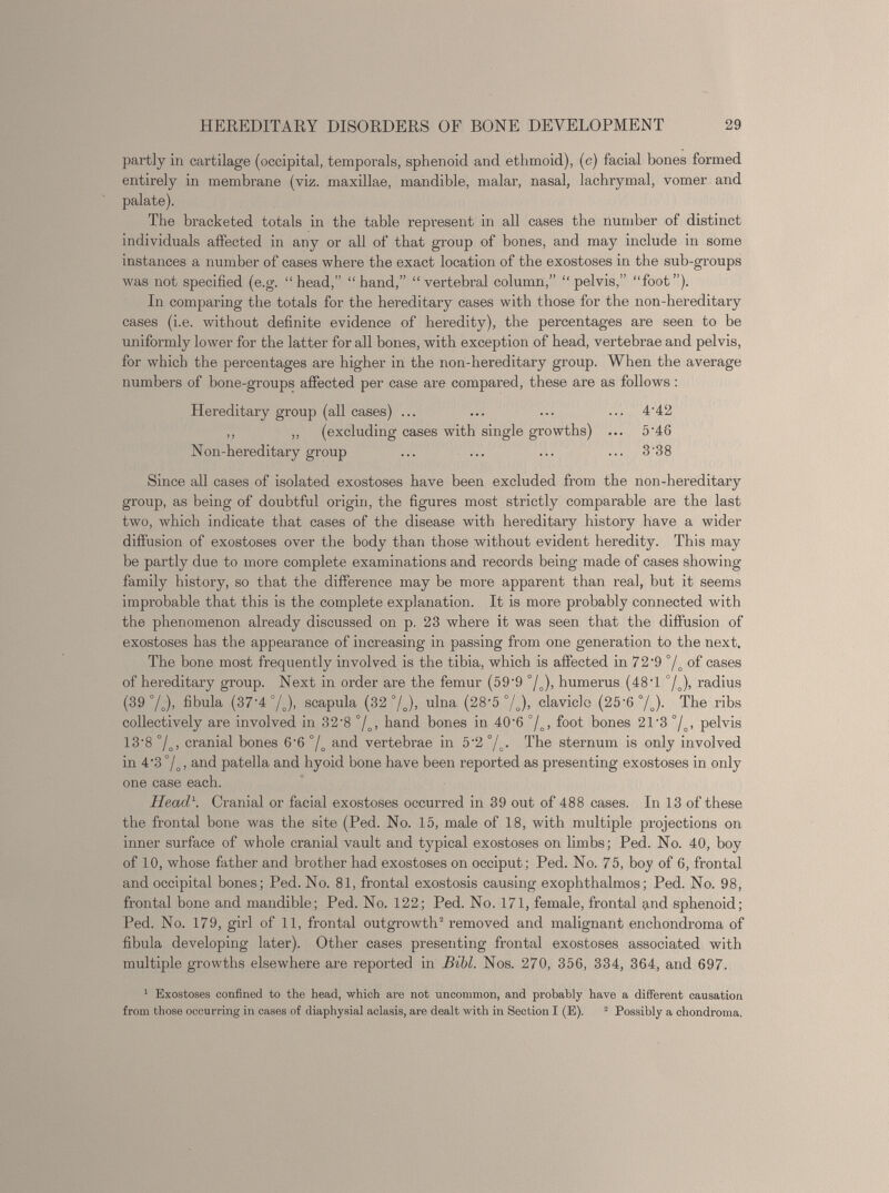 partly in cartilage (occipital, temporals, sphenoid and ethmoid), (c) facial bones formed entirely in membrane (viz. maxillae, mandible, malar, nasal, lachrymal, vomer and palate). The bracketed totals in the table represent in all cases the number of distinct individuals affected in any or all of that group of bones, and may include in some instances a number of cases where the exact location of the exostoses in the sub-groups was not specified (e.g. “head,” “hand,” “vertebral column,” “pelvis,” “foot”). In comparing the totals for the hereditary cases with those for the non-hereditary cases (i.e. without definite evidence of heredity), the percentages are seen to be uniformly lower for the latter for all bones, with exception of head, vertebrae and pelvis, for which the percentages are higher in the non-hereditary group. When the average numbers of bone-groups affected per case are compared, these are as follows : Hereditary group (all cases) ... ... ... ... 4'42 ,, ,, (excluding cases with single growths) ... 5'46 Non-hereditary group ... ... ... ... 3'38 Since all cases of isolated exostoses have been excluded from the non-hereditary group, as being of doubtful origin, the figures most strictly comparable are the last two, which indicate that cases of the disease with hereditary history have a wider diffusion of exostoses over the body than those without evident heredity. This may be partly due to more complete examinations and records being made of cases showing family history, so that the difference may be more apparent than real, but it seems improbable that this is the complete explanation. It is more probably connected with the phenomenon already discussed on p. 23 where it was seen that the diffusion of exostoses has the appearance of increasing in passing from one generation to the next. The bone most frequently involved is the tibia, which is affected in 7 2 ‘9 °/ o of cases of hereditary group. Next in order are the femur (59‘9 °/ o ), humerus (48T °/J, radius (39 %), fibula (37'4°/J, scapula (32 °/ o ), ulna (28'5 °/„), clavicle (25'6°/ o ). The ribs collectively are involved in 32'8 °/ o , hand bones in 40’6 °/ o , foot bones 2P3 °/ o , pelvis 13‘8 °/ o , cranial bones 6'6 °/ o and vertebrae in 5‘2 °/ o . The sternum is only involved in 4 - 3°/ 0 , and patella and hyoid bone have been reported as presenting exostoses in only one case each. Head 1 . Cranial or facial exostoses occurred in 39 out of 488 cases. In 13 of these the frontal bone was the site (Ped. No. 15, male of 18, with multiple projections on inner surface of whole cranial vault and typical exostoses on limbs; Ped. No. 40, boy of 10, whose father and brother had exostoses on occiput; Ped. No. 75, boy of 6, frontal and occipital bones; Ped. No. 81, frontal exostosis causing exophthalmos; Ped. No. 98, frontal bone and mandible; Ped. No. 122; Ped. No. 171, female, frontal ?,nd sphenoid; Ped. No. 179, girl of 11, frontal outgrowth 2 removed and malignant enchondroma of fibula developing later). Other cases presenting frontal exostoses associated with multiple growths elsewhere are reported in Bibl. Nos. 270, 356, 334, 364, and 697. 1 Exostoses confined to the head, which are not uncommon, and probably have a different causation from those occurring in cases of diaphysial aclasis, are dealt with in Section I (E). 2 Possibly a chondroma.
