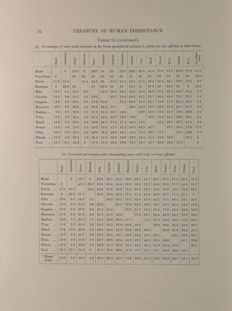 Table 24 ( continued). (b) Percentages of cases with exostoses on the bones specified in column I, which are also affected in other bones. Head Vertebrae Pelvis Sternam CO s Clavicle Scapula Humerus Radius Ulna Hand Femur Tibia Fibula Foot No other bone Head ... 0 16-6 0 55-5 50 50 55-5 38-9 38-9 44-4 77-8 77-8 60-9 27-8 li-i Vertebrae 0 40 20 50 60 40 60 50 20 60 60 70 40 50 10-0 Pelvis ... 11-5 15-4 15-4 42-3 50 61-5 71-4 65-4 61-5 69-2 88-4 96-1 73-1 31-5 3-8 Sternum 0 25-0 50 25 37-5 25 50 62-5 25 37-5 50 62-5 50 0 12-5 Ribs 12-8 6-4 14-1 2-6 48-8 58-3 69-2 48-8 42-3 43-C 78-2 87-2 58-3 24-4 1-3 Clavicle 14-8 9*8 21-3 4-9 62-3 60-7 73-8 62-3 54-1 55-7 82-0 83-6 72-1 311 1-6 Scapula... 12-5 5-5 22-2 2-8 63-9 51-4 72-2 58-3 51-4 52-7 73-6 77-7 65-2 30-5 5 5 Humerus 10-9 6-6 20-9 4-4 59-3 49-4 57-1 56-0 54-9 52-7 83-5 91-2 68-1 31-8 3-3 Radius ... 9-4 6-7 22-9 6-7 51-3 51-3 56-7 82*4 67*5 54-0 81-0 83-8 78-9 32*5 5-4 Ulna ... 1W 3-2 25-4 3-2 52-4 52-4 58-7 79-3 79-3 53-9 79-3 84-1 63-5 38*1 1-6 Hand ... 12-9 9-7 29-0 4-8 54*8 54-8 61-3 77-4 64-5 54-8 85-5 88-7 67'7 41-9 3-2 Femur ... 11-3 4-8 18-5 3-2 49-2 40-3 42-7 61-2 48-3 39-5 42-7. 87-1 56-4 25-0 11-3 Tibia 10'0 5-0 16-4 3-4 48-6 36-4 40-0 59-3 44-4 37-8 39-3 77-1 56-4 22-2 7-8 | Fibula ... 13 5 4-9 23-4 4-9 56-2 54-3 58-0 76-5 62-9 49-4 51-8 86-4 97-5 32-1 0 Foot 15-1 15-1 24-2 0 57-6 57-6 66-6 87*8 72-7 72-7 78-7 93-9 93-9 78-7 0 (c) Corrected 'percentages after eliminating cases with only one bone affected. Head Vertebrae Pelvis Sternum Ribs Clavicle Scapula Humerus Radius Ulna Hand Femur Tibia Fibula Foot Head ... 0 18-7 0 62-6 56-3 56-3 62-6 42-7 42-7 49-7 87-5 87-5 68-5 31-3 V ertebrae 0 JfS-3 32-3 55-5 66-6 44-4 66-6 55-5 22-2 66-6 66-6 77-7 44-4 55-5 Pelvis ... 11-9 16-0 16-0 43-9 51-8 63-9 74-2 67-9 63-9 71-9 91-9 100 75-9 32-7 Sternum 0 28-6 57-1 28-6 42-8 28-6 57-1 71-4 28-6 42-8 57-1 71-4 57-1 0 Ribs 13-0 6-5 14-3 2-6 49-5 59-1 70-2 49-5 42-9 44-2 79-3 88-4 59-1 24-7 Clavicle 15-0 99 21-6 4-9 63-3 61-7 75-0 63-3 55-0 56-6 83-4 85-0 73-3 31-6 Scapula... 13-2 5-8 23-6 3-0 67-1 54-4 76-5 61-7 54-4 55-8 77-9 82-2 69-0 32-3 Humerus 11-2 6-8 21-6 4-5 61-3 51-0 59-0 57-8 56-7 54-4 86-3 94-2 70-3 32-8 Radius ... 10-0 7-1 24-2 7-1 54-3 54-3 60-0 87-1 71-5 57-2 85-9 88-8 83-5 34-4 Ulna 11-6 3-2 25-8 3-2 53-2 53-2 59-6 80-5 80-5 54-8 80-6 85-5 64-6 38-7 Hand ... 13-4 10-0 29-9 5-0 56-6 56-6 63-3 80-0 66-6 56-6 88-3 91-6 69-9 43-2 Femur ... 12-7 5-4 20-7 3-6 55-4 54-4 48-1 88-9 54-4 44-5 48-1 98-2 63-5 28-1 Tibia 10-8 5-4 17-8 3-7 52-7 39-5 43-4 64-3 48-1 40-9 42-8 83-8 6M 23-9 Fibula ... 13-5 4-9 23-4 4-9 56-2 54-3 58-0 76-5 62-9 49-4 51-8 86-4 97-5 32-1 Foot 15-1 15-1 24-2 0 57-6 57-6 66-6 87-8 72-7 72-7 78-7 93-9 93-9 78-7 “Mean” bone 12-0 7-0 22-5 4-5 56-8 50-2 55-7 74-2 60-6 51-6 5-2-5 83-8 90-7 67-1 31-2