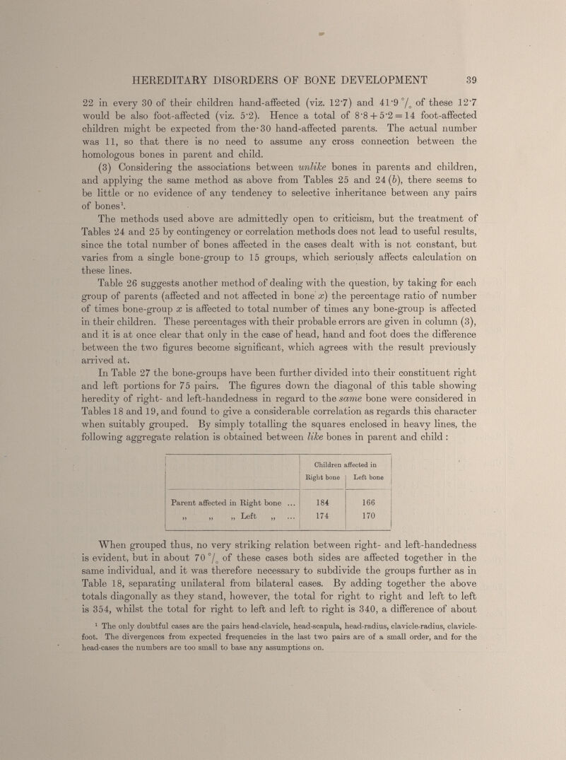 22 in every 30 of their children hand-affected (viz. 12'7) and 41 '9 of these 127 would be also foot-affected (viz. 5'2). Hence a total of 8'8 + 5'2 = 14 foot-affected children might be expected from the-30 hand-affected parents. The actual number was 11, so that there is no need to assume any cross connection between the homologous bones in parent and child. (3) Considering the associations between unlike bones in parents and children, and applying the same method as above from Tables 25 and 24 ( b ), there seems to be little or no evidence of any tendency to selective inheritance between any pairs of bones 1 . The methods used above are admittedly open to criticism, but the treatment of Tables 24 and 25 by contingency or correlation methods does not lead to useful results, since the total number of bones affected in the cases dealt with is not constant, but varies from a single bone-group to 15 groups, which seriously affects calculation on these lines. Table 26 suggests another method of dealing with the question, by taking for each group of parents (affected and not affected in bone x) the percentage ratio of number of times bone-group x is affected to total number of times any bone-group is affected in their children. These percentages with their probable errors are given in column (3), and it is at once clear that only in the case of head, hand and foot does the difference between the two figures become significant, which agrees with the result previously arrived at. In Table 27 the bone-groups have been further divided into their constituent right and left portions for 75 pairs. The figures down the diagonal of this table showing- heredity of right- and left-handedness in regard to the same bone were considered in Tables 18 and 19, and found to give a considerable correlation as regards this character when suitably grouped. By simply totalling the squares enclosed in heavy lines, the following aggregate relation is obtained between like bones in parent and child : Children affected in Right bone Left bone Parent affected in Right bone ... 00 i66 55 55 55 Left ,j 174 170 When grouped thus, no very striking relation between right- and left-handedness is evident, but in about 70°/ o of these cases both sides are affected together in the same individual, and it was therefore necessary to subdivide the groups further as in Table 18, separating unilateral from bilateral cases. By adding together the above totals diagonally as they stand, however, the total for right to right and left to left is 354, whilst the total for right to left and left to right is 340, a difference of about 1 The only doubtful cases are the pairs head-clavicle, head-scapula, head-radius, clavicle-radius, clavicle- foot. The divergences from expected frequencies in the last two pairs are of a small order, and for the head-cases the numbers are too small to base any assumptions on.
