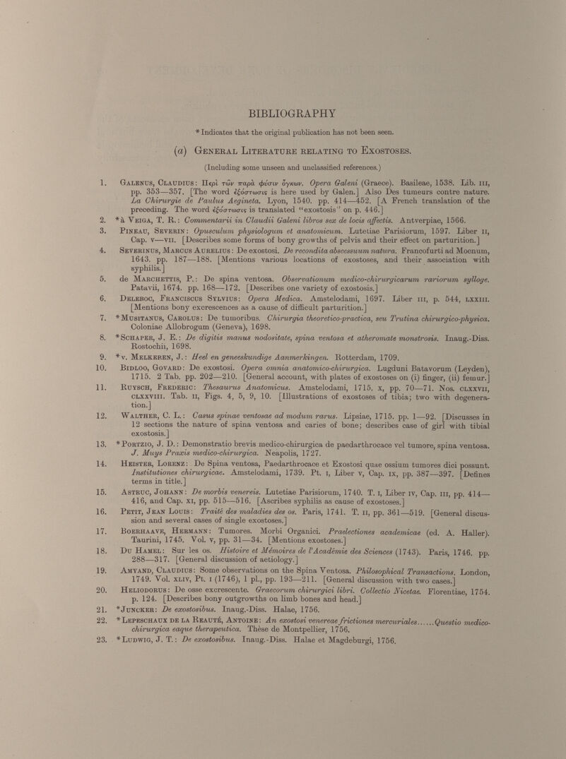 BIBLIOGRAPHY * Indicates that the original publication has not been seen. (a) General Literature relating to Exostoses. (Including some unseen and unclassified references.) 1. Galenus, Claudius: Il «pi iw m pà ÿvtnv oynuiv. Opera Galeni (Graece). Basileae, 1538. Lib. hi, pp. 353—357. [The word c£o<rroicris is here used by Galen.] Also Des tumeurs contre nature. La Chirurgie de Paulus Aegineta. Lyon, 1540. pp. 414—452. [A French translation of the preceding. The word ¿¿octtcoo-is is translated “exostosis” on p. 446.] 2. *à Veiga, T. R. : Commentarii in Claudii Galeni libros sex de locis affectis. Antverpiae, 1566. 3. Pineau, Severin: Opusculum physiologum et anatomicum. Lutetiae Parisiorum, 1597. Liber ii, Cap. v—vu. [Describes some forms of bony growths of pelvis and their effect on parturition.] 4. Severinus, Marcus Aurelius : De exostosi. De recondita abscessuum natura. Francofurti ad Moenum, 1643. pp. 187—188. [Mentions various locations of exostoses, and their association with syphilis.] 5. de Marchettis, P. : De spina ventosa. Observationum medico-chirurgicarum rariorum sylloge. Patavii, 1674. pp. 168—172. [Describes one variety of exostosis.] 6. Deleboc, Francisous Sylvius: Opera Medica. Amstelodami, 1697. Liber ill, p. 544, lxxiii. [Mentions bony excrescences as a cause of difficult parturition.] 7. *Musitanus, Carolus: De tumoribus. Chirurgia theoretico-practica, seu Trutina chirurgico-physica. Coloniae Allobrogum (Geneva), 1698. 8. *Schaper, J. E. : De digitis manus nodositate, spina ventosa et atheromate monstrosis. Inaug.-Diss. Rostochii, 1698. 9. * v. Melkeren, J. : üeel en geneeskundige Aanmerkingen. Rotterdam, 1709. 10. Bidloo, Govard: De exostosi. Opera omnia anatomico-chirurgica. Lugduni Batavorum (Leyden), 1715. 2 Tab. pp. 202—210. [General account, with plates of exostoses on (i) finger, (ii) femur.] 11. Ruysch, Frederic: Thesaurus Anatomicus. Amstelodami, 1715. x, pp. 70—71. Nos. clxxvii, clxxviii. Tab. ii, Figs. 4, 5, 9, 10. [Illustrations of exostoses of tibia; two with degenera tion.] 12. Walther, C. L. : Casus spinae ventosae ad modum rarus. Lipsiae, 1715. pp. 1—92. [Discusses in 12 sections the nature of spina ventosa and caries of bone; describes case of girl with tibial exostosis.] 13. * Portzio, J. D. : Demonstratio brevis medico-chirurgica de paedarthrocace vel tumore, spina ventosa. J. Mugs Praxis medico-chirurgica. Neapolis, 1727. 14. Heister, Lorenz: De Spina ventosa, Paedarthrocace et Exostosi quae ossium tumores dici possunt. Institutiones chirurgicae. Amstelodami, 1739. Pt. i, Liber v, Cap. ix, pp. 387—397. [Defines terms in title.] 15. Astruc, Johann: De morbis venereis. Lutetiae Parisiorum, 1740. T. i, Liber iv, Cap. hi, pp. 414 — 416, and Cap. xi, pp. 515—516. [Ascribes syphilis as cause of exostoses.] 16. Petit, Jean Louis: Traité des maladies des os. Paris, 1741. T. H, pp. 361 — 519. [General discus sion and several cases of single exostoses.] 17. Boerhaave, Hermann: Tumores. Morbi Organici. Praelectiones academicae (ed. A. Haller). Taurini, 1745. Yol. v, pp. 31—34. [Mentions exostoses.] 18. Du Hamel: Sur les os. Histoire et Mémoires de VAcadémie des Sciences (1743). Paris, 1746. pp. 288—317. [General discussion of aetiology.] 19. Amyand, Claudius: Some observations on the Spina Ventosa. Philosophical Transactions. London, 1749. Vol. XLiv, Pt. i (1746), 1 pi., pp. 193 — 211. [General discussion with two cases.] 20. Heliodorus: De osse excrescente. Graecorum chirurgici libri. Collectio Nicetae. Florentiae, 1754. p. 124. [Describes bony outgrowths on limb bones and head.] 21. *Juncker: De exostosibus. Inaug.-Diss. Halae, 1756. 22. * Lepeschaux de la Reauté, Antoine: An exostosi venereaefrictiones mercuriales Questio medico- chirurgica eaque therapeutica. Thèse de Montpellier, 1756. * Ludwig, J. T.: De exostosibus. Inaug.-Diss. Halae et Magdeburgi, 1756. 23.