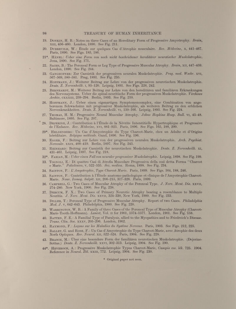 19. Donkin, H. B. : Notes on three Cases of an Hereditary Form of Progressive Amyotrophy. Brain, xin, 456^60. London, 1890. See Fig. 211. 20. Dubreuilh, W. : Étude sur quelques Cas d’Atrophie musculaire. Rev. Médecine , x, 441—467. Paris, 1890. See Figs. 185, 186. 21*. Hänel: U eher eine Form von noch nicht beschriebener hereditärer neurotischer Muskelatrophie. Jena, 1890. See Fig. 171. 22. Sachs, B. : The Peroneal Form or Leg Type of Progressive Muscular Atrophy. Brain, хп, 447-459. London, 1890. See Fig. 244. 23. Ganghoener: Zur Casuistik der progressiven neuralen Muskelatrophie. Prag. med. Wschr. xvi, 567-569, 580-581. Prag, 1891. See Fig. 235. 24. Hoffmann, J. : Weiterer Beitrag zur Lehre von der progressiven neurotischen Muskelatrophie. Deuts. Z. Nervenheilk. i, 95-120. Leipzig, 1891. See Figs. 226, 242. 25. Bernhardt, M. : Weiterer Beitrag zur Lehre von den hereditären und familiären Erkrankungen des Nervensystems. Ueber die spinal-neuritische Form der progressiven Muskelatrophie. Virchows Archiv, схххш, 259-294. Berlin, 1893. See Fig. 210. 26. Hoffmann, J. : Ueber einen eigenartigen Symptomencomplex, eine Combination von ange borenem Schwachsinn mit progressiver Muskelatrophie, als weiteren Beitrag zu den erblichen Nervenkrankheiten. Deuts. Z. Nervenheilk. vi, 150-166. Leipzig, 1895. See Fig. 224. 27. Thomas, H. M.: Progressive Neural Muscular Atrophy. Johns Hopkins Hosp. Bull, vi, 45-48. Baltimore, 1895. See Fig. 207. 28. Dejerine, J. : Contribution à l’Étude de la Névrite Interstitielle Hypertrophique et Progressive de l’Enfance. Rev. Médecine, xvi, 881-925. Paris, 1896. See Figs. 165, 188, 200. 29*. Heldenberg: Un Cas d’Amyotrophie du Type Charcot-Marie, chez un Adulte et d’Origine héréditaire. Belgique médicale. Gand, 1896. See Fig. 196. 30. Egger, F. : Beitrag zur Lehre von der progressiven neuralen Muskelatrophie. Arch. Psychiat. Nervenkr. xxix, 40CMI9. Berlin, 1897. See Fig. 245. 31. Reinhard: Beitrag zur Casuistik der neurotischen Muskelatrophie. Deuts. Z. Nervenheilk. xi, 431-461. Leipzig, 1897. See Fig. 218. 32*. Fabian,M.: Ueber einen Fall von neuraler progressiver Muskelatrophie. Leipzig, 1898. See Fig. 199. 33. Tognoli, E.: Di quattro Casi di Atrofia Muscolare Progressiva della eosi detta Forma “Charcot e Marie.” Policlinico, v, 522-535. Sez. medica. Roma, 1898. See Fig. 234. 34. Sainton, P. : L’Amyotrophie, Type Gharcot-Marie. Paris, 1899. See Figs. 164, 188, 246. 35. Sainton, P. : Contribution à l’Étude anatomo-pathologique et clinique de l’Amyotrophie Charcot- Marie. Nouv. Iconog. Salpêt. xn, 206-215, 317-326. Paris, 1899. 36. Campbell, G. : Two Cases of Muscular Atrophy of the Peroneal Type. J. Nerv. Ment. Dis. xxvn, 274—280. New York, 1900. See Fig. 238. 37. Derctjm, F. X.: Two Cases of Primary Neurotic Atrophy bearing a resemblance to Multiple Neuritis. J. Nerv. Ment. Dis. xxvn, 324-330, New York, 1900. See Fig. 233. 38. Diller, T. : Peroneal Type of Progressive Muscular Atrophy. Report of two Cases. Philadelphia Med. J. v, 642-643. Philadelphia, 1900. See Fig. 220. 39. Warrington, W. B. : A Family of three Cases of the Peroneal Type of Muscular Atrophy (Charcot- Marie-Tooth-Hoffmann). Lancet, Vol. н for 1901, 1574-1577. London, 1901. See Fig. 158. 40. Batten, F. E. : A Familial Type of Paralysis, allied to the Myopathies and to Friedreich’s Disease. Trans. Clin. Soc. xxxv, 205-206. London, 1902. 41. Raymond, F. : Leçons sur les Maladies du Système Nerveux. Paris, 1903. See Figs. 212, 225. 42. Ballet, G. and Rose, F. : Un Cas d’Amyotrophie du Type Charcot-Marie, avec Atrophie des deux Nerfs Optiques. Rev. Neurol, xn, 522-524. Paris, 1904. See Fig. 228. 43. Brasch, M. : Über eine besondere Form der familiären neurotischen Muskelatrophie. (Dejerine- Sottas.) Deuts. Z. Nervenheilk. xxvi, 302-313. Leipzig, 1904. See Fig. 190. 44*. Heveroch, A. : Progressive Muskelatrophie Typus Charcot-Marie, Casopis ces. lék. 725. 1904. Reference in Neurol. Zbl. ххш, 772. Leipzig, 1904. See Fig. 230. Original paper not seen.