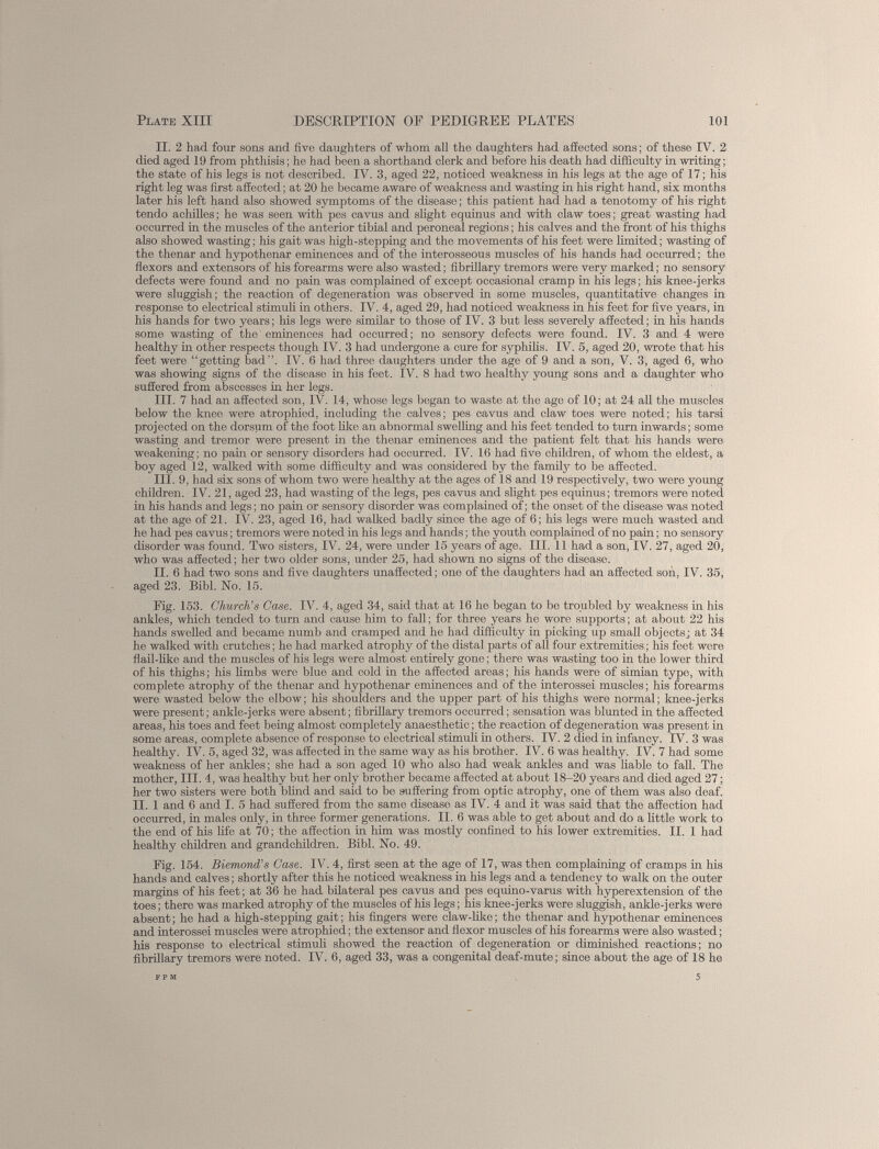 II. 2 had four sons and five daughters of whom all the daughters had affected sons; of these IV. 2 died aged 19 from phthisis; he had been a shorthand clerk and before his death had difficulty in writing; the state of his legs is not described. IV. 3, aged 22, noticed weakness in his legs at the age of 17; his right leg was first affected; at 20 he became aware of weakness and wasting in his right hand, six months later his left hand also showed symptoms of the disease; this patient had had a tenotomy of his right tendo achilles; he was seen with pes cavus and slight equinus and with claw toes; great wasting had occurred in the muscles of the anterior tibial and peroneal regions; his calves and the front of his thighs also showed wasting; his gait was high-stepping and the movements of his feet were limited; wasting of the thenar and hypothenar eminences and of the interosseous muscles of his hands had occurred; the flexors and extensors of his forearms were also wasted; fibrillary tremors were very marked; no sensory defects were found and no pain was complained of except occasional cramp in his legs; his knee-jerks were sluggish; the reaction of degeneration was observed in some muscles, quantitative changes in response to electrical stimuli in others. IV. 4, aged 29, had noticed weakness in his feet for five years, in his hands for two years; his legs were similar to those of IV. 3 but less severely affected; in his hands some wasting of the eminences had occurred; no sensory defects were found. IV. 3 and 4 were healthy in other respects though IV. 3 had undergone a cure for syphilis. IV. 5, aged 20, wrote that his feet were “getting bad”. IV. 6 had three daughters under the age of 9 and a son, V. 3, aged 6, who was showing signs of the disease in his feet. IV. 8 had two healthy young sons and a daughter who suffered from abscesses in her legs. III. 7 had an affected son, IV. 14, whose legs began to waste at the age of 10; at 24 all the muscles below the knee were atrophied, including the calves; pes cavus and claw toes were noted; his tarsi projected on the dorsum of the foot like an abnormal swelling and his feet tended to turn inwards; some wasting and tremor were present in the thenar eminences and the patient felt that his hands were weakening; no pain or sensory disorders had occurred. IV. 16 had five children, of whom the eldest, a boy aged 12, walked with some difficulty and was considered by the family to be affected. III. 9, had six sons of whom two were healthy at the ages of 18 and 19 respectively, two were young children. IV. 21, aged 23, had wasting of the legs, pes cavus and slight pes equinus; tremors were noted in his hands and legs; no pain or sensory disorder was complained of; the onset of the disease was noted at the age of 21. IV. 23, aged 16, had walked badly since the age of 6; his legs were much wasted and he had pes cavus; tremors were noted in his legs and hands; the youth complained of no pain; no sensory disorder was found. Two sisters, IV. 24, were under 15 years of age. III. 11 had a son, IV. 27, aged 20, who was affected; her two older sons, under 25, had shown no signs of the disease. II. 6 had two sons and five daughters unaffected; one of the daughters had an affected son, IV. 35, aged 23. Bibl. No. 15. Fig. 153. Church’s Case. IV. 4, aged 34, said that at 16 lie began to be troubled by weakness in his ankles, which tended to turn and cause him to fall; for three years he wore supports; at about 22 his hands swelled and became numb and cramped and he had difficulty in picking up small objects; at 34 he walked with crutches; he had marked atrophy of the distal parts of all four extremities; his feet were flail-like and the muscles of his legs were almost entirely gone; there was wasting too in the lower third of his thighs; his limbs were blue and cold in the affected areas; his hands were of simian type, with complete atrophy of the thenar and hypothenar eminences and of the interossei muscles; his forearms were wasted below the elbow; his shoulders and the upper part of his thighs were normal; knee-jerks were present; ankle-jerks were absent; fibrillary tremors occurred; sensation was blunted in the affected areas, his toes and feet being almost completely anaesthetic; the reaction of degeneration was present in some areas, complete absence of response to electrical stimuli in others. IV. 2 died in infancy. IV. 3 was healthy. IV. 5, aged 32, was affected in the same way as his brother. IV. 6 was healthy. IV. 7 had some weakness of her ankles; she had a son aged 10 who also had weak ankles and was liable to fall. The mother, III. 4, was healthy but her only brother became affected at about 18-20 years and died aged 27; her two sisters were both blind and said to be suffering from optic atrophy, one of them was also deaf. II. 1 and 6 and I. 5 had suffered from the same disease as IV. 4 and it was said that the affection had occurred, in males only, in three former generations. II. 6 was able to get about and do a little work to the end of his life at 70; the affection in him was mostly confined to his lower extremities. II. 1 had healthy children and grandchildren. Bibl. No. 49. Fig. 154. Biemond’s Case. IV. 4, first seen at the age of 17, was then complaining of cramps in his hands and calves; shortly after this he noticed weakness in his legs and a tendency to walk on the outer margins of his feet; at 36 he had bilateral pes cavus and pes equino-varus with hyperextension of the toes; there was marked atrophy of the muscles of his legs; his knee-jerks were sluggish, ankle-jerks were absent; he had a high-stepping gait; his fingers were claw-like; the thenar and hypothenar eminences and interossei muscles were atrophied; the extensor and flexor muscles of his forearms were also wasted; his response to electrical stimuli showed the reaction of degeneration or diminished reactions; no fibrillary tremors were noted. IV. 6, aged 33, was a congenital deaf-mute; since about the age of 18 he