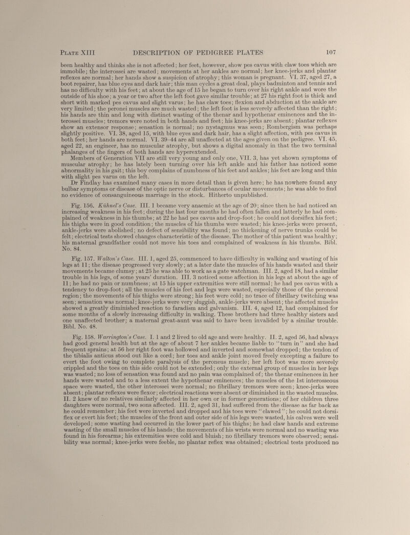 been healtby and thinks she is not affected; her feet, however, show pes cavus with claw toes which arc immobile; the interossei are wasted; movements at her ankles are normal; her knee-jerks and plantar reflexes are normal; her hands show a suspicion of atrophy; this woman is pregnant. VI. 37, aged 27, a boot repairer, has blue eyes and dark hair; this man cycles a great deal, plays badminton and temiis and has no difficulty with his feet; at about the age of 15 he began to turn over his right ankle and wore the outside of his shoe; a year or two after the left foot gave similar trouble; at 27 his right foot is thick and short with marked pes cavus and slight varus; he has claw toes; flexion and abduction at the ankle are very limited; the peronei muscles are much wasted; the left foot is less severely affected than the right; his hands are thin and long with distinct wasting of the thenar and hypothenar eminences and the in terossei muscles; tremors were noted in both hands and feet; his knee-jerks are absent; plantar reflexes show an extensor response; sensation is normal; no nystagmus was seen; Rombergism was perhaps slightly positive. VI. 38, aged 15, with blue eyes and dark hair, has a slight affection, with pes cavus in both feet; her hands are normal. VI. 39-44 are all unaffected at the ages given on the pedigree. VI. 45, aged 22, an engineer, has no muscular atrophy, but shows a digital anomaly in that the two terminal phalanges of the fingers of both hands are hyperextended. Members of Generation VII are still very young and only one, VII. 3, has yet shown symptoms of muscular atrophy; he has lately been turning over his left ankle and his father has noticed some abnormality in his gait; this boy complains of numbness of his feet and ankles; his feet are long and thin with slight pes varus on the left. Dr Findlay has examined many cases in more detail than is given here; he has nowhere found any bulbar symptoms or disease of the optic nerve or disturbances of ocular movements; he was able to find no evidence of consanguineous marriage in the stock. Hitherto unpublished. Fig. 156. Kiihnel’s Case. III. 1 became very anaemic at the age of 20; since then he had noticed an increasing weakness in his feet; during the last four months he had often fallen and latterly he had com plained of weakness in his thumbs; at 22 he had pes cavus and drop-foot; he could not dorsiflex his feet; his thighs were hi good condition; the muscles of his thumbs were wasted; his knee-jerks were present, ankle-jerks were abolished; no defect of sensibility was found; no thickening of nerve trunks could be felt; electrical tests showed changes characteristic of the disease. The mother of this patient was healthy; his maternal grandfather could not move his toes and complained of weakness in his thumbs. Bibl. No. 84. Fig. 157. Walton’s Case. III. 1, aged 25, commenced to have difficulty in walking and wasting of his legs at 11; the disease progressed very slowly; at a later date the muscles of his hands wasted and their movements became clumsy; at 25 he was able to work as a gate watchman. III. 2, aged 18, had a similar trouble in his legs, of some years’ duration. III. 3 noticed some affection in his legs at about the age of 11; he had no pain or numbness; at 15 his upper extremities were still normal; he had pes cavus with a tendency to drop-foot; all the muscles of his feet and legs were wasted, especially those of the peroneal region; the movements of his thighs were strong; his feet were cold; no trace of fibrillary twitching was seen; sensation was normal; knee-jerks were very sluggish, ankle-jerks were absent; the affected muscles showed a greatly diminished reaction to faradism and galvanism. III. 4, aged 12, had complained for some months of a slowly increasing difficulty in walking. These brothers had three healthy sisters and one unaffected brother; a maternal great-aunt was said to have been invalided by a similar trouble. Bibl. No. 48. Fig. 158. Warrington’s Case. I. 1 and 2 lived to old age and were healthy. II. 2, aged 56, had always had good general health but at the age of about 7 her ankles became liable to “turn in” and she had frequent sprains; at 56 her right foot was hollowed and inverted and somewhat dropped; the tendon of the tibialis anticus stood out like a cord; her toes and ankle joint moved freely excepting a failure to evert the foot owing to complete paralysis of the peroneus muscle; her left foot was more severely crippled and the toes on this side could not be extended; only the external group of muscles in her legs was wasted; no loss of sensation was found and no pain was complained of; the thenar eminences in her hands were wasted and to a less extent the hypothenar eminences; the muscles of the 1st interosseous space were wasted, the other interossei were normal; no fibrillary tremors were seen; knee-jerks were absent; plantar reflexes were flexor; electrical reactions were absent or diminished in the wasted muscles. II. 2 knew of no relatives similarly affected in her own or in former generations; of her children three daughters were normal, two sons affected. III. 2, aged 31, had suffered from the disease as far back as he could remember; his feet were inverted and dropped and his toes were “ clawed ”; he could not dorsi flex or evert his feet; the muscles of the front and outer side of his legs were wasted, his calves were well developed; some wasting had occurred in the lower part of his thighs; he had claw hands and extreme wasting of the small muscles of his hands; the movements of his wrists were normal and no wasting was found in his forearms; his extremities were cold and bluish; no fibrillary tremors were observed; sensi bility was normal; knee-jerks were feeble, no plantar reflex was obtained; electrical tests produced no