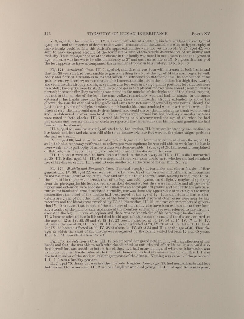 V. 8, aged 43, the eldest son of IV. 8, became affected at about 40; his feet and legs showed typical symptoms and the reaction of degeneration was demonstrated in the wasted muscles; no hypertrophy of nerve trunks could be felt; this patient’s upper extremities were not yet involved. V. 25, aged 42, was seen to have incipient atrophy of the lower limbs with characteristic disturbances of sensibility and mobility. Thus, the age of onset of the disease in this family was noted in most cases at about 40 years of age; one case was known to be affected as early as 37 and one case as late as 43. No gross deformity of the feet appears to have accompanied the muscular atrophy in this history. Bibl. No. 73. Fig. 174. Arendrup’s Case. III. 7, aged 56, said that he was born with a tremor in both hands and that for 30 years he had been unable to grasp anything firmly; at the age of 14 this man began to walk badly and noticed a weakness in his feet which he attributed to flat-footedness; he complained of no pain or sensory disorder; on examination, his lower extremities, from the middle of his thigh downwards, showed muscular atrophy and slight cyanosis; his feet were in a valgo-planus position; feet and toes were immobile; knee-jerks were brisk, Achilles tendon-jerks and plantar reflexes were absent; sensibility was normal; incessant fibrillary twitching was noted in the muscles of the thighs and of the gluteal regions, but not in the muscles of the legs; the man walked remarkably well and had no ataxia; in the upper extremity, his hands were Икс loosely hanging paws and muscular atrophy extended to above the elbows; the muscles of the shoulder girdle and arms were not wasted; sensibility was normal though the patient complained of a slight numbness in his hands; his arms trembled when in action but were quiet when at rest; the man could mostly dress himself and could shave; the muscles of his trunk were normal and his abdominal reflexes were brisk; cranial nerves were normal but fine fibrillary muscular twitches were noted in both cheeks. III. 7 earned his living as a labourer until the age of 46, when he had pneumonia and became unable to work; he reported that his mother and his maternal grandfather had been similarly affected. III. 8, aged 54, was less severely affected than her brother, III. 7; muscular atrophy was confined to her hands and feet and she was still able to do housework; her feet were in the plano-valgus position; she had no tremor. IV. 3, aged 30, had muscular atrophy, which began in his lower extremities at about the age of 14; at 15 he had a tenotomy performed to relieve pes varo-equinus; he was still able to work but his hands were weak; no hypertrophy of nerve trunks was demonstrable. IV. 4, aged 28, had recently complained of flat-feet; this may, or may not, indicate the onset of the disease in her case. III. 4, 5 and 9 were said to have been affected in the same way as III. 7; III. 5 died unmarried at 30; III. 9 died aged 31. III. 6 was dead and there was some doubt as to whether she had remained free of the disease or not. III. 2 and 10 were unaffected at the time of death. Bibl. No. 79. Fig. 175. Macklin and Bowman's Case. Peroneal atrophy in ten males and eleven females of four generations. IV. 56, aged 22, was seen with marked atrophy of the peroneal and calf muscles in contrast to normal musculature of the trunk, face and arms; his thighs showed some wasting in the lower third; the skin of his thighs was normal, that of his legs was cold, cyanotic and slightly roughened; judging from the photographs his feet showed no marked deformity, but they were immobile and all powers of flexion and extension were abolished; this man was an accomplished pianist and evidently the muscula ture of his hands and arms functioned normally, nor was there any appearance of wasting in the upper extremities; the onset of the disease had been noted at the age of 12. It is unfortunate that clinical details are given of no other member of the family; apparently several other cases were seen by the recorders and the history was provided by IV. 56, his mother, III. 21, and two other members of genera tion IV. It is stated that in none of the members of the family who have been examined has there been any atrophy of the hand or arm, and none of the members written to have ever referred to any atrophy except in the leg. I. 1 was an orphan and there was no knowledge of his parentage; ho died aged 70. II. 3 became affected late in life and died in old age; of other cases the onset of the disease occurred at the age of 12 in IV. 55, 56 and V. 15; IV. 23 became affected at 14, IV. 30 at 15, IV. 17 at 16, IV. 64 before the age of 18, III. 15 at 18; III. 21 became affected at 20, IV. 20 at 24, IV. 48 and III. 14 at 25; IV. 33 became affected at 30, IV. 38 at about 34, IV. 50 at 35 and II. 4 at the age of 40. Thus the ages at which the onset of the disease was recognised by the family varied between 12 and 40 years. Bibl. No. 74. See illustrative Plate C. Fig. 176. Dawidenlcow’s Case. III. 12 remembered her grandmother, I. 1, with an affection of her hands and feet; she was able to walk with the aid of sticks until the end of her life at 72; she could also feed herself but was unable to button her clothes. I. 1 had many siblings, of whom no information was available, but the family believed that none of these siblings had the same affection and that I. 1 was the first member of the stock to exhibit symptoms of the disease. Nothing was known of the parents of I. 1. I. 2 was a healthy peasant. II. 2, aged 70, drank but was healthy; his only daughter, Anna, aged 38, had normal hands and feet but was said to be nervous. III. 2 had one daughter who died young. II. 4, died aged 62 from typhus;