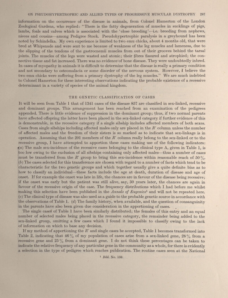 information on the occurrence of the disease in animals, from Colonel Hamerton of the London Zoological Gardens, who replied: “There is the fatty degeneration of muscles in sucklings of pigs, lambs, foals and calves which is associated with the ‘close breeding’—i.e. breeding from nephews, nieces and cousins—among Pedigree Stock. Pseudohypertrophic paralysis in a greyhound has been noted by Schindelka. My own experience is limited to two emu chicks, about 4 months old, that were bred at Whipsnade and were sent to me because of weakness of the leg muscles and lameness, due to the slipping of the tendons of the gastrocnemii muscles from out of their grooves behind the tarsal joints. The muscles of the legs were wasted and atonic; their fibres fissured and atrophied; the con nective tissue and fat increased. There was no evidence of bone disease. They were undoubtedly inbred. In cases of myopathy in animals it is difficult to determine that the disease is really a primary condition and not secondary to osteomalacia or some disorder of the nervous system. However, I believe the two emu chicks were suffering from a primary dystrophy of the leg muscles.” We are much indebted to Colonel Hamerton for these interesting observations indicating the probable existence of a recessive determinant in a variety of species of the animal kingdom. THE GENETIC CLASSIFICATION OF CASES It will be seen from Table 1 that of 1341 cases of the disease 857 are classified in sex-linked, recessive and dominant groups. This arrangement has been reached from an examination of the pedigrees appended. There is little evidence of suppression in the dominant group; thus, if two normal parents have affected offspring the latter have been placed in the sex-linked category if further evidence of this is demonstrable, in the recessive category if a single sibship includes affected members of both sexes. Cases from single sibships including affected males only are placed in the R' column unless the number of affected males and the freedom of their sisters is so marked as to indicate that sex-linkage is in operation. Assuming that the 201 members of the R' column really belong to the sex-linked or to the recessive group, I have attempted to apportion these cases making use of the following indicators: «(a) The male sex-incidence of the recessive cases belonging to the clinical type A, given in Table 1, is too low owing to the exclusion of all sibships containing only affected males—thus a number of cases must be transferred from the R' group to bring this sex-incidence within reasonable reach of 50 %. ( b ) The cases selected for this transference are chosen with regard to a number of facts which tend to be characteristic for the two genetic groups and which together usually give a quite definite bias as to how to classify an individual—these facts include the age at death, duration of disease and age of onset. If for example the onset was late in fife, the chances are in favour of the disease being recessive; if the onset was early but the patient was still alive, say, 30 years later, the chances are again in favour of the recessive origin of the case. The frequency distributions which I had before me whilst making this selection have been published in the Annals of Eugenics 1 and will not be repeated here. (c) The clinical type of disease was also used as a guide to the probable genetic source in accordance with the observations of Table 1. (d) The family history, when available, and the question of consanguinity in the parents have also been given due consideration in the apportioning of cases. The single cases of Table 1 have been similarly distributed; the females of this entry and an equal number of selected males being placed in the recessive category, the remainder being added to the sex-linked group, omitting a few cases which I found it impossible to classify owing to the lack of information on which to base any decision. If my method of apportioning the R' and single cases be accepted, Table 1 becomes transformed into Table 2, indicating that 46 % of my population of cases arise from a sex-linked gene, 28 % from a recessive gene and 25% from a dominant gene. I do not think these percentages can be taken to indicate the relative frequency of any particular gene in the community as a whole, for there is evidently a selection in the type of pedigree which reaches publication. The routine cases seen at the National 1 J3ibl. No. 159.