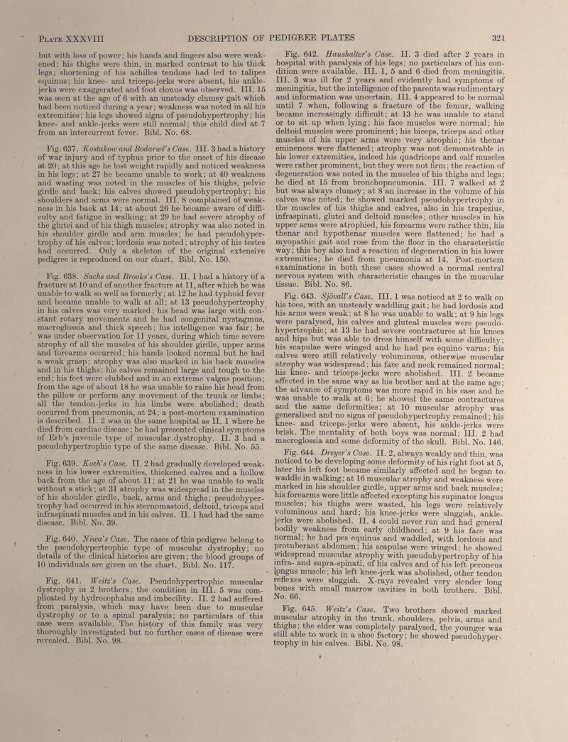 but with loss of power; his hands and fingers also were weak ened; his thighs were thin, in marked contrast to his thick legs; shortening of his achilles tendons had led to talipes equinus; his knee- and triceps-jerks were absent, his ankle- jerks were exaggerated and foot clonus was observed. III. 15 was seen at the age of 6 with an unsteady clumsy gait which had been noticed during a year; weakness was noted in all his extremities; his legs showed signs of pseudohypertrophy; his knee- and ankle-jerks were still normal; this child died at 7 from an intercurrent fever. Bibl. No. 68. Fig. 637. Kostakow and Bodarwe’s Case. III. 3 had a history of war injury and of typhus prior to the onset of his disease att 20; at this age he lost weight rapidly and noticed weakness in his legs; at 27 he became unable to work; at 40 weakness and wasting was noted in the muscles of his thighs, pelvic girdle and back; his calves showed pseudohypertrophy; his shoulders and arms were normal. III. 8 complained of weak ness in his back at 14; at about 26 he became aware of diffi culty and fatigue in walking; at 29 he had severe atrophy of the glutei and of his thigh muscles; atrophy was also noted in his shoulder girdle and arm muscles; he had pseudohyper trophy of his calves; lordosis was noted; atrophy of his testes had occurred. Only a skeleton of the original extensive pedigree is reproduced on our chart. Bibl. No. 150. Fig. 638. Sachs and Brooks’s Case. II. 1 had a history bf a fracture at 10 and of another fracture at 11, after which he was unable to walk so well as formerly; at 12 he had typhoid fever and became unable to walk at all; at 13 pseudohypertrophy in his calves was very marked; his head was large with con stant rotary movements and he had congenital nystagmus, macroglossia and thick speech; his intelligence was fair; he was under observation for 11 years, during which time severe atrophy of all the muscles of his shoulder girdle, upper arms and forearms occurred; his hands looked normal but he had a weak grasp; atrophy was also marked in his back muscles and in his thighs; his calves remained large and tough to the end; his feet were clubbed and in an extreme valgus position; from the age of about 18 he was unable to raise his head from the pillow or perform any movement of the trunk or limbs; all the tendon-jerks in his limbs were abolished; death occurred from pneumonia, at 24; a post-mortem examination is described. II. 2 was in the same hospital as II. 1 where he died from cardiac disease; he had presented clinical symptoms of Erb’s juvenile type of muscular dystrophy. II. 3 had a pseudohypertrophic type of the same disease. Bibl. No. 55. Fig. 639. Koch’s Case. II. 2 had gradually developed weak ness in his lower extremities, thickened calves and a hollow back from the age of about 11; at 21 he was unable to walk without a stick; at 31 atrophy was widespread in the muscles of his shoulder girdle, back, arms and thighs; pseudohyper trophy had occurred in his sternomastoid, deltoid, triceps and infraspinati muscles and in his calves. II. 1 had had the same disease. Bibl. No. 39. Fig. 640. Niwa’s Case. The cases of this pedigree belong to the pseudohypertrophic type of muscular dystrophy; no details of the clinical histories are given; the blood groups of 10 individuals are given on the chart. Bibl. No. 117. Fig. 641. Weitz’s Case. Pseudohypertrophic muscular dystrophy in 2 brothers; the condition in III. 5 was com plicated by hydrocephalus and imbecility. II. 2 had suffered from paralysis, which may have been due to muscular dystrophy or to a spinal paralysis; no particulars of this case were available. The history of this family was very thoroughly investigated but no further cases of disease were revealed. Bibl. No. 98. Fig. 642. Haushalter’s Case. II. 3 died after 2 years in hospital with paralysis of his legs; no particulars of his con dition were available. III. 1, 5 and 6 died from meningitis. III. 3 was ill for 2 years and evidently had symptoms of meningitis, but the intelligence of the parents was rudimentary and information was uncertain. III. 4 appeared to be normal until 7 when, following a fracture of the femur, walking became increasingly difficult; at 13 he was unable to stand or to sit up when lying; his face muscles were normal; his deltoid muscles were prominent; his biceps, triceps and other muscles of his upper arms were very atrophic; his thenar eminences were flattened; atrophy was not demonstrable in his lower extremities, indeed his quadriceps and calf muscles were rather prominent, but they were not firm; the reaction of degeneration was noted in the muscles of his thighs and legs; he died at 15 from bronchopneumonia. III. 7 walked at 2 but was always clumsy; at 8 an increase in the volume of his calves was noted; he showed marked pseudohypertrophy in the muscles of his thighs and calves, also in his trapezius, infraspinati, glutei and deltoid muscles; other muscles in his upper arms were atrophied, his forearms were rather thin, his thenar and hypothenar muscles were flattened; he had a myopathic gait and rose from the floor in the characteristic way; this boy also had a reaction of degeneration in his lower extremities; he died from pneumonia at 14. Post-mortem examinations in both these cases showed a normal central nervous system with characteristic changes in the muscular tissue. Bibl. No. 86. Fig. 643. Sjovall’s Case. III. 1 was noticed at 2 to walk on his toes, with an unsteady waddling gait; he had lordosis and his arms were weak; at 8 he was unable to walk; at 9 his legs were paralysed, his calves and gluteal muscles were pseudo hypertrophic; at 13 he had severe contractures at his knees and hips but was able to dress himself with some difficulty; his scapulae were winged and he had pes equino varus; his calves were still relatively voluminous, otherwise muscular atrophy was widespread; his face and neck remained normal; his knee- and triceps-jerks were abolished. III. 2 became affected in the same way as his brother and at the same age; the advance of symptoms was more rapid in his case and he was unable to walk at 6; he showed the same contractures and the same deformities; at 10 muscular atrophy was generalised and no signs of pseudohypertrophy remained; his knee- and triceps-jerks were absent, his ankle-jerks were brisk. The mentality of both boys was normal; III. 2 had macroglossia and some deformity of the skull. Bihl. No. 146. Fig. 644. Dreyer’s Case. II. 2, always weakly and thin, was noticed to be developing some deformity of his right foot at 5, later his left foot became similarly affected and he began to waddle in walking; at 16 muscular atrophy and weakness were marked in his shoulder girdle, upper arms and back muscles; his forearms were little affected excepting his supinator longus muscles; his thighs were wasted, his legs were relatively voluminous and hard; his knee-jerks were sluggish, ankle- jerks were abolished. II. 4 could never run and had general bodily weakness from early childhood; at 9 his face was normal; he had pes equinus and waddled, with lordosis and protuberant abdomen; his scapulae were winged; he showed widespread muscular atrophy with pseudohypertrophy of his infra- and supra-spinati, of his calves and of his left peroneus longus muscle; his left knee-jerk was abolished, other tendon reflexes were sluggish. X-rays revealed very slender long bones with small marrow cavities in both brothers. Bibl. No. 66. Fig. 645. Weitz’s Case. Two brothers showed marked muscular atrophy in the trunk, shoulders, pelvis, arms and thighs; the elder was completely paralysed, the younger was still able to work in a shoe factory; he showed pseudohyper trophy in his calves. Bibl. No. 98.