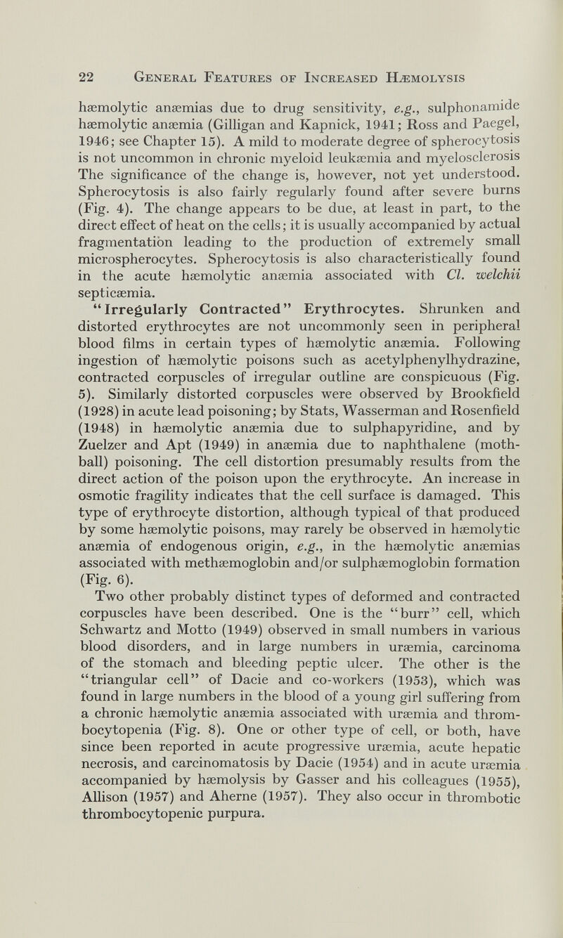 haemolytic anaemias due to drug sensitivity, e.g., sulphonamide haemolytic anaemia (Gilligan and Kapnick, 1941; Ross and Paegel, 1946; see Chapter 15). A mild to moderate degree of spherocytosis is not uncommon in chronic myeloid leukaemia and myelosclerosis The significance of the change is, however, not yet understood. Spherocytosis is also fairly regularly found after severe burns (Fig. 4). The change appears to be due, at least in part, to the direct effect of heat on the cells; it is usually accompanied by actual fragmentation leading to the production of extremely small microspherocytes. Spherocytosis is also characteristically found in the acute haemolytic anaemia associated with Cl. welchii septicaemia. “Irregularly Contracted” Erythrocytes. Shrunken and distorted erythrocytes are not uncommonly seen in peripheral blood films in certain types of haemolytic anaemia. Following ingestion of haemolytic poisons such as acetylphenylhydrazine, contracted corpuscles of irregular outline are conspicuous (Fig. 5). Similarly distorted corpuscles were observed by Brookfield (1928) in acute lead poisoning; by Stats, Wasserman and Rosenfield (1948) in haemolytic anaemia due to sulphapyridine, and by Zuelzer and Apt (1949) in anaemia due to naphthalene (moth ball) poisoning. The cell distortion presumably results from the direct action of the poison upon the erythrocyte. An increase in osmotic fragility indicates that the cell surface is damaged. This type of erythrocyte distortion, although typical of that produced by some haemolytic poisons, may rarely be observed in haemolytic anaemia of endogenous origin, e.g., in the haemolytic anaemias associated with methaemoglobin and/or sulphaemoglobin formation (Fig. 6). Two other probably distinct types of deformed and contracted corpuscles have been described. One is the “burr” cell, which Schwartz and Motto (1949) observed in small numbers in various blood disorders, and in large numbers in uraemia, carcinoma of the stomach and bleeding peptic ulcer. The other is the “triangular cell” of Dacie and co-workers (1953), which was found in large numbers in the blood of a young girl suffering from a chronic haemolytic anaemia associated with uraemia and throm bocytopenia (Fig. 8). One or other type of cell, or both, have since been reported in acute progressive uraemia, acute hepatic necrosis, and carcinomatosis by Dacie (1954) and in acute uraemia accompanied by haemolysis by Gasser and his colleagues (1955), Allison (1957) and Aherne (1957). They also occur in thrombotic thrombocytopenic purpura.