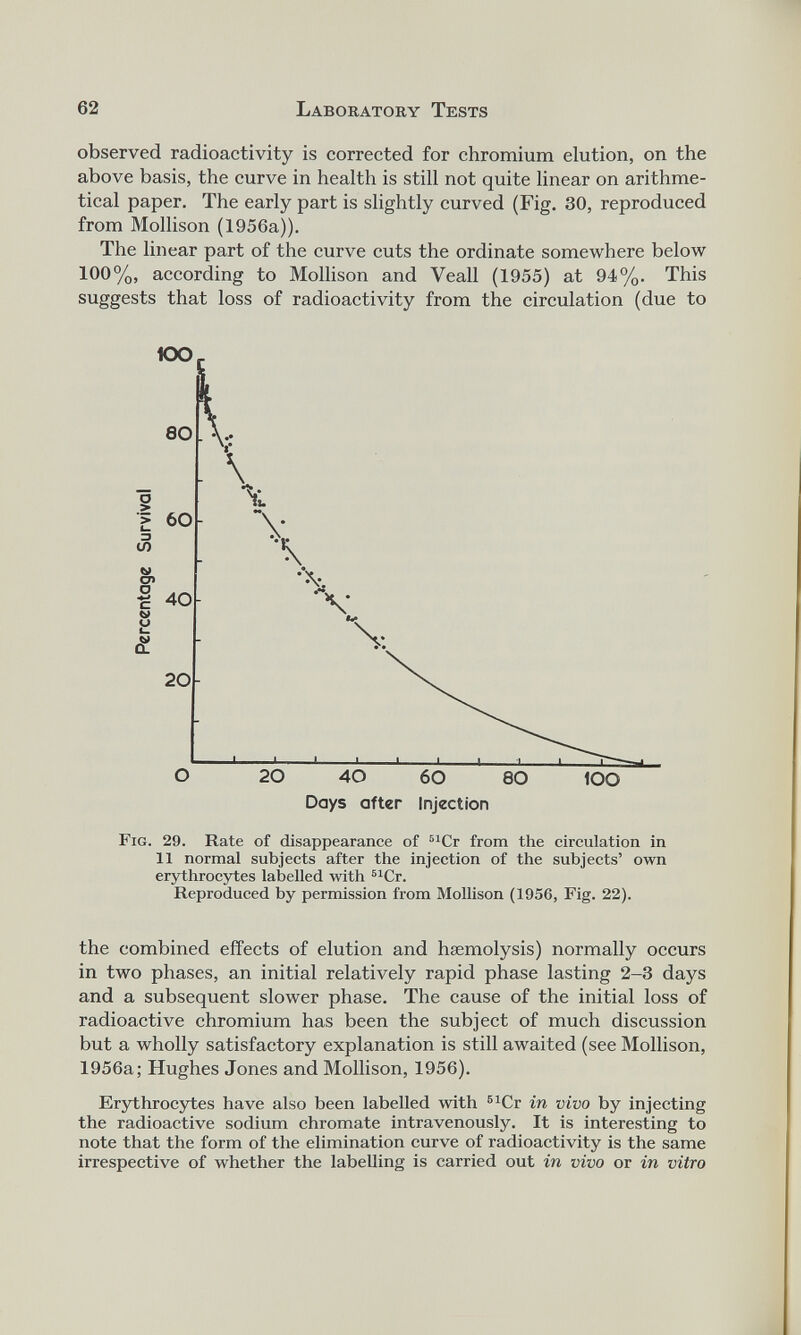 observed radioactivity is corrected for chromium elution, on the above basis, the curve in health is still not quite linear on arithme tical paper. The early part is slightly curved (Fig. 30, reproduced from Mollison (1956a)). The linear part of the curve cuts the ordinate somewhere below 100%, according to Mollison and Veall (1955) at 94%. This suggests that loss of radioactivity from the circulation (due to Fig. 29. Rate of disappearance of 51 Cr from the circulation in 11 normal subjects after the injection of the subjects’ own erythrocytes labelled with 51 Cr. Reproduced by permission from Mollison (1956, Fig. 22). the combined effects of elution and haemolysis) normally occurs in two phases, an initial relatively rapid phase lasting 2-3 days and a subsequent slower phase. The cause of the initial loss of radioactive chromium has been the subject of much discussion but a wholly satisfactory explanation is still awaited (see Mollison, 1956a; Hughes Jones and Mollison, 1956). Erythrocytes have also been labelled with 61 Cr in vivo by injecting the radioactive sodium chromate intravenously. It is interesting to note that the form of the elimination curve of radioactivity is the same irrespective of whether the labelling is carried out in vivo or in vitro