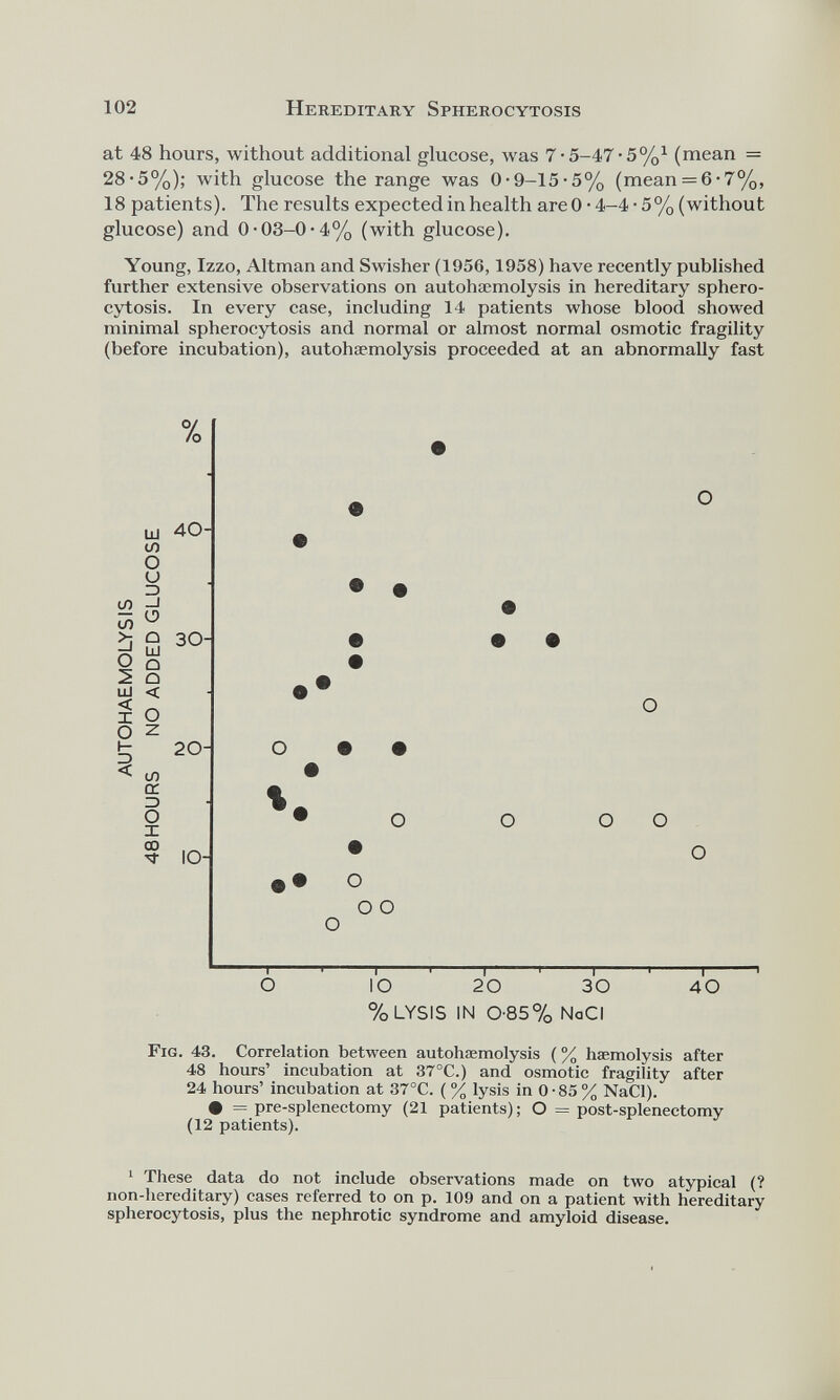 at 48 hours, without additional glucose, was 7-5-47-5%* (mean = 28-5%); with glucose the range was 0-9-15-5% (mean = 6 • 7%, 18 patients). The results expected in health are 0 • 4-4 • 5% (without glucose) and 0-03-0-4% (with glucose). Young, Izzo, Altman and Swisher (1956,1958) have recently published further extensive observations on autohsemolysis in hereditary sphero cytosis. In every case, including 14 patients whose blood showed minimal spherocytosis and normal or almost normal osmotic fragility (before incubation), autohaemolysis proceeded at an abnormally fast 1 Fig. 43. Correlation between autohaemolysis (% haemolysis after 48 hours’ incubation at 37°C.) and osmotic fragility after 24 hours’ incubation at 37°C. (% lysis in 0-85% NaCl). • = pre-splenectomy (21 patients); O = post-splenectomy (12 patients). 1 These data do not include observations made on two atypical (? non-hereditary) cases referred to on p. 109 and on a patient with hereditary spherocytosis, plus the nephrotic syndrome and amyloid disease.
