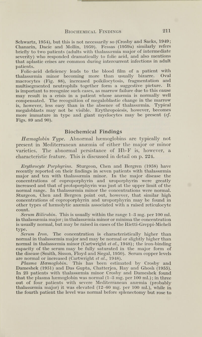 Schwartz, 1954), but this is not necessarily so (Crosby and Sacks, 1949; Chanarin, Dacie and Mollin, 1959). Fessas (1959a) similarly refers briefly to two patients (adults with thalassaemia major of intermediate severity) who responded dramatically to folic acid, and also mentions that aplastic crises are common during intercurrent infections in adult patients. Folic-acid deficiency leads to the blood film of a patient with thalassaemia minor becoming more than usually bizarre. Oval macrocytes (Fig. 88), increased poikilocytosis, fragmentation and multisegmented neutrophils together form a suggestive picture. It is important to recognize such cases, as marrow failure due to this cause may result in a crisis in a patient whose anaemia is normally well compensated. The recognition of megaloblastic change in the marrow is, however, less easy than in the absence of thalassaemia. Typical megaloblasts may not be visible. Erythropoiesis, however, becomes more immature in type and giant myelocytes may be present (cf. Figs. 89 and 90). Biochemical Findings Hemoglobin Type. Abnormal haemoglobins are typically not present in Mediterranean anaemia of either the major or minor varieties. The abnormal persistance of Hb-F is, however, a characteristic feature. This is discussed in detail on p. 224. Erythrocyte Porphyrins. Sturgeon, Chen and Bergren (1958) have recently reported on their findings in seven patients with thalassaemia major and ten with thalassaemia minor. In the major disease the concentrations of coproporphyrin and uroporphyrin were greatly increased and that of protoporphyrin was just at the upper limit of the normal range. In thalassaemia minor the concentrations were normal. Sturgeon, Chen and Bergren point out, however, that similar high concentrations of coproporphyrin and uroporphyrin may be found in other types of haemolytic anaemia associated with a raised reticulocyte count. Serum Bilirubin. This is usually within the range 1—3 mg. per 100 ml. in thalassaemia major; in thalassaemia minor or minima the concentration is usually normal, but may be raised in cases of the Rietti-Greppi-Micheli type. Serum Iron. The concentration is characteristically higher than normal in thalassaemia major and may be normal or slightly higher than normal in thalassaemia minor (Cartwright et al., 1948); the iron-binding capacity of the serum may be fully saturated in the major form of the disease (Smith, Sisson, Floyd and Siegal, 1950). Serum copper levels are normal or increased (Cartwright et al., 1948). Plasma Haemoglobin. This has been estimated by Crosby and Dameshek (1951) and Das Gupta, Chatterjea, Ray and Ghosh (1955). In 23 patients with thalassaemia minor Crosby and Dameshek found that the plasma haemoglobin was normal (1-3 mg. per 100 ml.); in three out of four patients with severe Mediterranean anaemia (probably thalassaemia major) it was elevated (12—60 mg. per 100 ml.), while in the fourth patient the level was normal before splenectomy but rose to