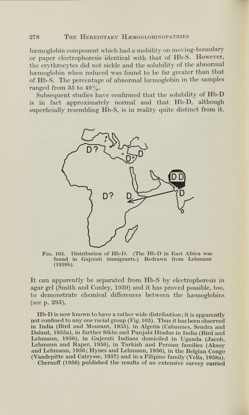haemoglobin component which had a mobility on moving-boundary or paper electrophoresis identical with that of Hb-S. However, the erythrocytes did not sickle and the solubility of the abnormal haemoglobin when reduced was found to be far greater than that of Hb-S. The percentage of abnormal haemoglobin in the samples ranged from 35 to 49%. Subsequent studies have confirmed that the solubility of Hb-D is in fact approximately normal and that Hb-D, although superficially resembling Hb-S, is in reality quite distinct from it. Fig. 105. Distribution of Hb-D. (The Hb-D in East Africa was found in Guierati immigrants.) Redrawn from Lehmann (1959b). It can apparently be separated from Hb-S by electrophoresis in agar gel (Smith and Conley, 1959) and it has proved possible, too, to demonstrate chemical differences between the haemoglobins (see p. 295). Hb-D is now known to have a rather wide distribution; it is apparently not confined to any one racial group (Fig. 105). Thus it has been observed in India (Bird and Mourant, 1955), in Algeria (Cabannes, Sendra and Dalaut, 1955a), in further Sikhs and Punjabi Hindus in India (Bird and Lehmann, 1956), in Gujerati Indians domiciled in Uganda (Jacob, Lehmann and Raper, 1956), in Turkish and Persian families (Aksoy and Lehmann, 1956; Hynes and Lehmann, 1956), in the Belgian Congo (Vandepitte and Catrysse, 1957) and in a Filipino family (Vella, 1958a). Chernoff (1956) published the results of an extensive survey carried