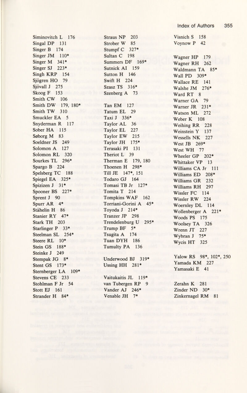 Siminovitch L 176 Straus NP 203 Singal DP 131 Straber W 85 Singer B 174 Stumpf C 327* Singer JM 110* Sultan C 198 Singer M 341* Summers DF 169* Singer SJ 223* Sutnick AI 159 Singh KRP 154 Sutton H 146 Sjögren HO 79 Swift H 224 Sjövall J 275 Szasz TS 316* Skoog F 153 Szenberg A 73 Smith CW 106 Smith DW 179, 180* Tan EM 127 Smith TW 310 Tatum EL 29 Smuckler EA 5 Taxi J 336* Snyderman R 117 Taylor AL 36 Sober HA 115 Taylor EL 227 Seborg M 83 Taylor EW 215 Soeldner JS 249 Taylor JH 175* Solomon A 127 Terasaki PI 131 Solomon RL 320 Theriot L 39 Sourkes TL 296* Therman E 179, 180 Spargo B 224 Thoenen H 298* Speisberg TC 188 Till JE 147*, 151 Spiegel EA 325* Todaro GJ 164 Spizizen J 31* Tornasi TB Jr 127* Spooner BS 227* Tomita T 214 Sprent J 90 Tompkins WAF 162 Spurr AR 4* Torriani-Gorini A 45* Stähelin H 86 Toy oda J 214* StanierRY 47* Tranzer JP 298 Stark TH 203 Trendelenburg U 295* Starlinger P 33* Trump BF 5* Steelman SL 254* Tsugita A 174 Steere RL 10* Tuan DYH 186 Stein GS 188* Tumulty PA 136 Steinke J 249 Stempak JG 8* Underwood BJ 319* Stent GS 173* Ussing HH 281* Sternberger LA 109* Stevens CE 233 Vaitukaitis JL 119* Stohlman F Jr 54 van Tubergen RP 9 Stott EJ 161 Vander AJ 246* Strander H 84* Venable JH 7* Visnich S 158 Voynow P 42 Wagner HP 179 Wagner RH 262 Waldmann TA 85* Wall PD 309* Wallace RE 141 Walshe JM 276* Ward RT 8 Warner GA 79 Warner JR 231* Watson ML 272 Weber K 108 Weihing RR 228 Weinstein Y 137 Wessells NK 227 West JB 269* West WH 77 Wheeler GP 202* Whittaker VP 13 Williams CA Jr 111 Williams ED 208* Williams GR 232 Williams RH 297 Wissler FC 114 Wissler RW 224 Woernley DL 114 Wollenberger A 221* Woods PS 175 Woolsey TA 326 Wrenn JT 227 Wybran J 75* Wycis HT 325 Yalow RS 98*. 102*, 250 Yamada KM 227 Yamasaki E 41 Zerahn K 281 Zinder ND 30* Zinkernagel RM 81