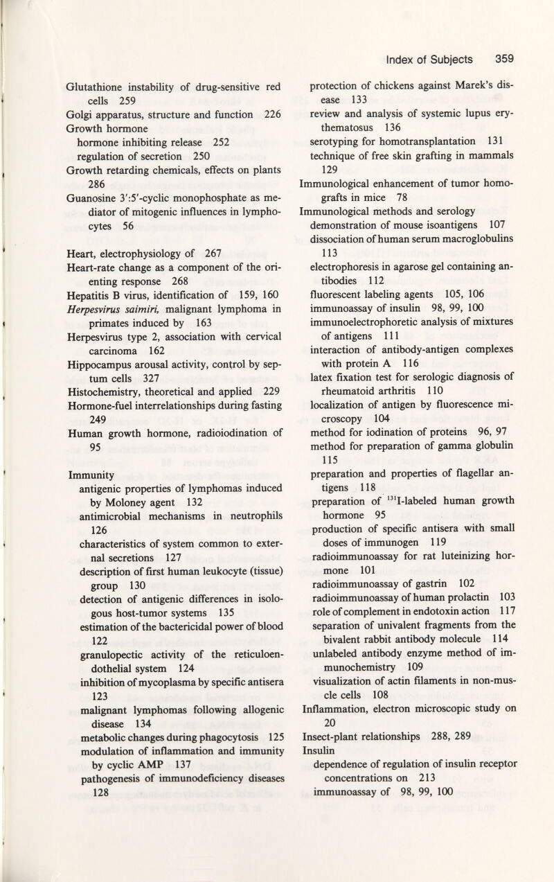 Glutathione instability of drug-sensitive red cells 259 Golgi apparatus, structure and function 226 Growth hormone hormone inhibiting release 252 regulation of secretion 250 Growth retarding chemicals, effects on plants 286 Guanosine 3':5'-cyclic monophosphate as me diator of mitogenic influences in lympho cytes 56 Heart, electrophysiology of 267 Heart-rate change as a component of the ori enting response 268 Hepatitis B virus, identification of 159, 160 Herpesvirus saimirí, malignant lymphoma in primates induced by 163 Herpesvirus type 2, association with cervical carcinoma 162 Hippocampus arousal activity, control by sep tum cells 327 Histochemistry, theoretical and applied 229 Hormone-fuel interrelationships during fasting 249 Human growth hormone, radioiodination of 95 Immunity antigenic properties of lymphomas induced by Moloney agent 132 antimicrobial mechanisms in neutrophils 126 characteristics of system common to exter nal secretions 127 description of first human leukocyte (tissue) group 130 detection of antigenic differences in isolo- gous host-tumor systems 135 estimation of the bactericidal power of blood 122 granulopectic activity of the reticuloen dothelial system 124 inhibition of mycoplasma by specific antisera 123 malignant lymphomas following allogenic disease 134 metabolic changes during phagocytosis 125 modulation of inflammation and immunity by cyclic AMP 137 pathogenesis of immunodeficiency diseases 128 protection of chickens against Marek's dis ease 133 review and analysis of systemic lupus ery thematosus 136 serotyping for homotransplantation 131 technique of free skin grafting in mammals 129 Immunological enhancement of tumor homo- grafts in mice 78 Immunological methods and serology demonstration of mouse isoantigens 107 dissociation of human serum macroglobulins 113 electrophoresis in agarose gel containing an tibodies 112 fluorescent labeling agents 105, 106 immunoassay of insulin 98, 99, 100 immunoelectrophoretic analysis of mixtures of antigens 111 interaction of antibody-antigen complexes with protein A 116 latex fixation test for serologic diagnosis of rheumatoid arthritis 110 localization of antigen by fluorescence mi croscopy 104 method for iodination of proteins 96, 97 method for preparation of gamma globulin 115 preparation and properties of flagellar an tigens 118 preparation of 131 I-labeled human growth hormone 95 production of specific antisera with small doses of immunogen 119 radioimmunoassay for rat luteinizing hor mone 101 radioimmunoassay of gastrin 102 radioimmunoassay of human prolactin 103 role of complement in endotoxin action 117 separation of univalent fragments from the bivalent rabbit antibody molecule 114 unlabeled antibody enzyme method of im- munochemistry 109 visualization of actin filaments in non-mus cle cells 108 Inflammation, electron microscopic study on 20 Insect-plant relationships 288, 289 Insulin dependence of regulation of insulin receptor concentrations on 213 immunoassay of 98, 99, 100