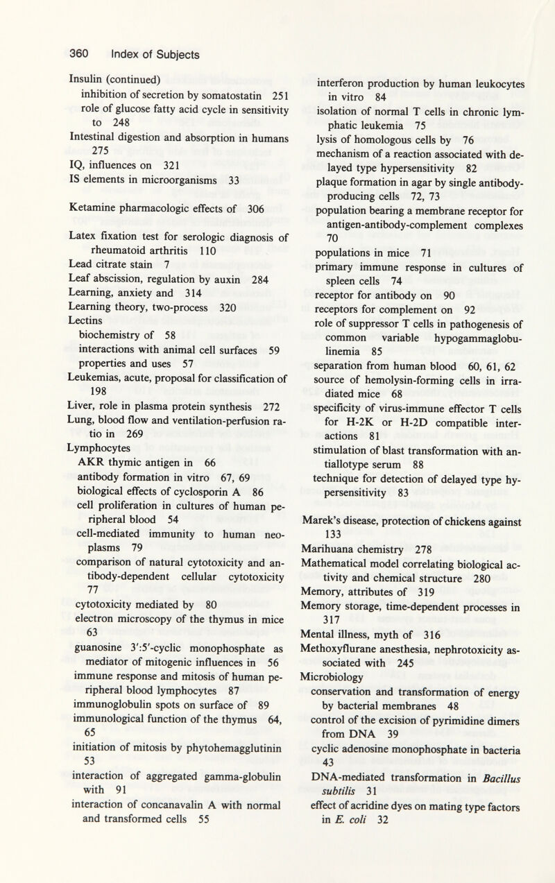 Insulin (continued) inhibition of secretion by somatostatin 251 role of glucose fatty acid cycle in sensitivity to 248 Intestinal digestion and absorption in humans 275 IQ, influences on 321 IS elements in microorganisms 33 Ketamine pharmacologic effects of 306 Latex fixation test for serologic diagnosis of rheumatoid arthritis 110 Lead citrate stain 7 Leaf abscission, regulation by auxin 284 Learning, anxiety and 314 Learning theory, two-process 320 Lectins biochemistry of 58 interactions with animal cell surfaces 59 properties and uses 57 Leukemias, acute, proposal for classification of 198 Liver, role in plasma protein synthesis 272 Lung, blood flow and ventilation-perfusion ra tio in 269 Lymphocytes AKR thymic antigen in 66 antibody formation in vitro 67, 69 biological effects of cyclosporin A 86 cell proliferation in cultures of human pe ripheral blood 54 cell-mediated immunity to human neo plasms 79 comparison of natural cytotoxicity and an tibody-dependent cellular cytotoxicity 77 cytotoxicity mediated by 80 electron microscopy of the thymus in mice 63 guanosine 3':5'-cyclic monophosphate as mediator of mitogenic influences in 56 immune response and mitosis of human pe ripheral blood lymphocytes 87 immunoglobulin spots on surface of 89 immunological function of the thymus 64, 65 initiation of mitosis by phytohemagglutinin 53 interaction of aggregated gamma-globulin with 91 interaction of concanavalin A with normal and transformed cells 55 interferon production by human leukocytes in vitro 84 isolation of normal T cells in chronic lym phatic leukemia 75 lysis of homologous cells by 76 mechanism of a reaction associated with de layed type hypersensitivity 82 plaque formation in agar by single antibody- producing cells 72, 73 population bearing a membrane receptor for antigen-antibody-complement complexes 70 populations in mice 71 primary immune response in cultures of spleen cells 74 receptor for antibody on 90 receptors for complement on 92 role of suppressor T cells in pathogenesis of common variable hypogammaglobu linemia 85 separation from human blood 60, 61, 62 source of hemolysin-forming cells in irra diated mice 68 specificity of virus-immune effector T cells for H-2K or H-2D compatible inter actions 81 stimulation of blast transformation with an- tiallotype serum 88 technique for detection of delayed type hy persensitivity 83 Marek's disease, protection of chickens against 133 Marihuana chemistry 278 Mathematical model correlating biological ac tivity and chemical structure 280 Memory, attributes of 319 Memory storage, time-dependent processes in 317 Mental illness, myth of 316 Methoxyflurane anesthesia, nephrotoxicity as sociated with 245 Microbiology conservation and transformation of energy by bacterial membranes 48 control of the excision of pyrimidine dimers from DNA 39 cyclic adenosine monophosphate in bacteria 43 DNA-mediated transformation in Bacillus subtilis 31 effect of acridine dyes on mating type factors in E. coli 32