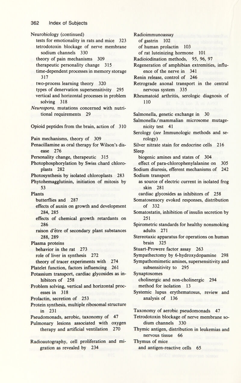 Neurobiology (continued) tests for emotionality in rats and mice 323 tetrodotoxin blockage of nerve membrane sodium channels 330 theory of pain mechanisms 309 therapeutic personality change 315 time-dependent processes in memory storage 317 two-process learning theory 320 types of denervation supersensitivity 295 vertical and horizontal processes in problem solving 318 Neurospora, mutations concerned with nutri tional requirements 29 Opioid peptides from the brain, action of 310 Pain mechanisms, theory of 309 Penacillamine as oral therapy for Wilson's dis ease 276 Personality change, therapeutic 315 Photophosphorylation by Swiss chard chloro- plasts 282 Photosynthesis by isolated chloroplasts 283 Phytohemagglutinin, initiation of mitosis by 53 Plants butterflies and 287 effects of auxin on growth and development 284, 285 effects of chemical growth retardants on 286 raison d'être of secondary plant substances 288, 289 Plasma proteins behavior in the rat 273 role of liver in synthesis 272 theory of tracer experiments with 274 Platelet function, factors influencing 261 Potassium transport, cardiac glycosides as in hibitors of 258 Problem solving, vertical and horizontal proc esses in 318 Prolactin, secretion of 253 Protein synthesis, multiple ribosomal structure in 231 Pseudomonads, aerobic, taxonomy of 47 Pulmonary lesions associated with oxygen therapy and artificial ventilation 270 Radioautography, cell proliferation and mi gration as revealed by 234 Radioimmunoassay of gastrin 102 of human prolactin 103 of rat luteinizing hormone 101 Radioiodination methods, 95, 96, 97 Regeneration of amphibian extremities, influ ence of the nerve in 341 Renin release, control of 246 Retrograde axonal transport in the central nervous system 335 Rheumatoid arthritis, serologic diagnosis of 110 Salmonella, genetic exchange in 30 Salmonella/mammalian microsome mutage nicity test 41 Serology ( see Immunologic methods and se rology) Silver nitrate stain for endocrine cells 216 Sleep biogenic amines and states of 304 effect of para-chlorophenylalanine on 305 Sodium diuresis, efferent mechanisms of 242 Sodium transport as source of electric current in isolated frog skin 281 cardiac glycosides as inhibitors of 258 Somatosensory evoked responses, distribution of 332 Somatostatin, inhibition of insulin secretion by 251 Spirometrie standards for healthy nonsmoking adults 271 Stereotaxic apparatus for operations on human brain 325 Stuart-Prowere factor assay 263 Sympathectomy by 6-hydroxydopamine 298 Sympathomimetic amines, supersensitivity and subsensitivity to 295 Synaptosomes cholinergic and non-cholinergic 294 method for isolation 13 Systemic lupus erythematosus, review and analysis of 136 Taxonomy of aerobic pseudomonads 47 Tetrodotoxin blockage of nerve membrane so dium channels 330 Thymic antigen, distribution in leukemias and nervous tissue 66 Thymus of mice and antigen-reactive cells 65