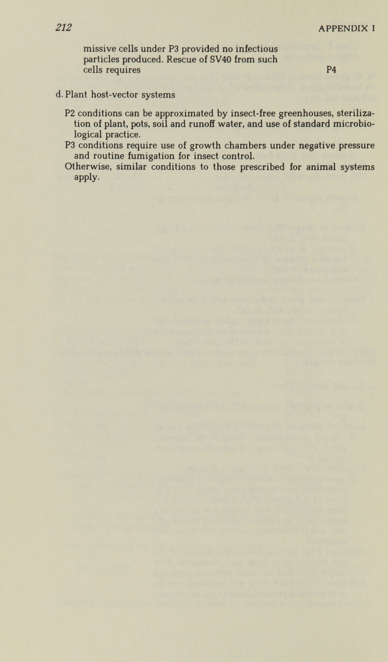 212 APPENDIX I missive cells under P3 provided no infectious particles produced. Rescue of SV40 from such cells requires P4 d. Plant host-vector systems P2 conditions can be approximated by insect-free greenhouses, steriliza¬ tion of plant, pots, soil and runoff water, and use of standard microbio¬ logical practice. P3 conditions require use of growth chambers under negative pressure and routine fumigation for insect control. Otherwise, similar conditions to those prescribed for animal systems apply.
