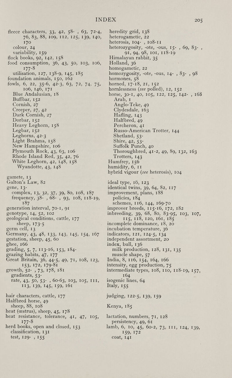 INDEX 205 fleece characters, 33, 42, 58- , 63, 72-4, 76, 83, 88, 109, 112, 125, 139, 140, 170 colour, 24 variability, 159 flock books, 92, 142, 158 food consumption, 36, 43, 50, 103, 106, 177-8 utilisation, 127, 138-9, 145, 185 foundation animals, 150, 162 fowls, 6, 22, 35-6, 42-3, 63, 72, 74, 75, 106, 146, 171 Blue Andalusian, 18 Buffbar, 152 Cornish, 27 Creeper, 27, 42 Dark Cornish, 27 Dorbar, 152 Heavy Leghorn, 158 Legbar, 152 Leghorns, 42-3 Light Brahma, 158 New Hampshire, 106 Plymouth Rock, 43, 63, 106 Rhode Island Red, 35, 42, 76 White Leghorn, 42, 148, 158 Wyandotte, 43, 148 gamete, 13 Galton's Law, 82 gene, 13- complex, 13, 32, 37, 39, 80, 108, 187 frequency, 38- , 68- , 93, 108, 118-19, 187 generation interval, 70-1, 91 genotype, 14, 52, 102 geological conditions, cattle, 177 sheep, 173-5 germ cell, 13 Germany, 43, 48, 133, 143, 145, 154, 167 gestation, sheep, 45, 60 ghee, 166 grading, 5, 7, 113-16, 153, 184- grazing habits, 47, 177 Great Britain, 36, 44-5, 49, 71, 108, 123, 153, 172, 179-81 growth, 52- , 73, 178, 181 gradients, 53- rate, 43, 50, 53- , 60-63, 103, 105, III. 113, 139, 145; 159, 161 hair characters, cattle, 177 Halfbred horse, 49 sheep, 88, 108 heat (oestrus), sheep, 45, 178 heat resistance, tolerance, 41, 47, 105, 177-8 herd books, open and closed, 153 classification, 131 test, 129- , 155 heredity grid, 138 heterogametic, 22 heterosis, 104- , 108-11 heterozygosity, -ote, -ous, 15- , 69, 83- , 91, 94, 98, loi, 118-19 Himalayan rabbit, 35 Holland, 36 homogametic, 22 homozygosity, -ote, -ous, 14- , 83- , 98 hormones, 58 horned, 17-18, 21, 152 hornlessness {see polled), 12, 152 horse, 30-1, 40, 105, 122, 125, 142- , i68 Arab, I Anglo-Teke, 49 Clydesdale, 163 Hafling, 143 Halfbred, 49 Percheron, 41 Russo-American Trotter, 144 Shetland, 53- Shire, 42, 53- Suifolk Punch, 40 Thoroughbred, 41-2, 49, 89, 132, 163 Trotters, 143 Humfrey, 156 humidity, 6, II hybrid vigour {see heterosis), 104 ideal type, 10, 123 identical twins, 39, 64, 82, 117 improvement, plans, 188 policies, 184 schemes, 116, 144, 169-70 improver breeds, 115-16, 172, 182 inbreeding, 39, 68, 80, 83-95, 103, 107, 115, 118, 120, 161, 185 incomplete dominance, 18, 20 incubation temperature, 36 indicators, 121, 124-5, ^34 independent assortment, 20 index, bull, 136 milk production, 128, 131, 135 muscle shape, 57 India, 8, 116, 154, 164, 166 intensity, egg production, 75 intermediate types, 108, no, 118-19, 157, 164 isogenic lines, 64 Italy, 155 judging, 122-5, 139, 159 Kenya, 185 lactation, numbers, 71, 128 persistency, 49, 61 lamb, 6, 10, 45, 60-2, 73, III, 124, 139, 159, 172 coat, 141