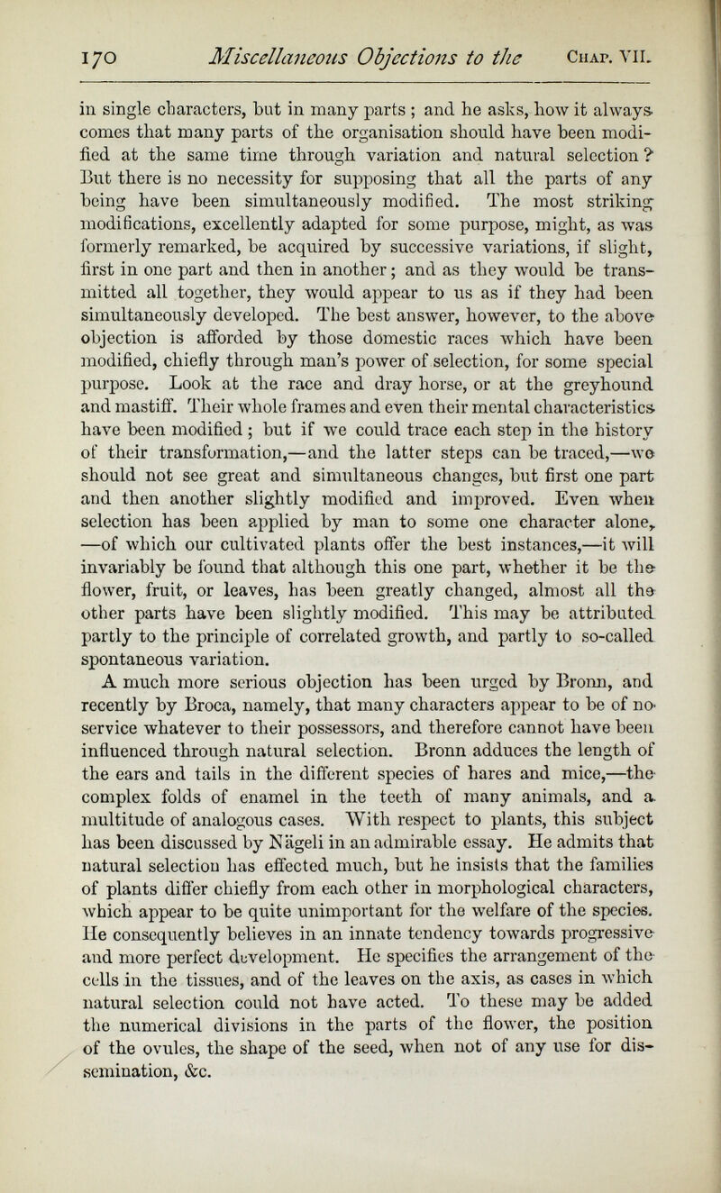 in single characters, but in many parts ; and he asks, how it always- comes that many parts of the organisation should have been modi fied at the same time through variation and natural selection ? But there is no necessity for supposing that all the parts of any being have been simultaneously modified. The most striking modifications, excellently adapted for some purpose, might, as was formerly remarked, be acquired by successive variations, if slight, first in one part and then in another; and as they would be trans mitted all together, they would appear to us as if they had been simultaneously developed. The best answer, however, to the above objection is afforded by those domestic races which have been modified, chiefly through man’s power of selection, for some special purpose. Look at the race and dray horse, or at the greyhound and mastiff. Their whole frames and even their mental characteristics- have been modified ; but if we could trace each step in the history of their transformation,—and the latter steps can be traced,—-wo should not see great and simultaneous changes, but first one part and then another slightly modified and improved. Even when selection has been applied by man to some one character alone, —of which our cultivated plants offer the best instances,—it will invariably be found that although this one part, whether it be the flower, fruit, or leaves, has been greatly changed, almost all the other parts have been slightly modified. This may be attributed partly to the principle of correlated growth, and partly to so-called spontaneous variation. A much more serious objection has been urged by Bronn, and recently by Broca, namely, that many characters appear to be of no service whatever to their possessors, and therefore cannot have been influenced through natural selection. Bronn adduces the length of the ears and tails in the different species of hares and mice,—the- complex folds of enamel in the teeth of many animals, and a multitude of analogous cases. With respect to plants, this subject has been discussed by Niigeli in an admirable essay. He admits that natural selection has effected much, but he insists that the families of plants differ chiefly from each other in morphological characters, which appear to be quite unimportant for the welfare of the species, lie consequently believes in an innate tendency towards progressive and more perfect development. He specifies the arrangement of the cells in the tissues, and of the leaves on the axis, as cases in which natural selection could not have acted. To these may be added the numerical divisions in the parts of the flower, the position of the ovules, the shape of the seed, when not of any use for dis semination, &c.