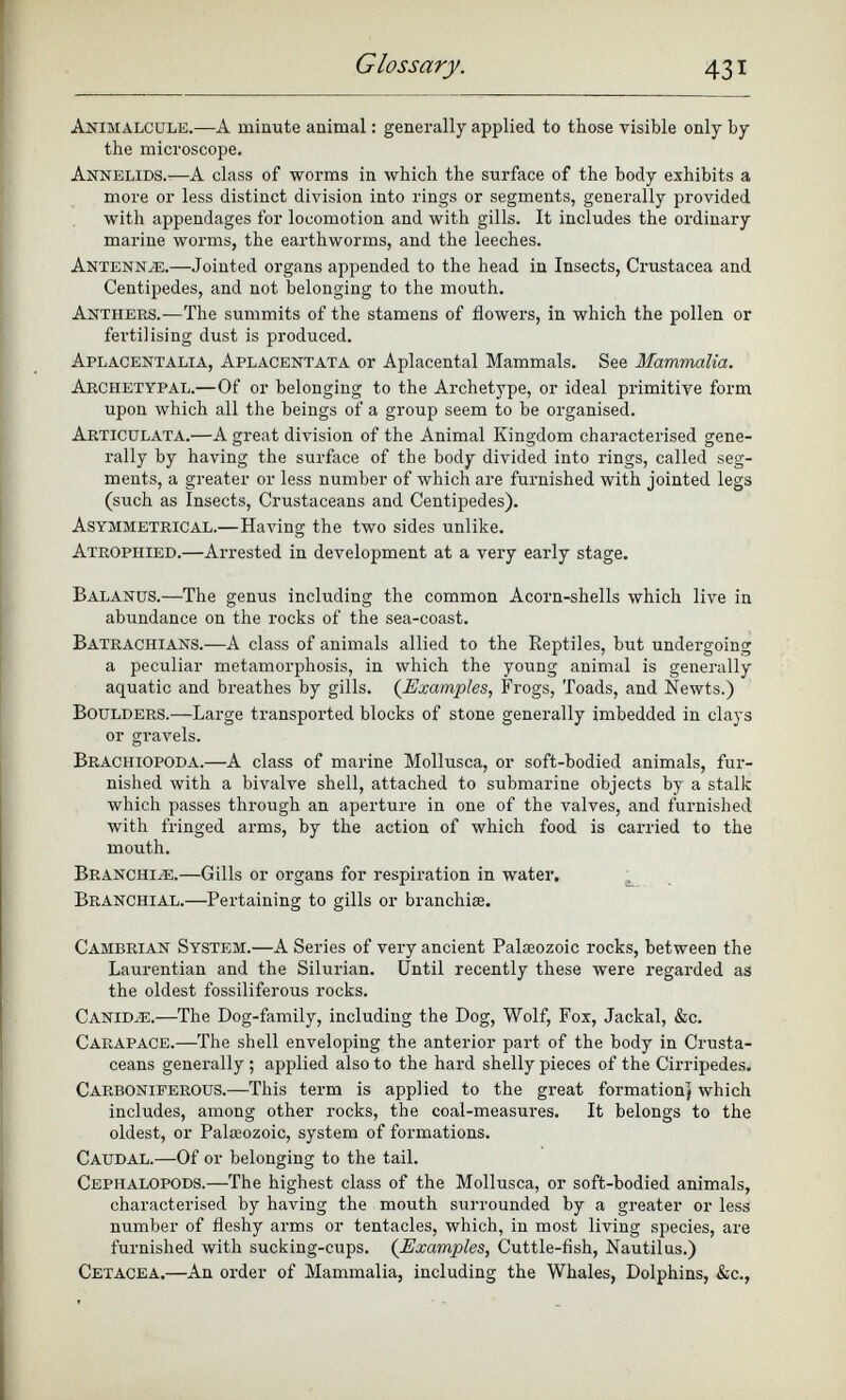 Animalcule. —A minute animal: generally applied to those visible only by the microscope. Annelids.—A class of worms in which the surface of the body exhibits a more or less distinct division into rings or segments, generally provided with appendages for locomotion and with gills. It includes the ordinary marine worms, the earthworms, and the leeches. Antennae. —Jointed organs appended to the head in Insects, Crustacea and Centipedes, and not belonging to the mouth. Anthers.— The summits of the stamens of flowers, in which the pollen or fertilising dust is produced. Aplacentalia, Aplacentata or Aplacental Mammals. See Mammalia. Archetypal.— Of or belonging to the Archetype, or ideal primitive form upon which all the beings of a group seem to be organised. Articulata. —A great division of the Animal Kingdom characterised gene rally by having the surface of the body divided into rings, called seg ments, a greater or less number of which are furnished with jointed legs (such as Insects, Crustaceans and Centipedes). Asymmetrical. — Having the two sides unlike. Atrophied.—A rrested in development at a very early stage. Balanus. —The genus including the common Acorn-shells which live in abundance on the rocks of the sea-coast. Batrachians. —A class of animals allied to the Beptiles, but undergoing a peculiar metamorphosis, in which the young animal is generally aquatic and breathes by gills. ( Examples , Frogs, Toads, and Newts.) Boulders.—L arge transported blocks of stone generally imbedded in clays or gravels. Brachiopoda.— A class of marine Mollusca, or soft-bodied animals, fur nished with a bivalve shell, attached to submarine objects by a stalk which passes through an aperture in one of the valves, and furnished with fringed arms, by the action of which food is carried to the mouth. Branchiae. —Gills or organs for respiration in water. Branchial.— Pertaining to gills or branchiae. Cambrian System. —A Series of very ancient Palaeozoic rocks, between the Laurentian and the Silurian. Until recently these were regarded as the oldest fossiliferous rocks. Canid^e.— The Dog-family, including the Dog, Wolf, Fox, Jackal, &c. Carapace.— The shell enveloping the anterior part of the body in Crusta ceans generally ; applied also to the hard shelly pieces of the Cirripedes. Carboniferous. —This term is applied to the great formation] which includes, among other rocks, the coal-measures. It belongs to the oldest, or Palaeozoic, system of formations. Caudal. —Of or belonging to the tail. Cephalopods. —The highest class of the Mollusca, or soft-bodied animals, characterised by having the mouth surrounded by a greater or less number of fleshy arms or tentacles, which, in most living species, are furnished with sucking-cups. (Examples, Cuttle-fish, Nautilus.) Cetacea. —An order of Mammalia, including the Whales, Dolphins, &c.,
