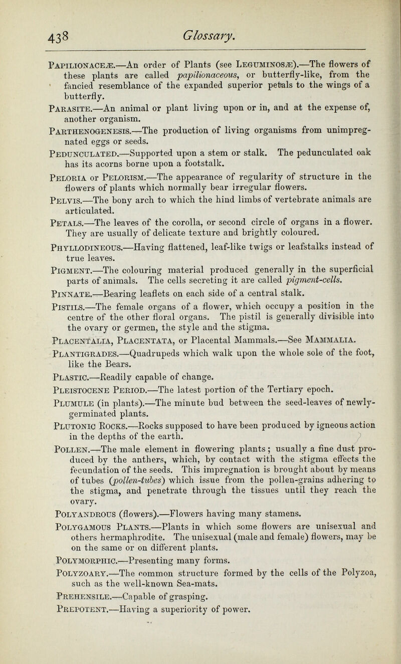 Papilionaceje. —An order of Plants (see Leguminos/e). —The flowers of these plants are called papilionaceous, or butterfly-like, from the fancied resemblance of the expanded superior petals to the wings of a butterfly. Parasite. —An animal or plant living upon or in, and at the expense of, another organism. Parthenogenesis. —The production of living organisms from unimpreg nated eggs or seeds. Pedunculated. —Supported upon a stem or stalk. The pedunculated oak has its acorns borne upon a footstalk. Peloria or Pelorism.—T he appearance of regularity of structure in the flowers of plants which normally bear irregular flowers. Pelvis. —The bony arch to which the hind limbs of vertebrate animals are articulated. Petals. —The leaves of the corolla, or second circle of organs in a flower. They are usually of delicate texture and brightly coloured. Piiyllodineous.—H aving flattened, leaf-like twigs or leafstalks instead of true leaves. Pigment. —The colouring material produced generally in the superficial parts of animals. The cells secreting it are called pigment-cells. Pinnate. —Bearing leaflets on each side of a central stalk. Pistils. —The female organs of a flower, which occupy a position in the centre of the other floral organs. The pistil is generally divisible into the ovary or germen, the style and the stigma. Placentalia, Placentata, or Placental Mammals.—See Mammalia. Plantigrades. —Quadrupeds which walk upon the whole sole of the foot, like the Bears. Plastic.—K eadily capable of change. Pleistocene Period. —The latest portion of the Tertiary epoch. Plumule (in plants).—The minute bud between the seed-leaves of newly- germinated plants. Plutonic Rocks. —Rocks supposed to have been produced by igneous action in the depths of the earth. Pollen. —-The male element in flowering plants; usually a fine dust pro duced by the anthers, which, by contact with the stigma effects the fecundation of the seeds. This impregnation is brought about by means of tubes (pollen-tubes') which issue from the pollen-grains adhering to the stigma, and penetrate through the tissues until they reach the ovary. Polyandrous (flowers).—Flowers having many stamens. Polygamous Plants. —Plants in which some flowers are unisexual and others hermaphrodite. The unisexual (male and female) flowers, may be on the same or on different plants. Polymorphic. —Presenting many forms. Polyzoary. —The common structure formed by the cells of the Polyzoa, such as the well-known Sea-mats. Prehensile.—C apable of grasping. Prepotent. —Having a superiority of power.