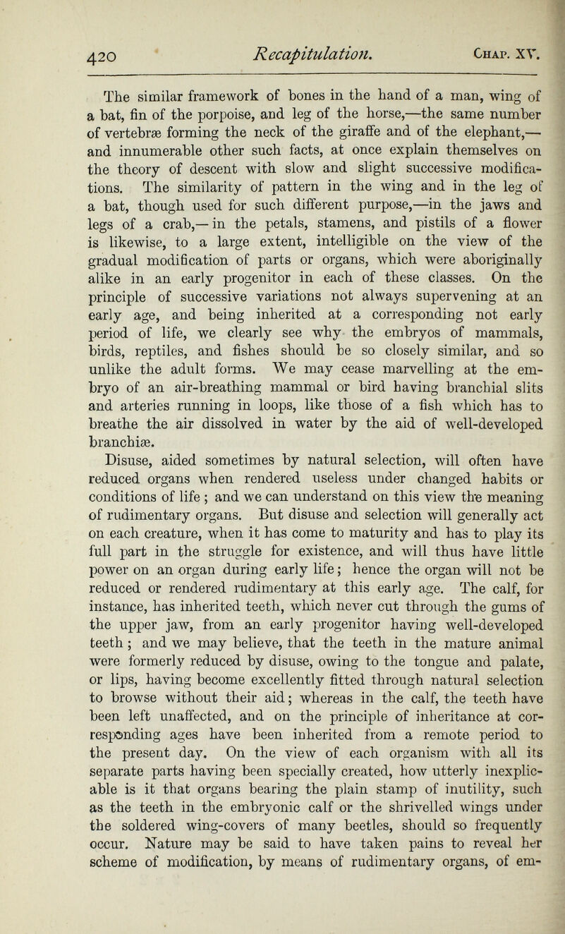 The similar framework of bones in the hand of a man, wing of a bat, fin of the porpoise, and leg of the horse,—the same number of vertebras forming the neck of the giraffe and of the elephant,— and innumerable other such facts, at once explain themselves on the theory of descent with slow and slight successive modifica tions. The similarity of pattern in the wing and in the leg of a bat, though used for such different purpose,—in the jaws and legs of a crab,—in the petals, stamens, and pistils of a flower is likewise, to a large extent, intelligible on the view of the gradual modification of parts or organs, which were aboriginally alike in an early progenitor in each of these classes. On the principle of successive variations not always supervening at an early age, and being inherited at a corresponding not early period of life, we clearly see why the embryos of mammals, birds, reptiles, and fishes should be so closely similar, and so unlike the adult forms. We may cease marvelling at the em bryo of an air-breathing mammal or bird having branchial slits and arteries running in loops, like those of a fish which has to breathe the air dissolved in water by the aid of well-developed branchiæ. Disuse, aided sometimes by natural selection, will often have reduced organs when rendered useless under changed habits or conditions of life ; and we can understand on this view tire meaning of rudimentary organs. But disuse and selection will generally act on each creature, when it has come to maturity and has to play its full part in the struggle for existence, and will thus have little power on an organ during early life ; hence the organ will not be reduced or rendered rudimentary at this early age. The calf, for instance, has inherited teeth, which never cut through the gums of the upper jaw, from an early progenitor having well-developed teeth ; and we may believe, that the teeth in the mature animal were formerly reduced by disuse, owing to the tongue and palate, or lips, having become excellently fitted through natural selection to browse without their aid ; whereas in the calf, the teeth have been left unaffected, and on the principle of inheritance at cor responding ages have been inherited from a remote period to the present day. On the view of each organism with all its separate parts having been specially created, how utterly inexplic able is it that organs bearing the plain stamp of inutility, such as the teeth in the embryonic calf or the shrivelled wings under the soldered wing-covers of many beetles, should so frequently occur. Nature may be said to have taken pains to reveal her scheme of modification, by means of rudimentary organs, of em-