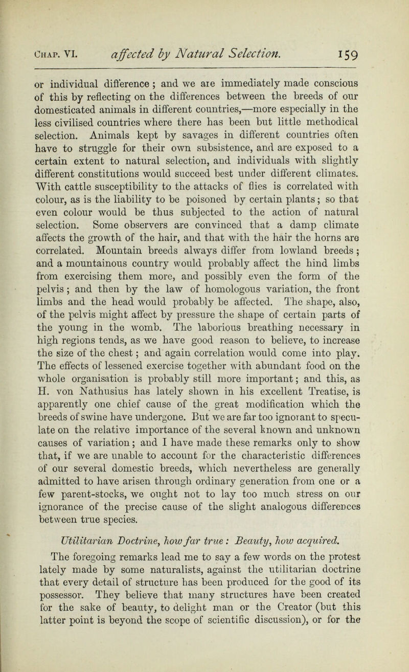 or individual difference ; and we aie immediately made conscious of this by reflecting on the differences between the breeds of our domesticated animals in different countries,—more especially in the less civilised countries where there has been but little methodical selection. Animals kept by savages in different countries often have to struggle for their own subsistence, and are exposed to a certain extent to natural selection, and individuals with slightly different constitutions would succeed best under different climates. With cattle susceptibility to the attacks of flies is correlated with colour, as is the liability to be poisoned by certain plants; so that even colour would be thus subjected to the action of natural selection. Some observers are convinced that a damp climate affects the growth of the hair, and that with the hair the horns are correlated. Mountain breeds always differ from lowland breeds ; and a mountainous country would probably affect the hind limbs from exercising them more, and possibly even the form of the pelvis; and then by the law of homologous variation, the front limbs and the head would probably be affected. The shape, also, of the pelvis might affect by pressure the shape of certain parts of the young in the womb. The laborious breathing necessary in high regions tends, as we have good reason to believe, to increase the size of the chest; and again correlation would come into play. The effects of lessened exercise together with abundant food on the whole organisation is probably still more important; and this, as H. von Nathusius has lately shown in his excellent Treatise, is apparently one chief cause of the great modification which the breeds of swine have undergone. But we are far too ignorant to specu late on the relative importance of the several known and unknown causes of variation; and I have made these remarks only to show that, if w r e are unable to account for the characteristic differences of our several domestic breeds, which nevertheless are generally admitted to have arisen through ordinary generation from one or a few parent-stocks, we ought not to lay too much stress on our ignorance of the precise cause of the slight analogous differences between true species. Utilitarian Doctrine , how far true : Beauty, how acquired. The foregoing remarks lead me to say a few words on the protest lately made by some naturalists, against the utilitarian doctrine that every detail of structure has been produced for the good of its possessor. They believe that many structures have been created for the sake of beauty, to delight man or the Creator (but this latter point is beyond the scope of scientific discussion), or for the