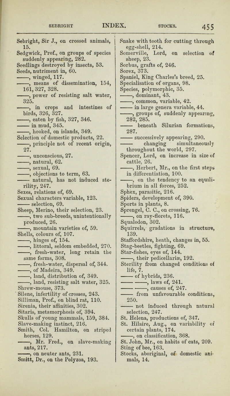 Sebright, Sir J., on crossed animals, j 15. Sedgwick, Prof., on groups of species suddenly appearing, 282. Seedlings destroyed by insects, 53. Seeds, nutriment in, 60. , winged, 117. , means of dissemination, 154, 161, 327, 328. , power of resisting salt water, 325. , in crops and intestines of birds, 326, 327. , eaten by fish, 327, 346. in mud, 345. , hooked, on islands, 349. Selection of domestic products, 22. , principle not of recent origin, 27. , unconscious, 27. , natural, 62. , sexual, 69. , objections to term, 63. natural, has not induced ste- rility, 247. Sexes, relations of, 69. Sexual characters variable, 123. selection, 69. Sheep, Merino, their selection, 23. , two sub-breeds, unintentionally produced, 26. , mountain varieties of, 59. Shells, colours of, 107. , hinges of, 154. , littoral, seldom embedded, 270. , fresh-water, long retain the same forms, 308. , fresh-water, dispersal of, 344. , of Madeira, 349. , land, distribution of, 349. , land, resisting salt water, 325. Shrew-mouse, 373. Silene, infertility of crosses, 243. Silliman, Prof., on blind rat, 110. Sirenia, their affinities, 302. Sitaris, metamorphosis of, 394. Skulls of young mammals, 159, 384. Slave-making instinct, 216. Smith, Col. Hamilton, on striped horses, 129. , Mr. Fred., on slave-making ants, 217. , on neuter ants, 231. Smitt, Dr., on the Polyzoa, 193. Snake with tooth for cutting through egg-shell, 214. Somerville, Lord, on selection of sheep, 23. Sorbus, grafts of, 246. Sorex, 373. Spaniel, King Charles’s breed, 25. Specialisation of organs, 98. Species, polymorphic, 35. , dominant, 43. , common, variable, 42. in large genera variable, 44. , groups of, suddenly appearing, 282, 285. beneath Silurian formations, 287. successively appearing, 290. changing simultaneously throughout the world, 297. Spencer, Lord, on increase in size of cattle, 26. , Herbert, Mr., on the first steps in differentiation, 100. , on the tendency to an equili brium in all forces, 252. Sphex, parasitic, 216. Spiders, development of, 390. Sports in plants, 8. Sprengel, C. C., on crossing, 76. , on ray-florets, 116. Squalodon, 302. Squirrels, gradations in structure, 139. Staffordshire, heath, changes in, 55. Stag-beetles, fighting, 69. Star-fishes, eyes of, 144. , their pedicellarias, 192. Sterility from changed conditions of life, 7. of hybrids, 236. , laws of, 241. , causes of, 247. from unfavourable conditions, 250. not induced through natural selection, 247. St. Helena, productions of, 347. St. Hilaire, Aug., on variability or certain plants, 174. , on classification, 368. St. John, Mr., on habits of cats, 209. Sting of bee, 163. Stocks, aboriginal, of domestic ani mals, 14.