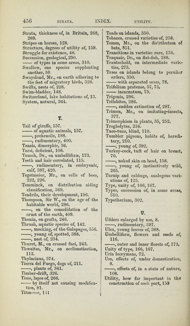 Strata, thickness of, in Britain, 268, 269. Stripes on horses, 128. Structure, degrees of utility of, 159. Struggle for existence, 48. Succession, geological, 290. of types in same areas, 310. Swallow, one species supplanting another, 59. Swaysland, Mr., on earth adhering to the feet of migratory birds, 328. Swifts, nests of, 228. Swim-bladder, 148. Switzerland, lake habitations of, 13. System, natural, 364. T. Tail of giraffe, 157. of aquatic animals, 157. , prehensile, 188. ■ , rudimentary, 400. Tanais, dimorphic, 36. Tarsi, deficient, 108. Tausch, Dr., on umbelliferæ, 173. Teeth and hair correlated, 115. , rudimentary, in embryonic, calf, 397, 420. Tegetmeier, Mr., on cells of bees, 222, 226. Temminck, on distribution aiding classification, 369. Tendrils, their development, 196. Thompson, Sir W., on the age of the habitable world, 286. , on the consolidation of the crust of the earth, 409. Thouin, on grafts, 246. Thrush, aquatic species of, 142. , mocking, of the Galapagos, 356. , young of, spotted, 388. , nest of, 234. Thuret, M., on crossed fuci, 243. Thwaites, Mr., on acclimatisation, 112 . Thylacinus, 374. Tierra del Fuego, dogs of, 211. , plants of, 341. Timber-drift, 326. Time, lapse of, 266. • by itself not causing modifica tion, 81. Titmouse, 111 Toads on islands, 350. Tobacco, crossed varieties of, 258. Tomes, Mr., on the distribution of bats, 351. Transitions in varieties rare, 134. Traquair, Dr., on flat-fish, 188. Trautschold, on intermediate varie ties, 275. Trees on islands belong to peculiar orders, 350. with separated sexes, 78. Trifolium pratense, 57, 75. incarnatum, 75. Trigonia, 296. Trilobites, 286. , sudden extinction of, 297. Trimen, Mr., on imitating-insects, 377. Trimorphism in plants, 35, 252. Troglodytes, 234. Tuco-tuco, blind, 110. Tumbler pigeons, habits of, heredi tary, 210. , young of, 392. Turkey-cock, tuft of hair on breast, 70. , naked skin on head, 158. , young of, instinctively wild, 265. Turnip and cabbage, analogous vari ations of, 125. Type, unity of, 166, 167. Types, succession of, in same areas, 310. Typotherium, 302. U. Udders enlarged by use, 8. , rudimentary, 397. Ulex, young leaves of, 388. Umbelliferae, flowers and seeds of, 116. , outer and inner florets of, 173. Unity of type, 166, 167. Uria lacrymans, 72. Use, effects of, under domestication, 8 . , effects of, in a state of nature, 108. Utility, how far important in the construction of each part, 159