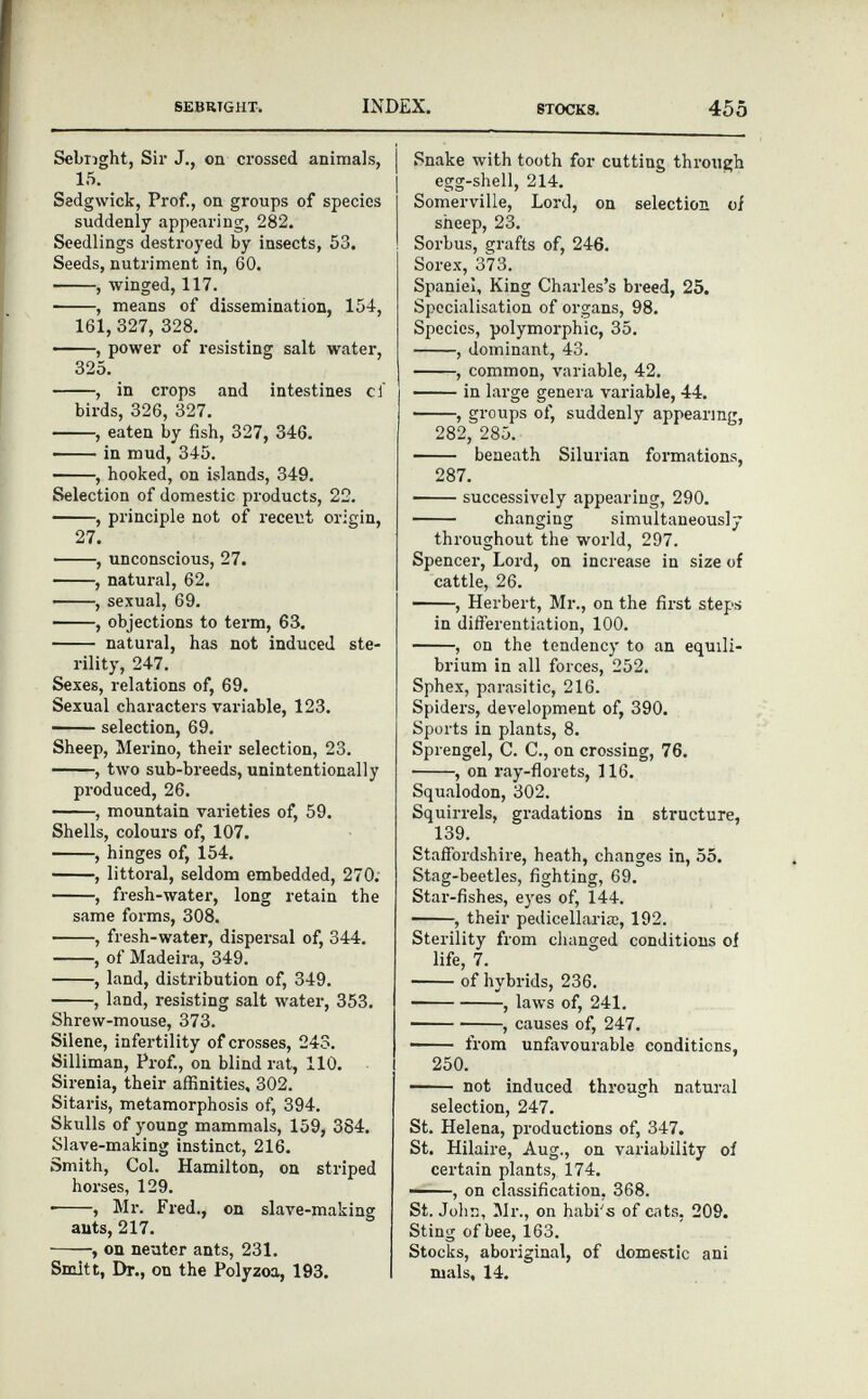 Scbnght, Sir J., on crossed animals, I 15. Sedgwick, Prof., on groups of species suddenly appearing, 282. Seedlings destroyed by insects, 53. Seeds, nutriment in, 60. , winged, 117. , means of dissemination, 154, 161,327, 328. , power of resisting salt water, 325. , in crops and intestines ci birds, 326, 327. , eaten by fish, 327, 346. in mud, 345. , hooked, on islands, 349. Selection of domestic products, 22. , principle not of recent origin, 27. , unconscious, 27. , natural, 62. , sexual, 69. , objections to term, 63. natural, has not induced ste rility, 247. Sexes, relations of, 69. Sexual characters variable, 123. selection, 69. Sheep, Merino, their selection, 23. , two sub-breeds, unintentionally produced, 26. , mountain varieties of, 59. Shells, colours of, 107. , hinges of, 154. , littoral, seldom embedded, 270. , fresh-water, long retain the same forms, 308. • , fresh-water, dispersal of, 344. , of Madeira, 349. , land, distribution of, 349. , land, resisting salt water, 353. Shrew-mouse, 373. Silene, infertility of crosses, 243. Silliman, Prof., on blind rat, 110. Sirenia, their affinities, 302. Sitaris, metamorphosis of, 394. Skulls of young mammals, 159, 384. Slave-making instinct, 216. Smith, Col. Hamilton, on striped horses, 129. , Mr. Fred., on slave-making ants, 217. , on neuter ants, 231. Smitt, Dr., on the Polyzoa, 193. Snake with tooth for cutting through egg-shell, 214. Somerville, Lord, on selection of sheep, 23. Sorbus, grafts of, 246. Sorex, 373. Spaniel, King Charles’s breed, 25. Specialisation of organs, 98. Species, polymorphic, 35. , dominant, 43. , common, variable, 42. in large genera variable, 44. , groups of, suddenly appearing, 282, 285. beneath Silurian formations, 287. successively appearing, 290. changing simultaneously throughout the world, 297. Spencer, Lord, on increase in size of cattle, 26. , Herbert, Mr., on the first steps in differentiation, 100 . , on the tendency to an equili brium in all forces, 252. Sphex, parasitic, 216. Spiders, development of, 390. Sports in plants, 8 . Sprengel, C. C., on crossing, 76. , on ray-florets, 116. Squalodon, 302. Squirrels, gradations in structure, 139. Staffordshire, heath, changes in, 55. Stag-beetles, fighting, 69. Star-fishes, eyes of, 144. , their pedicellariai, 192. Sterility from changed conditions of life, 7. of hybrids, 236. , laws of, 241. , causes of, 247. from unfavourable conditions, 250. not induced through natural selection, 247. St. Helena, productions of, 347. St. Hilaire, Aug., on variability of certain plants, 174. , on classification, 368. St. John, Mr., on habi's of cats, 209. Sting of bee, 163. Stocks, aboriginal, of domestic ani mals, 14.