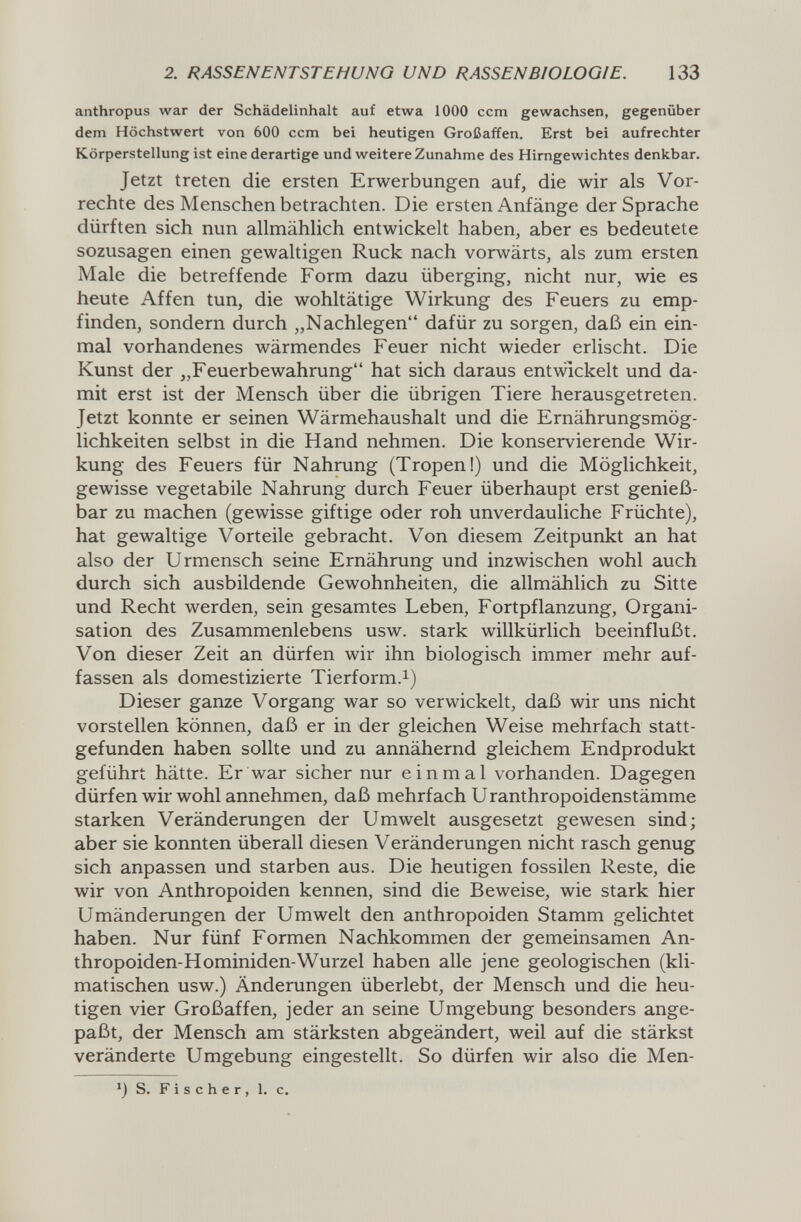 2. RASSENENTSTEfJUNO UND RASSEN BIOLOGI E. 133 anthropus war der Schädelinhalt auf etwa 1000 ccm gewachsen, gegenüber dem Höchstwert von 600 ccm bei heutigen Großaffen. Erst bei aufrechter Körperstellung ist eine derartige und weitere Zunahme des Hirngewichtes denkbar. Jetzt treten die ersten Erwerbungen auf, die wir als Vor¬ rechte des Menschen betrachten. Die ersten Anfänge der Sprache dürften sich nun allmählich entwickelt haben, aber es bedeutete sozusagen einen gewaltigen Ruck nach vorwärts, als zum ersten Male die betreffende Form dazu überging, nicht nur, wie es heute Affen tun, die wohltätige Wirkung des Feuers zu emp¬ finden, sondern durch „Nachlegen dafür zu sorgen, daß ein ein¬ mal vorhandenes wärmendes Feuer nicht wieder erlischt. Die Kunst der „Feuerbewahrung hat sich daraus entwickelt und da¬ mit erst ist der Mensch über die übrigen Tiere herausgetreten. Jetzt konnte er seinen Wärmehaushalt und die Ernährungsmög¬ lichkeiten selbst in die Hand nehmen. Die konservierende Wir¬ kung des Feuers für Nahrung (Tropen!) und die Möglichkeit, gewisse vegetabile Nahrung durch Feuer überhaupt erst genieß¬ bar zu machen (gewisse giftige oder roh unverdauliche Früchte), hat gewaltige Vorteile gebracht. Von diesem Zeitpunkt an hat also der Urmensch seine Ernährung und inzwischen wohl auch durch sich ausbildende Gewohnheiten, die allmählich zu Sitte und Recht werden, sein gesamtes Leben, Fortpflanzung, Organi¬ sation des Zusammenlebens usw. stark willkürlich beeinflußt. Von dieser Zeit an dürfen wir ihn biologisch immer mehr auf¬ fassen als domestizierte Tierform.i) Dieser ganze Vorgang war so verwickelt, daß wir uns nicht vorstellen können, daß er in der gleichen Weise mehrfach statt¬ gefunden haben sollte und zu annähernd gleichem Endprodukt geführt hätte. Er war sicher nur einmal vorhanden. Dagegen dürfen wir wohl annehmen, daß mehrfach Uranthropoidenstämme starken Veränderungen der Umwelt ausgesetzt gewesen sind; aber sie konnten überall diesen Veränderungen nicht rasch genug sich anpassen und starben aus. Die heutigen fossilen Reste, die wir von Anthropoiden kennen, sind die Beweise, wie stark hier Umänderungen der Umwelt den anthropoiden Stamm gelichtet haben. Nur fünf Formen Nachkommen der gemeinsamen An- thropoiden-Hominiden-Wurzel haben alle jene geologischen (kli¬ matischen usw.) Änderungen überlebt, der Mensch und die heu¬ tigen vier Großaffen, jeder an seine Umgebung besonders ange¬ paßt, der Mensch am stärksten abgeändert, weil auf die stärkst veränderte Umgebung eingestellt. So dürfen wir also die Men- S. Fischer, 1. c.