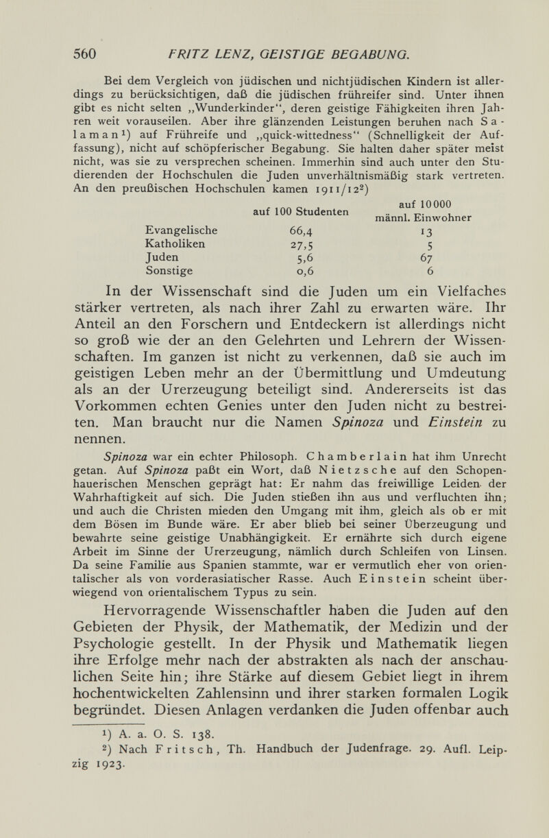 560 FRITZ LENZ, GEISTIGE BEGABUNG. Bei dem Vergleich von jüdischen und nicht jüdischen Kindern ist aller¬ dings zu berücksichtigen, daß die jüdischen frühreifer sind. Unter ihnen gibt es nicht selten „Wunderkinder, deren geistige Fähigkeiten ihren Jah¬ ren weit vorauseüen. Aber ihre glänzenden Leistungen beruhen nach S a - 1 a m a n auf Frühreife und ,,quick-wittedness (Schnelligkeit der Auf¬ fassung), nicht auf schöpferischer Begabung. Sie halten daher später meist nicht, was sie zu versprechen scheinen. Immerhin sind auch unter den Stu¬ dierenden der Hochschulen die Juden unverhältnismäßig stark vertreten. An den preußischen Hochschulen kamen 1911/122) In der Wissenschaft sind die Juden um ein Vielfaches stärker vertreten, als nach ihrer Zahl zu erwarten wäre. Ihr Anteil an den Forschern und Entdeckern ist allerdings nicht so groß wie der an den Gelehrten und Lehrern der Wissen¬ schaften. Im ganzen ist nicht zu verkennen, daß sie auch im geistigen Leben mehr an der Übermittlung und Umdeutung als an der Urerzeugung beteiligt sind. Andererseits ist das Vorkommen echten Genies unter den Juden nicht zu bestrei¬ ten. Man braucht nur die Namen Spinoza und Einstein zu nennen. Spinoza war ein echter Philosoph. Chamberlain hat ihm Unrecht getan. Auf Spinoza paßt ein Wort, daß Nietzsche auf den Schopen¬ hauerischen Menschen geprägt hat: Er nahm das freiwillige Leiden- der Wahrhaftigkeit auf sich. Die Juden stießen ihn aus und verfluchten ihn; und auch die Christen mieden den Umgang mit ihm, gleich als ob er mit dem Bösen im Bunde wäre. Er aber blieb bei serner Überzeugung und bewahrte seine geistige Unabhängigkeit. Er ernährte sich durch eigene Arbeit im Sinne der Urerzeugung, nämlich durch Schleifen von Linsen. Da seine Familie aus Spanien stammte, war er vermutlich eher von orien¬ talischer als von vorderasiatischer Rasse. Auch Einstein scheint über¬ wiegend von orientalischem Typus zu sein. Hervorragende Wissenschaftler haben die Juden auf den Gebieten der Physik, der Mathematik, der Medizin und der Psychologie gestellt. In der Physik und Mathematik liegen ihre Erfolge mehr nach der abstrakten als nach der anschau¬ lichen Seite hin; ihre Stärke auf diesem Gebiet liegt in ihrem hochentwickelten Zahlensinn und ihrer starken formalen Logik begründet. Diesen Anlagen verdanken die Juden offenbar auch 1) A. a. O. S. 138. 2) Nach F r i t s с h , Th. Handbuch der Judenfrage. 29. Aufl. Leip¬ zig 1923. auf 100 Studenten auf 10000 männl. Einwohner Evangelische Katholiken Juden Sonstige 66,4 27,5 5,6 0,6 13 5 67 6