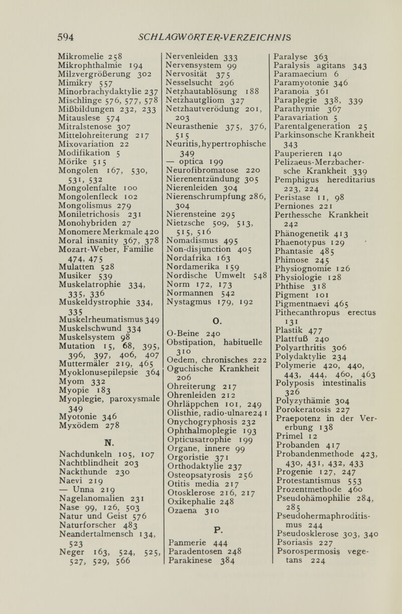 594 SCHLAGWÖRTER- VERZEICHNIS Mikromelie 258 Mikrophthalmie 194 Milzvergrößerung 302 Mimikry 557 Minorbrachydaktylie 237 Mischlinge 576, 577, 578 Mißbildungen 232, 233 Mitauslese 574 Mitralstenose 307 Mittelohreiterung 217 Mixovariation 22 Modifikation 5 Mörike 515 Mongolen 167, 530, 531, 532 Mongolenfalte 100 Mongolenfleck 102 Mongolismus 279 Moniletrichosis 231 Monohybriden 27 Monomere Merkmale 420 Moral insanity 367, 378 Mozart-Weber, Familie 474, 475 Mulatten 528 Musiker 539 Muskelatrophie 334, 335, 336 Muskeldystrophie 334, 335 Muskelrheumatismus 349 Muskelschwund 334 Muskelsystem 98 Mutation 15, 68, 395, 396, 397, 406, 407 Muttermäler 219, 465 Myoklonusepilepsie 364 Myom 332 Myopie 183 Myoplegie, paroxysmale 349 Myotonie 346 Myxödem 278 N. Nachdunkeln 105, 107 Nachtblindheit 203 Nackthunde 230 Naevi 219 — Unna 219 Nagelanomalien 231 Nase 99, 126, 503 Natur und Geist 576 Naturforscher 483 Neandertalmensch 134, 523 Neger 163, 524, 525, 527, 529, 566 Nervenleiden 333 Nervensystem 99 Nervosität 375 Nesselsucht 296 Netzhautablösung 188 Netzhautgliom 327 Netzhautverödung 201, 203 Neurasthenie 375, 376, 515 Neuritis, hypertrophische 349 — optica 199 Neurofibromatose 220 Nierenentzündung 305 Nierenleiden 304 Nierenschrumpfung 286, .304 Nierensteine 295 Nietzsche 509, 513, 515, 516 Nomadismus 495 Non-disjunction 405 Nordafrika 163 Nordamerika 159 Nordische Umwelt 548 Norm 172, 173 Normannen 542 Nystagmus 179, 192 O. O-Beine 240 Obstipation, habituelle 310 Oedem, chronisches 222 Oguchische Krankheit 206 Ohreiterung 217 Ohrenleiden 212 Ohrläppchen loi, 249 Olisthie, radio-ulnare24 i Onychogryphosis 232 Ophthalmoplegie 193 Opticusatrophie 199 Organe, innere 99 Orgoristie 371 Orthodaktylie 237 Osteopsatyrosis 256 Otitis media 217 Otosklerose 216, 217 Oxikephalie 248 Ozaena 310 P. Panmerie 444 Paradentosen 248 Parakinese 384 Paralyse 363 Paralysis agitans 343 Paramaecium 6 Paramyotonie 346 Paranoia 361 Paraplegie 338, 339 Parathymie 367 Paravariation 5 Parentalgeneration 25 Parkinsonsche Krankheit 343 Pauperieren 140 Pelizaeus-Merzbacher- sche Krankheit 339 Pemphigus hereditarius 223, 224 Peristase 11, 98 Perniones 221 Perthessche Krankheit 242 Phänogenetik 413 Phaenotypus 129 Phantasie 48 5 Phimose 245 Physiognomie 126 Physiologie 128 Phthise 318 Pigment I о I Pigmentnaevi 465 Pithecanthropus erectus 131 Plastik 477 Plattfuß 240 Polyarthritis 306 Polydaktylie 234 Polymerie 420, 440, 443, 444, 460, 463 Polyposis intestinalis 326 Polyzythämie 304 Porokeratosis 227 Praepotenz in der Ver¬ erbung 138 Primel 12 Probanden 417 Probandenmethode 423, 430, 431, 432, 433 Progenie 127, 247 Protestantismus 553 Prozentmethode 460 Pseudohämophilie 284, 285 Pseudohermaphroditis- mus 244 Pseudosklerose 303, 340 Psoriasis 227 Psorospermosis vege¬ tans 224