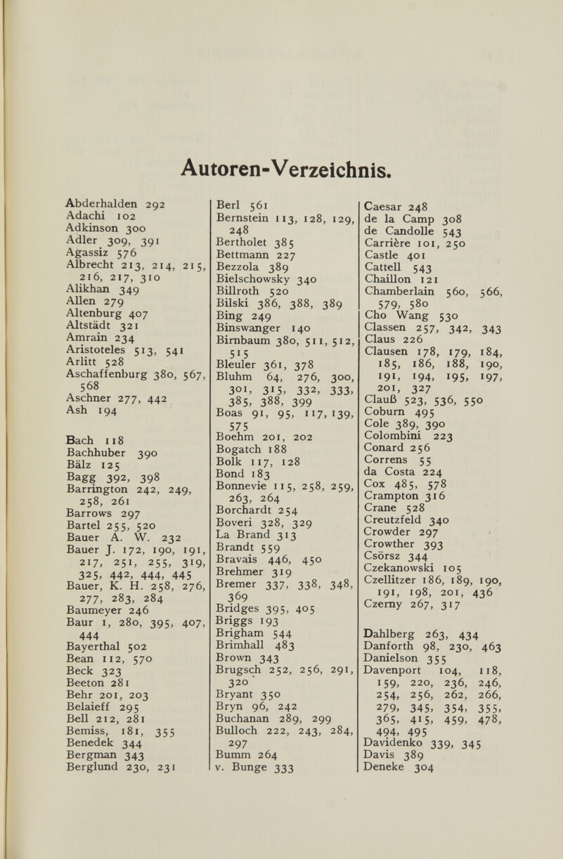 Autoren-Verzeichnis. Abderhalden 292 Adachi 102 Adkinson 300 Adler 309, 391 Agassiz 576 Albrecht 213, 214, 215, 216, 217, 310 Alikhan 349 Allen 279 Altenburg 407 Altstädt 321 Amrain 234 Aristoteles 513, 541 Arlitt 528 Aschaffenburg 380, 567, 568 Aschner 277, 442 Ash 194 Bach 118 Bachhuber 390 Bälz 12 5 Bagg 392, 398 Barrington 242, 249, 258, 261 Barrows 297 Bartel 255, 520 Bauer A. W. 232 Bauer T. 172, 190, 191, 217, 251, 255, 319, 325, 442, 444, 445 Bauer, K. H. 258, 276, 277, 283, 284 Baumeyer 246 Baur I, 280, 395, 407, 444 Bayerthal 502 Bean 112, 570 Beck 323 Beeton 281 Behr 201, 203 Belaieff 295 Bell 212, 281 Bemiss, 181, 355 Benedek 344 Bergman 343 Berglund 230, 231 Beri 561 Bernstein 113, 128, 129, 248 Bertholet 385 Bettmann 227 Bezzola 389 Bielschowsky 340 Billroth 520 Bilski 386, 388, 389 Bing 249 Binswanger 140 Birnbaum 380, 511, 512, 515 Bleuler 361, 378 Bluhm 64, 276, 300, 301, 315, 332, 333, 385, 388, 399 Boas 91, 95, 117,139. 575 Boehm 201, 202 Bogatch 188 Bolk 117, 128 Bond 183 Bonnevie 115, 258, 259, 263, 264 Borchardt 254 Boveri 328, 329 La Brand 313 Brandt 559 Bravais 446, 450 Brehmer 319 Bremer 337, 338, 348, 369 Bridges 395, 405 Briggs 193 Brigham 544 Brimhall 483 Brown 343 Brugsch 252, 256, 291, 320 ■ Bryant 350 Bryn 96, 242 Buchanan 289, 299 Bulloch 222, 243, 284, 297 Bumm 264 V. Bunge 333 Caesar 248 de la Camp 308 de CandoUe 543 Carrière loi, 250 Castle 401 Cattell 543 Chaillon 121 Chamberlain 560, 566, 579. 580 Cho Wang 530 Classen 257, 342, 343 Claus 226 Clausen 178, 179, 184, 185, 186, 188, 190, 191, 194, 195, 197, 201, 327 Clauß 523, 536, 550 Cobum 495 Cole 389, 390 Colombini 223 Conard 256 Correns 5 5 da Costa 224 Сох 485, 578 Crampton 316 Crane 528 Creutzfeld 340 Crowder 297 Crowther 393 Csörsz 344 Czekanowski 105 Czellitzer 186, 189, 190, 191, 198, 201, 436 Czerny 267, 317 Dahlberg 263, 434 Danforth 98, 230, 463 Danielson 355 Davenport 104, 118, 159, 220, 236, 246, 254, 256, 262, 266, 279, 345. 354. 355, 365, 415, 459, 478, 494, 495 Davidenko 339, 345 Davis 389 Deneke 304