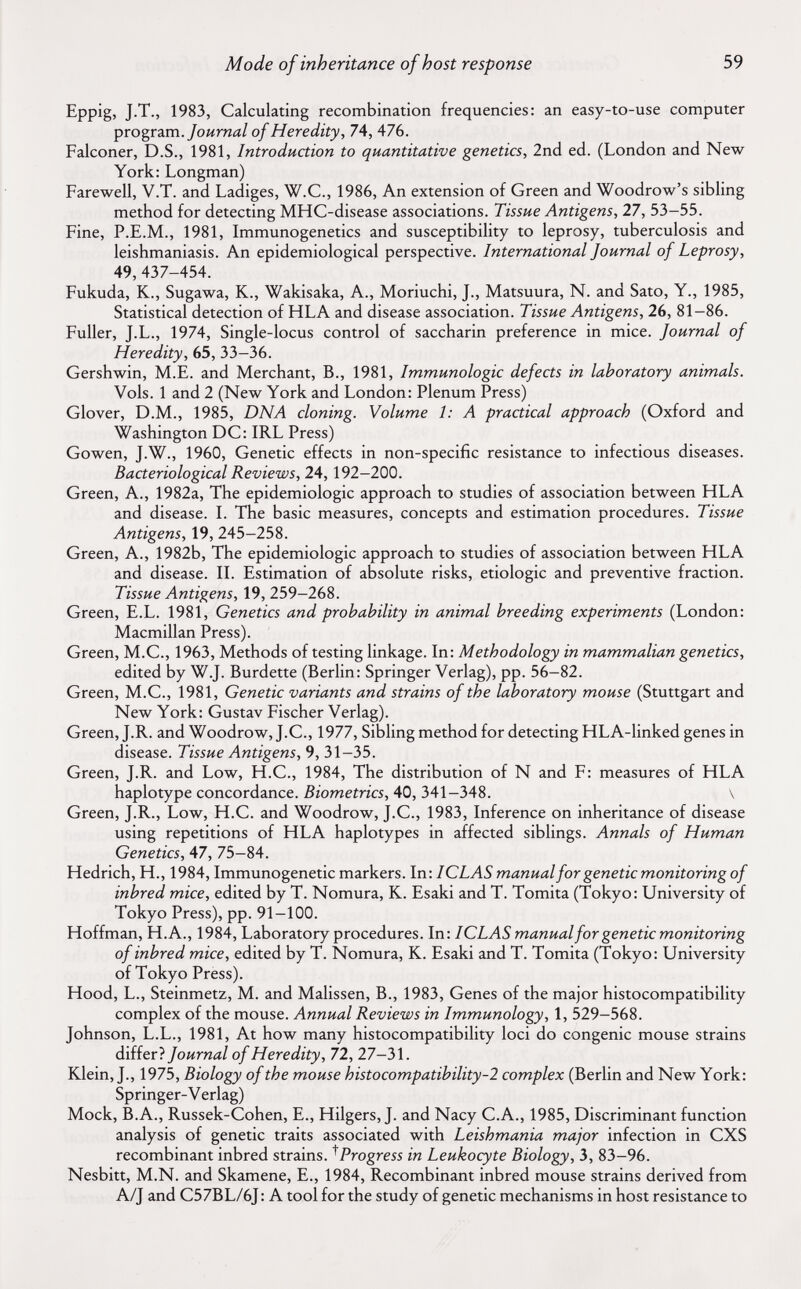 Mode of inheritance of host response 59 Eppig, J.T., 1983, Calculating recombination frequencies: an easy-to-use computer program./оигий/ of Heredity, 74, 476. Falconer, D.S., 1981, Introduction to quantitative genetics, 2nd ed. (London and New York: Longman) Farewell, V.T. and Ladiges, W.C., 1986, An extension of Green and Woodrow's sibling method for detecting MHC-disease associations. Tissue Antigens, 27, 53-55. Fine, P.E.M., 1981, Immunogenetics and susceptibility to leprosy, tuberculosis and leishmaniasis. An epidemiological perspective. International Journal of Leprosy, 49, 437-454. Fukuda, K., Sugawa, K., Wakisaka, A., Moriuchi, J., Matsuura, N. and Sato, Y., 1985, Statistical detection of HLA and disease association. Tissue Antigens, 26, 81-86. Fuller, J.L., 1974, Single-locus control of saccharin preference in mice. Journal of Heredity, 65, 33-36. Gershwin, M.E. and Merchant, В., 1981, Immunologic defects in laboratory animals. Vols. 1 and 2 (New York and London: Plenum Press) Glover, D.M., 1985, DNA cloning. Volume 1: A practical approach (Oxford and Washington DC: IRL Press) Gowen, J.W., 1960, Genetic effects in non-specific resistance to infectious diseases. Bacteriological Reviews, 24, 192-200. Green, A., 1982a, The epidemiologic approach to studies of association between HLA and disease. L The basic measures, concepts and estimation procedures. Tissue Antigens, 19, 245-258. Green, A., 1982b, The epidemiologic approach to studies of association between HLA and disease. П. Estimation of absolute risks, etiologic and preventive fraction. Tissue Antigens, \Э,2ЪЭ-2Ь?>. Green, E.L. 1981, Genetics and probability in animal breeding experiments (London: Macmillan Press). Green, M.C., 1963, Methods of testing linkage. In: Methodology in mammalian genetics, edited by W.J. Burdette (BerHn: Springer Verlag), pp. 56-82. Green, M.C., 1981, Genetic variants and strains of the laboratory mouse (Stuttgart and New York: Gustav Fischer Verlag). Green, J.R. and Woodrow, J.C., 1977, Sibling method for detecting HLA-linked genes in disease. Tissue Antigens, 9, 31-35. Green, J.R. and Low, H.C., 1984, The distribution of N and F: measures of HLA haplotype concordance. Biometrics, 40, 341-348. \ Green, J.R., Low, H.C. and Woodrow, J.C., 1983, Inference on inheritance of disease using repetitions of HLA haplotypes in affected siblings. Annals of Human Genetics, 47, 75-84. Hedrich, H., 1984, Immunogenetic markers. In: ICLAS manual for genetic monitoring of inbred mice, edited by T. Nomura, K. Esaki and T. Tomita (Tokyo: University of Tokyo Press), pp. 91-100. Hoffman, H.A., 1984, Laboratory procedures. In: ICLAS manual for genetic monitoring of inbred mice, edited by T. Nomura, K. Esaki and T. Tomita (Tokyo: University of Tokyo Press). Hood, L., Steinmetz, M. and Malissen, В., 1983, Genes of the major histocompatibility complex of the mouse. Annual Reviews in Immunology, 1, 529-568. Johnson, L.L., 1981, At how many histocompatibility loci do congenie mouse strains differ? Journal of Heredity, 72, 27-31. Klein, J., 1975, Biology of the mouse histocompatibility-! complex (Berlin and New York: Springer-V erlag) Mock, B.A., Russek-Cohen, E., Hilgers, J. and Nacy C.A., 1985, Discriminant function analysis of genetic traits associated with Leishmania major infection in CXS recombinant inbred strains. ^Progress in Leukocyte Biology, 3, 83-96. Nesbitt, M.N. and Skamene, E., 1984, Recombinant inbred mouse strains derived from A/J and C57BL/6J : A tool for the study of genetic mechanisms in host resistance to