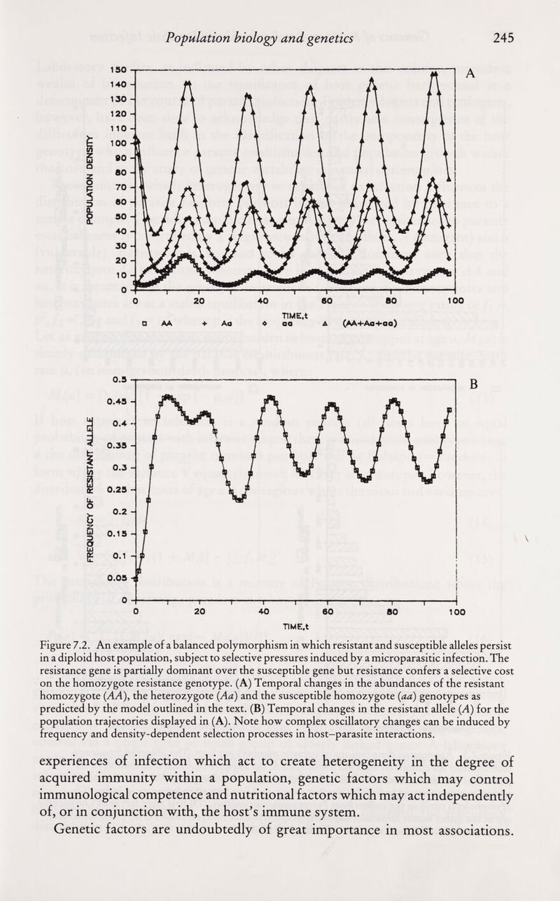 Population biology and genetics 245 100 TIME.t Figure 7.2. An example of a balanced polymorphism in which resistant and susceptible alleles persist in a diploid host population, subject to selective pressures induced by a microparasitic infection. The resistance gene is partially dominant over the susceptible gene but resistance confers a selective cost on the homozygote resistance genotype. (A) Temporal changes in the abundances of the resistant homozygote {AA), the heterozygote {Aa) and the susceptible homozygote {aa) genotypes as predicted by the model outlined in the text. (B) Temporal changes in the resistant allele (Л) for the population trajectories displayed in (A). Note how complex oscillatory changes can be induced by frequency and density-dependent selection processes in host-parasite interactions. experiences of infection which act to create heterogeneity in the degree of acquired immunity within a population, genetic factors which may control immunological competence and nutritional factors which may act independently of, or in conjunction with, the host's immune system. Genetic factors are undoubtedly of great importance in most associations.