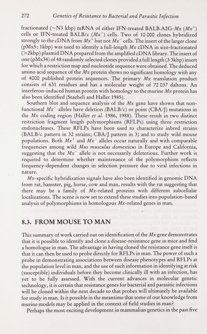 272 Genetics of Resistance to Bacterial and Parasitic Infection fractionated (~N3 kbp) mRNA of either IFN-treated BALB.A2G-Âfx {Mx^) cells or IFN-treated BALB/c {Mx~) cells. Two of 10 ООО clones hybridized strongly to the cDNA from Mx'^ but not Mx~ cells. The insert of the larger clone (pMx5; Ikbp) was used to identify a full-length Mx cDNA in size-fractionated (>2kbp) plasmid DNA prepared from the amplified cDNA library. The insert of one (pMx34) of 48 randomly selected clones provided a full length (3-3kbp) insert for which a restriction map and nucleotide sequence were obtained. The deduced amino acid sequence of the Mx protein shows no significant homology with any of 4000 published protein sequences. The primary Mx translation product consists of 631 residues and has a molecular weight of 72 037 daltons. An interferon-induced human protein with homology to the murine Mx protein has also been identified (Staeheli and Haller 1985). Southern blot and sequence analysis of the Mx gene have shown that non¬ functional Mx~ alleles have deletion (BALB/c) or point (CBA/J) mutations in the Mx coding region (Haller et al. 1986, 1988). These result in two distinct restriction fragment length polymorphisms (RFLPs) using three restriction endonucleases. These RFLPs have been used to characterize inbred strains (BALB/c pattern in 32 strains; CBA/J pattern in 3) and to study wild mouse populations. Both Mx'^ and Mx~ alleles occur naturally and with comparable frequencies among wild Mus musculus domesticus in Europe and California, suggesting that the Mx~ allele is not necessarily deleterious. Further work is required to determine whether maintenance of the polymorphism reflects frequency-dependent changes in selection pressure due to viral infections in nature. Afx-specific hybridization signals have also been identified in genomic DNA from rat, hamster, pig, horse, cow and man, results with the rat suggesting that there may be a family of Л/x-related proteins with different subcellular localizations. The scene is now set to extend these studies into population-based analysis of polymorphisms in homologous Л/x-related genes in man. 8.3. FROM MOUSE TO MAN This summary of work carried out on identification of the Mx gene demonstrates that it is possible to identify and clone a disease-resistance gene in mice and find a homologue in man. The advantage in having cloned the resistance gene itself is that it can then be used to probe directly for RFLPs in man. The power of such a probe in demonstrating associations between disease phenotypes and RFLPs at the population level in man, and the use of such information in identifying at risk (susceptible) individuals before they become clinically ill with an infection, has yet to be fully assessed. With the current advances in molecular genetic technology, it is certain that resistance genes for bacterial and parasitic infections will be cloned within the next decade so that probes will ultimately be available for study in man. Is it possible in the meantime that some of our knowledge from murine models may be applied in the context of field studies in man? Perhaps the most exciting development in mammalian genetics in the past five